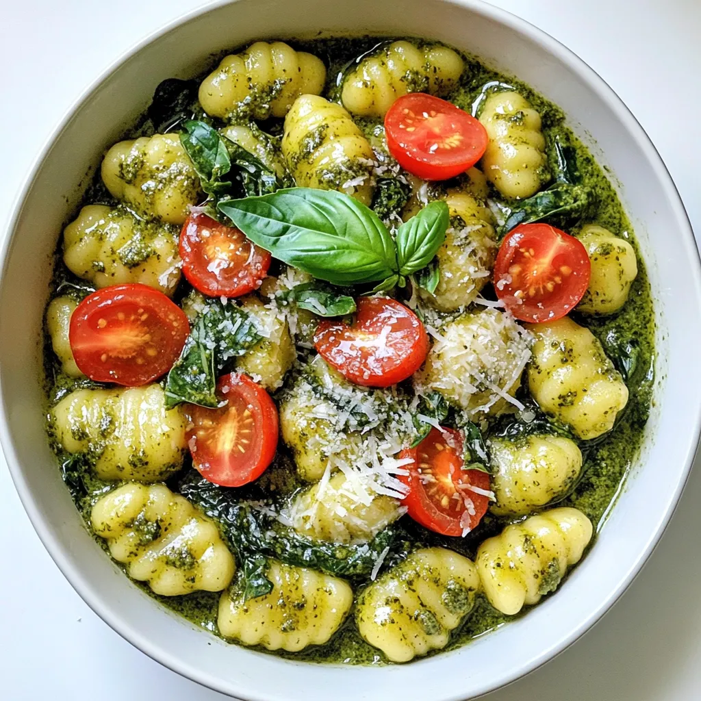 - 500g potato gnocchi (store-bought or homemade) - 1 cup heavy cream - 1/2 cup basil pesto (store-bought or homemade) - 1 cup cherry tomatoes, halved - 1 cup spinach, chopped - 1/2 cup grated Parmesan cheese - 2 tablespoons olive oil - 2 cloves garlic, minced - Salt and pepper to taste - Fresh basil leaves for garnish When I make One Pot Creamy Pesto Gnocchi, I love using fresh ingredients. The potato gnocchi is soft and fluffy. You can choose store-bought or make your own if you have time. The heavy cream gives the dish a rich feel. The basil pesto adds a burst of flavor. Cherry tomatoes bring sweetness, and spinach adds color and nutrients. Grated Parmesan cheese gives a nice salty touch. Olive oil helps cook the garlic. Fresh garlic makes the dish smell amazing. I always season with salt and pepper to taste. Lastly, fresh basil leaves help make it look nice. Gather all these ingredients before you start cooking. This will make the process smooth and fun. Trust me, having everything ready will save you time. Now, let’s get cooking! - First, heat 2 tablespoons of olive oil in a large pot over medium heat. - Next, add 2 cloves of minced garlic. Sauté it for 1-2 minutes. Watch it closely so it doesn’t burn. - Then, add 1 cup of halved cherry tomatoes. Cook them for 3-4 minutes until they soften. - Pour in 1 cup of heavy cream. This makes the dish rich and creamy. - Mix in 1/2 cup of basil pesto. Stir well to combine all the flavors. - Now, add 500g of potato gnocchi to the pot. Stir to coat the gnocchi in the creamy sauce. - Bring the mixture to a gentle simmer. Cook for about 5-6 minutes until the gnocchi are warmed through. - Stir occasionally to keep the gnocchi from sticking. - Once the gnocchi are tender, stir in 1 cup of chopped spinach and 1/2 cup of grated Parmesan cheese. - Mix until the cheese melts and the spinach wilts. To make this dish shine, be careful with the garlic. Cook it just until fragrant, about 1-2 minutes. If you cook it too long, it will taste bitter. You may also want to adjust the sauce. If it feels too thick, add a splash of water. This can help to reach the right creamy texture. For a beautiful presentation, serve the creamy pesto gnocchi in bowls. Top each bowl with fresh basil leaves and an extra sprinkle of Parmesan cheese. A drizzle of olive oil adds a nice touch too. This meal pairs well with a crisp salad or warm bread. Both bring a nice balance to the rich flavors of the gnocchi. One common issue is gnocchi sticking together. To prevent this, stir them gently as they cook. Keep them moving in the pot to avoid clumps. Another mistake is over-seasoning. Taste your dish before adding more salt or pepper. Remember, the pesto and cheese add flavor, so go easy on extra seasoning. {{image_2}} You can change up the greens in this dish. Instead of spinach, try kale or arugula. They add a nice flavor and texture. You can also switch the pesto flavor. For a twist, use sun-dried tomato pesto. This brings a rich, tangy taste to the meal. To make this dish dairy-free, replace the heavy cream with coconut cream. Nutritional yeast can stand in for Parmesan cheese. For gluten-free options, look for gluten-free gnocchi. Many brands offer great choices, ensuring everyone can enjoy this meal. Transform this creamy gnocchi into a baked dish. Just pour it into a baking dish, top with cheese, and bake until golden. You can also add protein to the dish. Chicken, shrimp, or beans work well. This makes the meal heartier and even more filling. To keep your creamy pesto gnocchi fresh, store any leftovers in airtight containers. This helps prevent the dish from drying out and keeps flavors intact. You can enjoy your gnocchi for up to three days in the fridge. When it's time to enjoy your leftovers, the best way to reheat is on the stove. Place the gnocchi in a pan over low heat. Stir often to ensure even warming. If the sauce seems thick, add a splash of cream or water. This will help keep the creaminess intact. Can you freeze this dish? Yes, but the texture may change. If you want to freeze gnocchi, do so before adding cream or spinach. When ready to eat, thaw it overnight in the fridge. Reheat gently on the stove, adding cream and spinach at this stage. This way, your dish stays creamy and tasty. If you can't find gnocchi, you can use other pasta. Here are some good options: - Farfalle: This butterfly-shaped pasta holds sauce well. - Orecchiette: These small, ear-shaped pasta pieces catch cream nicely. - Penne: A favorite for creamy sauces, penne adds a nice bite. - Fusilli: The spirals help trap the sauce and flavors. These alternatives work well and keep the meal tasty. To lighten up the creamy pesto gnocchi, try these ideas: - Swap heavy cream for half-and-half or Greek yogurt. - Use less Parmesan cheese or choose a lighter cheese. - Add more spinach or zucchini to bulk it up without calories. These changes help keep the flavor while making it healthier. Yes, homemade pesto works great! Here’s how to make and use it: 1. Blend fresh basil, garlic, nuts, and Parmesan with olive oil. 2. Adjust the garlic level to your taste. 3. Mix it in the dish just like store-bought pesto. Homemade pesto adds a fresh touch that you will love! In this blog post, we explored how to make creamy pesto gnocchi. We covered key ingredients, step-by-step instructions, and tips for perfecting the dish. You learned about substitutions, variations, and best storage methods. Remember, cooking is about experimenting. Don't hesitate to try new flavors and ingredients. This dish is simple yet delicious, so enjoy every bite. Make it your own and share it with loved ones!