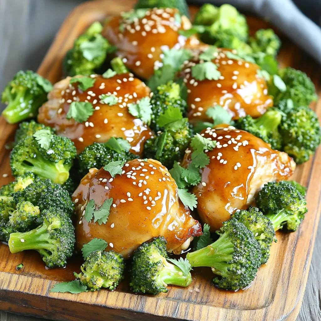 - 1 lb boneless, skinless chicken thighs - 2 cups broccoli florets - 1/3 cup honey - 3 tablespoons soy sauce - 2 cloves garlic, minced - 1 tablespoon olive oil - 1 teaspoon fresh ginger, grated The main ingredients are key to this dish. I love chicken thighs because they stay juicy and tender. Broccoli adds a nice crunch and color. Honey gives a sweet touch while soy sauce brings umami. Garlic and ginger add depth and flavor. - Salt and pepper - 1 teaspoon sesame seeds (for garnish) - Fresh cilantro, chopped (for garnish) Seasoning is simple but important. Salt and pepper enhance all the flavors. Sesame seeds add a nutty crunch on top. Fresh cilantro gives a bright finish, making the dish pop. Each ingredient plays a role in creating a balanced and tasty meal. - Preheat oven to 425°F (220°C). - Line a baking sheet with parchment paper. This makes cleanup easy. - In a bowl, add honey, soy sauce, minced garlic, olive oil, and grated ginger. - Whisk until the mixture is well combined and smooth. - Place chicken thighs on one half of the baking sheet. - Season the chicken with salt and pepper. - Pour half of the honey garlic sauce over the chicken. Make sure they are well coated. - On the other half, add broccoli florets. - Drizzle the remaining sauce over the broccoli and toss to coat. - Bake chicken and broccoli for 20-25 minutes. - Check the chicken for doneness. It should reach an internal temperature of 165°F (74°C). The broccoli should be tender and slightly crisp. To get great chicken, aim for an internal temperature of 165°F (74°C). Use a meat thermometer to check. This ensures the chicken cooks fully and stays safe to eat. To avoid dry chicken, choose boneless, skinless thighs instead of breasts. Thighs have fat that keeps them moist. Marinating the chicken in the honey garlic mix for at least 30 minutes helps too. If you’re short on time, even a quick coat before baking will add flavor. For the best broccoli, look for bright green florets. Cut them into bite-sized pieces to cook evenly. To achieve the right texture, roast until they are tender but still crisp. This usually takes about 20-25 minutes. Drizzling the broccoli with the honey garlic sauce adds flavor. Toss them well so every piece gets coated. You can also sprinkle some lemon juice before serving for a fresh kick. When serving, arrange the chicken and broccoli on a large platter. This makes for a beautiful display. Drizzle any leftover sauce from the pan over the top. Garnish with sesame seeds and chopped cilantro for color. For sides, think about serving rice or quinoa. These pair well and soak up the extra sauce perfectly. A simple salad on the side can add freshness and balance to the meal. {{image_2}} You can swap out chicken thighs for chicken breast. Chicken breast is leaner and still tasty. If you want a plant-based option, try using tofu. Just press the tofu to remove extra water. Cut it into cubes and marinate as you would the chicken. The flavors will stick well! Broccoli is great, but you can use other veggies too. Carrots, bell peppers, or snap peas add nice colors. They also bring different flavors and textures. Just ensure they cook well with the chicken. You can cut them into similar sizes for even cooking. Want to change the taste? You can adjust the sweetness by using less honey. If you like heat, add some red pepper flakes or sriracha. This adds a kick to your dish. You can also try adding lime juice for a zesty twist! To keep your leftover honey garlic chicken and broccoli fresh, use airtight containers. Glass or plastic containers are great options. This dish will last in the fridge for up to four days. Make sure to cool it to room temperature before sealing. If you want to enjoy it later, refrigerating is a smart choice. If you want to save some for later, freezing is easy. First, let the chicken and broccoli cool completely. Then, place them in freezer-safe bags or containers. Squeeze out as much air as you can to prevent freezer burn. This meal will stay good in the freezer for up to three months. When you’re ready to eat, thaw it overnight in the fridge. To reheat, place it in the oven at 350°F (175°C) for about 15-20 minutes or until heated through. You can also use the microwave, but make sure to stir halfway for even heating. Enjoy your meal! Yes, you can use different chicken parts. Chicken breasts work well, too. Thighs add more flavor and stay juicy. You can also use drumsticks for a fun twist. Each part will change the cooking time slightly. Make sure to check the internal temperature for safety. To make this dish gluten-free, substitute the soy sauce. You can use tamari sauce, which is soy-free and gluten-free. Coconut aminos are another great choice. Both options give a similar taste without gluten. This dish pairs well with many sides. Steamed rice makes a great base. Quinoa adds a nice texture, too. You can also serve it with a fresh salad. Consider a simple cucumber salad or roasted sweet potatoes for extra flavor. This recipe combines tasty chicken thighs and broccoli with a sweet honey garlic sauce. You learned how to prepare, bake, and serve this dish. I shared tips for perfect chicken and broccoli texture. You can also try different proteins and vegetables for variety. Lastly, I highlighted storage options to keep your leftovers fresh. Cook this meal for a quick, delicious dinner you will enjoy. Keep experimenting until you find your favorite flavors!