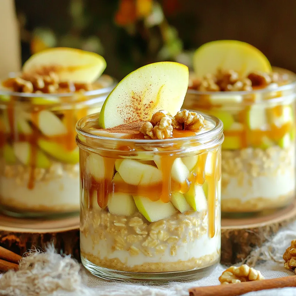 To make this tasty dish, you need some basic items. Here’s what you will need: - 1 cup rolled oats - 1 ½ cups milk of choice (dairy or non-dairy) - 1 apple, diced (Granny Smith or Fuji works well) - 2 tablespoons caramel sauce (store-bought or homemade) - 1 tablespoon chia seeds - ½ teaspoon cinnamon - 1 teaspoon vanilla extract - Pinch of salt These ingredients work together to create a sweet and creamy mix. The oats soak in the milk and caramel sauce, making every bite delicious. You can make your overnight oats even better with a few extra touches. Here are some optional ingredients: - 1 tablespoon brown sugar (for added sweetness) - Chopped nuts (walnuts or pecans) for topping - Extra caramel sauce for drizzling Adding brown sugar gives a richer sweetness, while nuts add a nice crunch. A drizzle of caramel on top makes it look pretty and taste even better! Each ingredient has its benefits. Here’s a quick look at some key items: - Rolled oats: Great for fiber and keeps you full. - Chia seeds: Packed with omega-3 fatty acids and protein. - Apples: Full of vitamins and good for digestion. - Milk: Provides calcium and can be dairy-free for those who prefer. Understanding these benefits helps you make healthy choices while enjoying a tasty meal. Making caramel apple overnight oats is easy. You will need a few bowls and jars. Gather all your ingredients before you start. This keeps everything neat and quick. 1. Mix Dry Ingredients: In a medium bowl, combine 1 cup of rolled oats, 1 tablespoon of chia seeds, ½ teaspoon of cinnamon, and a pinch of salt. Stir until mixed. 2. Whisk Wet Ingredients: In another bowl, whisk together 1 ½ cups of milk, 1 teaspoon of vanilla extract, 2 tablespoons of caramel sauce, and 1 tablespoon of brown sugar until smooth. 3. Combine Mixtures: Pour the caramel milk mixture over the oat mixture. Stir gently until all oats are coated. 4. Add Apples: Fold in 1 diced apple, making sure it is mixed well. 5. Transfer and Seal: Move the mixture to jars or a container. Seal them tightly. 6. Refrigerate: Place the jars in the fridge overnight, or for at least 4 hours. This helps the oats soften. 7. Serve: When ready, stir the oats. If they are too thick, add a splash of milk. 8. Top and Enjoy: Add chopped nuts and an extra drizzle of caramel sauce before eating. - Use rolled oats for the best texture. Quick oats can become mushy. - Let the oats soak long enough. Overnight soaking is best. - Adjust the liquid to your liking. Add more milk if you want a creamier texture. - Stir the oats before serving. This helps mix all flavors together. Store your caramel apple overnight oats in clean jars. Glass jars work best for this. They keep the oats fresh and allow you to see the layers. Seal them tightly to keep out air and moisture. You can stack jars in the fridge to save space. Enjoy them within three days for the best taste. You can change the sweetness by adding more or less caramel sauce. If you want it sweeter, add a bit of brown sugar. You can also try maple syrup for a different flavor. For some spice, add more cinnamon or even nutmeg. Personalize it to fit your taste buds! One common mistake is not mixing the oats and liquids well. Make sure every oat gets coated in the caramel milk. Another mistake is skipping the refrigerating step. This soaking time is key for soft oats. Lastly, don’t forget the toppings! They add great texture and flavor. {{image_2}} You can easily make this recipe dairy-free or vegan. Use almond milk, oat milk, or soy milk in place of regular milk. These options still give you a creamy texture. For caramel sauce, choose a vegan brand or make your own using coconut cream and maple syrup. This way, you can enjoy the sweet flavor without dairy. Want to switch things up? Add a pinch of nutmeg for warmth or a dash of ginger for a kick. You can also try using different fruits like bananas or berries. They will add a new twist to your oats. Mix and match flavors to find your favorite combo. The options are endless! For crunch, sprinkle some chopped nuts on top. Walnuts and pecans work great, but you can also use almonds or hazelnuts. If you want something sweeter, try granola or toasted coconut flakes. These toppings will add texture and flavor, making your oats even more enjoyable. Play around with different toppings to keep things exciting! To keep your caramel apple overnight oats fresh, store them in airtight containers. Glass jars work great and let you see the yummy layers inside. Make sure to seal them tightly to avoid spills and keep out air. Refrigerate the oats for up to five days. This lets the flavors blend well. Each morning, grab a jar when you're in a hurry. If the oats seem thick, just stir in a splash of milk to loosen them up. If you want to save some for later, freezing is a smart option. Fill jars but leave some space at the top. Oats expand when frozen. When you want to eat them, transfer a jar to the fridge and let it thaw overnight. Enjoy your oats cold or warm them up in the microwave! Yes, you can use quick oats. They will soak up the milk faster. However, they may become mushy. I recommend rolled oats for a chewier texture. Rolled oats give a nice bite and hold up well overnight. These oats last up to five days in the fridge. Keep them in an airtight jar or container. The flavors blend well over time, making them even tastier. Absolutely! This recipe is perfect for meal prep. Make a big batch on Sunday. You can enjoy them for breakfast all week long. Just store them in separate jars for easy grab-and-go meals. You can add many healthy toppings. Chopped nuts like walnuts or pecans add crunch. Fresh fruit like banana or berries adds sweetness. A sprinkle of seeds or a drizzle of yogurt can boost nutrition too. Caramel apple overnight oats are easy, tasty, and fun to make. We've covered the key ingredients, step-by-step prep, and fun variations. You can mix flavors and store them well for future meals. Remember, avoid common mistakes for the best results. Try different toppings or enhance with spices for a unique twist. Enjoy your healthy breakfast that keeps you full and satisfied. Experiment and make this recipe your own!