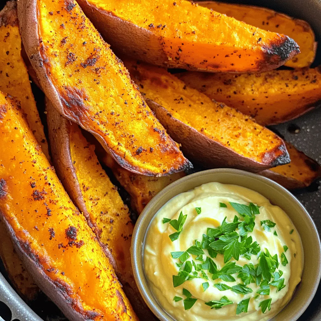 - 2 large sweet potatoes, cut into wedges - 2 tablespoons olive oil - 1 teaspoon paprika - 1/2 teaspoon garlic powder - 1/2 teaspoon smoked sea salt - 1/2 teaspoon black pepper - Fresh parsley, chopped (for garnish) - 1/2 cup mayonnaise - 2 cloves garlic, minced - 1 tablespoon lemon juice - 1/2 teaspoon Dijon mustard - Salt and pepper to taste Feel free to play around with seasonings. You can add cayenne for heat. A sprinkle of cumin adds a warm flavor. For garnishes, fresh chives work well too. You can also try adding a squeeze of lime for a zesty twist. Start by peeling the sweet potatoes if you want. Then, cut each potato into wedges. Aim for wedges that are about the same size. This will help them cook evenly. If you want thicker wedges, you can do that too, but they may need extra cooking time. Take a large bowl and add your sweet potato wedges. Pour in two tablespoons of olive oil. Then, sprinkle one teaspoon of paprika, half a teaspoon of garlic powder, half a teaspoon of smoked sea salt, and half a teaspoon of black pepper over the wedges. Toss everything together until the wedges are well coated. This mix adds great flavor. Before cooking, preheat your air fryer to 400°F (200°C). This takes about five minutes. Once ready, place the seasoned wedges in the air fryer basket. Make sure to spread them out in a single layer. If your air fryer is small, cook them in batches. Cook for 15 to 18 minutes. Shake the basket halfway through. You want them to turn golden brown and crispy. While the wedges are cooking, let’s make the garlic aioli. Grab a small bowl and mix together half a cup of mayonnaise, two minced garlic cloves, one tablespoon of lemon juice, and half a teaspoon of Dijon mustard. Add a pinch of salt and pepper to taste. Stir everything until it is well mixed. This aioli is creamy and zesty, perfect for dipping. To get those sweet potato wedges extra crispy, follow these tips: - Soak the wedges: Soak them in cold water for 30 minutes. This step removes excess starch. - Dry thoroughly: After soaking, dry the wedges well with a towel. Moisture prevents crispiness. - Don’t overcrowd: Cook in batches if needed. Give each wedge space for hot air to flow. - Shake the basket: Shake it halfway through cooking. This helps all sides get crispy. Cutting your sweet potatoes the right way is key. Here’s how to do it: - Use a sharp knife: A sharp knife makes clean cuts and keeps your fingers safe. - Aim for uniform size: Try to cut each wedge about ½ inch thick. This helps them cook evenly. - Cut at an angle: Angle your knife slightly for wider wedges. This gives more surface area for crisping. You can mix things up with these flavor tips: - Add herbs: Fresh rosemary or thyme adds a nice touch. - Spice it up: Try adding cayenne pepper for heat or cinnamon for sweetness. - Cheesy option: Sprinkle some grated Parmesan cheese before cooking for a savory twist. - Try different oils: Swap olive oil for coconut oil for a unique flavor. These simple tricks will help you create the best air fryer sweet potato wedges! Enjoy the process and get creative in the kitchen! {{image_2}} You can switch up the flavors with different spices. Try these options: - Cinnamon and brown sugar for a sweet twist. - Chili powder and cumin for a smoky kick. - Italian herbs like oregano and basil for fresh taste. Experiment with your favorite spices. This keeps the dish fun and tasty. Garlic aioli is great, but there are many more choices. Here are some ideas: - Honey mustard: Sweet and tangy, it pairs well. - Ranch dressing: A creamy classic that everyone loves. - Sriracha mayo: For those who enjoy spice, this adds heat. Choose a sauce that matches your mood or meal. It makes each bite special. For a spicy kick, make a spicy aioli. Mix these ingredients: - 1/2 cup mayonnaise - 2 cloves garlic, minced - 1 tablespoon lemon juice - 1/2 teaspoon Dijon mustard - 1 tablespoon sriracha (or more to taste) - Salt and pepper to taste This spicy aioli adds heat to your wedges. It’s perfect if you want some zing. Adjust the sriracha to make it milder or hotter. Enjoy the bold flavors! To keep leftover sweet potato wedges fresh, place them in an airtight container. Store them in the fridge for up to three days. Make sure they cool completely before sealing them. This helps prevent sogginess. When ready to eat, reheat the wedges in the air fryer. Set the air fryer to 350°F (175°C) for about 5-7 minutes. This method helps restore their crispiness. You can also use an oven, but an air fryer works best for that crunch. You can prepare the garlic aioli a day in advance. Store it in a sealed container in the fridge. This allows the flavors to blend and become more intense. Just give it a good stir before serving. Yes, you can use other potatoes like regular russets or Yukon golds. They will taste great, but sweet potatoes add a natural sweetness. Cutting them into wedges helps them cook evenly, just like sweet potatoes. To stop wedges from sticking, coat them well with olive oil. Toss them in a bowl before cooking. You can also use parchment paper or a non-stick spray in the air fryer basket. This gives you crispy wedges that won’t stick. Making homemade mayonnaise is easy! You need: - 1 egg (room temperature) - 1 tablespoon Dijon mustard - 1 tablespoon lemon juice - 1 cup oil (like canola or olive) - Salt to taste 1. Place the egg, mustard, and lemon juice in a bowl. 2. Blend with a hand mixer while slowly adding oil. 3. Stop when it thickens. Adjust salt to taste. Yes, you can prepare sweet potato wedges in advance. Cut and season them, then store in an airtight container in the fridge. Use them within 24 hours for the best taste. When you’re ready, cook them in the air fryer for a quick and tasty snack! You learned how to make tasty sweet potato wedges with garlic aioli. We covered the ingredients, step-by-step cooking, and tips for best results. I shared seasoning ideas and ways to enhance flavor. You can even store leftovers and reheat them for crispiness. Sweet potatoes are versatile, too. They can be swapped for other potatoes. With these tips, you can enjoy a delicious snack anytime!