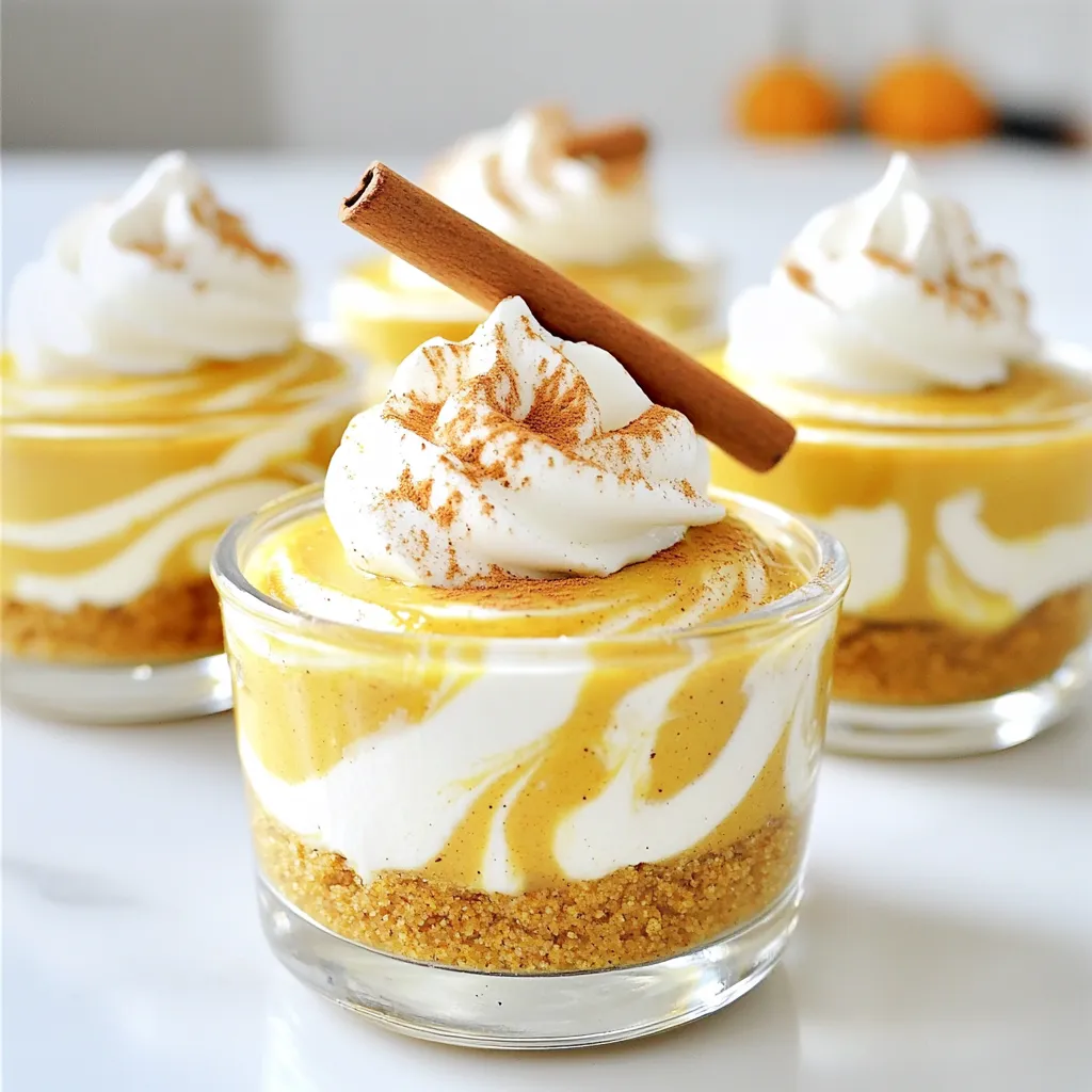 - 1 cup graham cracker crumbs - 4 tablespoons unsalted butter, melted - 2 cups cream cheese, softened - ½ cup powdered sugar - 1 cup pumpkin puree - 1 teaspoon vanilla extract - 1 teaspoon pumpkin pie spice - 1 cup whipped cream (plus extra for topping) - Alternatives for Graham Cracker Crust: You can use crushed cookies like Oreos or digestive biscuits. These options add unique flavors and textures to your dessert. - Dairy-Free Options for Cream Cheese: Look for brands that offer dairy-free cream cheese. Cashew cream is another great choice for a rich taste. - Sweetener Alternatives: You can swap powdered sugar for honey or maple syrup. Adjust the amounts as needed for the right sweetness. These ingredients provide a great balance of flavors in your no-bake pumpkin cheesecake cups. The graham cracker crumbs give a nice crunch, while the cream cheese and pumpkin create a smooth, creamy filling. Don't hesitate to mix and match ingredients based on your preferences! - Mixing and Pressing the Graham Cracker Mixture Start by mixing the graham cracker crumbs and melted butter in a bowl. Use a fork or spoon to blend them well. This mixture should look like wet sand. Next, grab your serving cups or small jars. Press the crumb mixture firmly into the bottom of each cup. Aim for a nice, even layer that feels sturdy. - Tips for Even Crust Distribution To get an even crust, use the back of a measuring cup. This helps pack the crumbs down tightly. You can also use your fingers, but be sure to keep the layer smooth. If you want the crust to be thicker, just add a bit more crumb mixture. - Beating Cream Cheese to the Right Consistency In a large bowl, add the softened cream cheese. Use an electric mixer to beat it until it is smooth and creamy. This step is key. If the cream cheese is too cold, it won't mix well. Make sure it is at room temperature for the best results. - Incorporating Pumpkin and Spices Gradually add the powdered sugar to the cream cheese. Mix it until well combined. Now, add the pumpkin puree, vanilla extract, and pumpkin pie spice to the bowl. Mix everything until it is smooth and creamy. You want a thick, rich mixture that smells like fall. - Filling the Cups with Pumpkin Cheesecake Take the pumpkin cheesecake filling and spoon or pipe it into each cup. Make sure to fill them up to the top. This gives a nice layered look with the crust below. You can use a piping bag for a neat finish, or just a spoon works fine. - Recommended Chilling Time Once filled, cover the cups with plastic wrap. Place them in the refrigerator for at least two hours. This chilling time allows the flavors to meld and the cheesecake to set. For the best taste, let them chill longer if you can. 1. Overmixing the Cheesecake Mixture: Mix the cream cheese just until smooth. Overmixing adds too much air and can make the texture grainy. Keep it simple and blend well, but don’t go overboard. 2. Not Chilling Long Enough: Patience is key here. Let your cheesecake cups chill for at least 2 hours. This step helps set the filling and melds the flavors. If you serve them too soon, they may not hold their shape. 1. Creative Garnishes for Serving: Make your cheesecake cups pop! Top with a dollop of whipped cream. Add a sprinkle of chopped pecans or a small cinnamon stick for a nice touch. These simple additions make the dessert look fancy. 2. Serving Suggestions for Events: These cups are great for parties. Serve them in clear jars for a beautiful view of the layers. You can also set them on a tray with a few festive decorations. They will catch everyone’s eye and make a sweet statement. {{image_2}} Adding Maple Syrup You can make these cups even sweeter by adding maple syrup. Just mix in 2 to 4 tablespoons of maple syrup with the cream cheese and pumpkin. This gives a rich, warm flavor that pairs well with pumpkin. It also adds a touch of fall that many love. Chocolate Pumpkin Cheesecake Cups For a fun twist, try chocolate pumpkin cheesecake cups. To do this, add ½ cup of melted chocolate to the pumpkin filling. You can use dark, milk, or white chocolate based on your taste. This change will create a delightful blend of chocolate and pumpkin, giving you a unique dessert. Gluten-Free Options If you need a gluten-free option, simply switch the graham crackers for gluten-free cookies or crumbs. There are many gluten-free graham crackers available now. Just make sure to check the label. This way, you can enjoy the same great taste without the gluten. Vegan No-Bake Pumpkin Cheesecake Cups To make these cups vegan, use dairy-free cream cheese. You can also replace powdered sugar with coconut sugar or agave syrup. Additionally, use coconut whipped cream instead of regular whipped cream. This keeps the creamy texture while making it plant-based. To keep your no-bake pumpkin cheesecake cups fresh, follow these simple steps: - Refrigeration Guidelines: Store the cups in the fridge. Use an airtight container or cover them tightly with plastic wrap. This keeps them fresh and prevents them from drying out. They need to be chilled for at least two hours after you make them. - Freezing the Cheesecake Cups: You can freeze these cups if you want to keep them longer. Place them in a freezer-safe container. They will last for up to two months. Just remember to thaw them in the fridge before serving. - How Long They Last in the Fridge: These delicious cups last for about 5 days in the fridge. After that, the flavors may not be as fresh. - Signs of Spoilage: Check for signs of spoilage before eating. If you see mold or if the texture changes, it’s best to throw them away. Also, if they smell bad, do not eat them. Always trust your senses! Yes, you can make these no-bake pumpkin cheesecake cups ahead of time. To do this, follow these best practices: - Prepare the crust: Make the graham cracker crust and press it into the cups. - Mix the filling: Whip up the cheesecake filling as usual. - Layer together: Spoon the filling over the crusts. - Chill: Cover and refrigerate for at least two hours. - Serve later: You can keep these in the fridge for up to three days. Making these cups a day or two ahead saves time and helps the flavors meld together. If you don't have pumpkin puree, there are good alternatives. Here are some options: - Sweet potato puree: This gives a similar flavor and texture. - Butternut squash puree: It offers a sweeter taste and smooth texture. - Applesauce: This can work, but it will change the flavor a bit. When using alternatives, keep the same amount as the recipe calls for. Yes, you can explore different cheeses for this recipe. Here are some options: - Mascarpone: This cheese adds a rich and creamy texture. - Ricotta: It gives a lighter filling but may need more sugar. - Greek yogurt: This option makes the dessert tangy and lower in fat. Mixing different cheeses can add unique flavors and textures. Just keep the ratios similar for the best results. This blog covered how to make pumpkin cheesecake cups, from ingredients to storage. You learned about key ingredients like graham cracker crumbs and cream cheese, plus alternatives for dietary needs. I shared simple steps for preparing, assembling, and chilling your dessert. Remember to avoid common mistakes for a great result. With a few tips and variations, you can impress at any event. Enjoy making this treat, and share it with friends and family. Your pumpkin cheesecake cups are sure to be a hit!