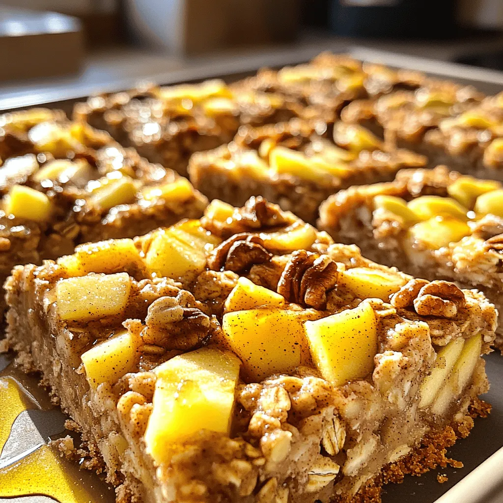 - 2 cups rolled oats - 1 cup unsweetened applesauce - 1 large apple, peeled and diced - 1/4 cup honey or maple syrup - 1/4 cup almond milk - 1 teaspoon ground cinnamon These primary ingredients create a wholesome base for your Apple Cinnamon Oatmeal Bars. Rolled oats give the bars great texture and heartiness. Unsweetened applesauce adds natural sweetness and moisture. Diced apple brings fresh flavor and a nice crunch. Honey or maple syrup sweetens the mix, while almond milk keeps it moist. Finally, ground cinnamon infuses warm, comforting notes. - 1/2 cup chopped walnuts - 1/2 cup chopped pecans Adding chopped walnuts or pecans gives a delightful crunch. These optional nuts also boost the healthy fats and protein in your bars. Choose one or both based on your taste. Nuts make the bars more filling too. - 8x8-inch baking pan - Parchment paper - Mixing bowls For this recipe, you'll need an 8x8-inch baking pan. Parchment paper helps with easy removal after baking. Mixing bowls are essential for combining your dry and wet ingredients. Make sure you have all your tools ready for a smooth baking process. 1. Preheat your oven to 350°F (175°C). Line an 8x8-inch baking pan with parchment paper. This helps with easy removal. 2. In a large mixing bowl, combine 2 cups of rolled oats, 1 teaspoon of ground cinnamon, 1/2 teaspoon of baking powder, and 1/4 teaspoon of salt. Mix these dry ingredients well. 3. In another bowl, whisk together 1 cup of unsweetened applesauce, 1/4 cup of honey or maple syrup, 1/4 cup of almond milk, and 1 teaspoon of vanilla extract until smooth. 4. Pour the wet mixture into the bowl with the dry ingredients. Stir until fully combined. 5. Gently fold in 1 peeled and diced apple, along with 1/2 cup of chopped walnuts or pecans if you like. 6. Spread the mixture evenly in the prepared baking pan. Press it down firmly with a spatula. 7. Bake for 25 to 30 minutes. The edges should turn golden brown, and the top should be set. 8. Let the bars cool in the pan for about 10 minutes. Lift them out using the parchment paper and cool completely on a wire rack. 9. Once cooled, cut into squares or bars and serve. Enjoy your tasty and nourishing snack! To make the perfect apple cinnamon oatmeal bars, you must press the mixture firmly into the pan. This step ensures that the bars hold together well. If you don’t press it down, they might crumble when cut. Bake the bars for 25 to 30 minutes. Keep an eye on them. You want the edges to turn golden brown and the top should look set. To boost the flavor, you can add more spices. Try an extra dash of cinnamon or a sprinkle of nutmeg. Vanilla extract also adds a nice touch. For toppings, consider adding chocolate chips or shredded coconut. These can make your bars even more delightful. If you want to cut back on sugar, use different sweeteners. You can swap honey for agave syrup or use stevia for a low-calorie option. For a gluten-free version, replace rolled oats with certified gluten-free oats. This way, everyone can enjoy these tasty bars without worry. {{image_2}} You can change the taste of your Apple Cinnamon Oatmeal Bars easily. Try adding dried fruits like cranberries or raisins. These fruits add sweetness and chewiness. You can also mix in nut butter, like peanut or almond butter. This gives the bars a nutty flavor and makes them creamier. If you want a vegan version, replace honey with maple syrup. Use plant-based milk for extra flavor. For a nut-free option, skip the nuts. You can substitute seeds like pumpkin or sunflower seeds instead. This keeps the bars crunchy and tasty without nuts. Change your fruit based on the season. In summer, add fresh peaches or berries. In fall, try pears or figs. You can also add seasonal spices, like nutmeg or ginger. This makes your bars feel fresh and new each time you bake them. To keep your apple cinnamon oatmeal bars fresh, store them in an airtight container. A good pantry is perfect for this. If they last more than a few days, you might want to refrigerate them. This helps keep them moist. Just make sure to wrap them tightly to avoid any drying out. To freeze your bars, cut them into squares first. Place them in a single layer on a baking sheet. Once they are frozen solid, transfer them to a freezer bag. This way, you can grab one whenever you want a quick snack. When ready to eat, simply thaw them in the fridge overnight. You can also warm them in the microwave for a few seconds. These bars will stay fresh for about a week in the pantry. If you store them in the fridge, they can last for up to two weeks. When frozen, they can last for about three months. Always check for any signs of spoilage before eating. Yes, you can substitute rolled oats. You can use steel-cut oats or instant oats. Steel-cut oats give a chewier texture. Instant oats can make the bars softer. If you use instant oats, reduce the liquid slightly. You can make the bars sweeter by adding more honey or maple syrup. Try adding 1-2 tablespoons more. You can also mix in brown sugar or coconut sugar. For a natural touch, add mashed banana or dates. Yes, you can use quick oats in this recipe. Quick oats cook faster and can make the bars softer. If you prefer a chewy texture, stick with rolled oats. Quick oats may change the final texture slightly. In this post, I walked you through the easy steps to make tasty oat bars. We covered the main ingredients like rolled oats and applesauce, plus tips on baking and storage. Remember to press the mixture well for the right texture. Feel free to add your own flavors or nuts. These bars are perfect for healthy snacks or desserts. Enjoy making them, and share your creations with others!