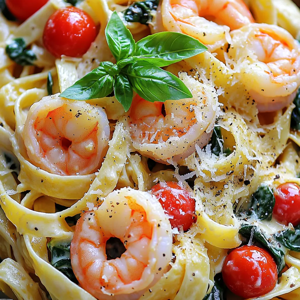 To make this dish, you need: - 8 oz fettuccine pasta - 1 lb large shrimp, peeled and deveined - 2 tablespoons olive oil - 4 cloves garlic, minced - 1 cup cherry tomatoes, halved - 1 cup fresh spinach, chopped - 1 cup heavy cream - ½ cup grated Parmesan cheese - 1 teaspoon Italian seasoning - Salt and pepper to taste - Fresh basil for garnish These ingredients work together to create a rich and creamy sauce. The shrimp adds a nice protein punch, while the spinach and tomatoes bring freshness. You can customize your dish with these options: - Lemon juice for brightness - Red pepper flakes for heat - Mushrooms for an earthy flavor - Different cheese like mozzarella or feta Feel free to mix and match based on your tastes. Adding these ingredients can change the flavor profile and make it your own. Having the right tools makes cooking easier. Here are the essential tools: - Large pot for boiling pasta - Large skillet for sautéing shrimp and making sauce - Colander for draining pasta - Mixing spoon for combining ingredients - Measuring cups and spoons for accuracy With these tools, you can prepare your meal with ease and precision. They help ensure every step goes smoothly, leading to a delicious dinner. Start by bringing a large pot of salted water to a boil. Add the fettuccine and cook it until al dente, about eight to ten minutes. Stir the pasta occasionally to prevent sticking. Once it's done, drain the pasta in a colander. Save a little pasta water for later; it helps with the sauce. In a large skillet, heat two tablespoons of olive oil over medium heat. Add the peeled and deveined shrimp to the pan. Season them with salt and pepper to taste. Cook the shrimp for about two to three minutes on each side. They should turn pink and opaque. Once cooked, remove the shrimp from the skillet and set them aside. In the same skillet, add four minced garlic cloves. Sauté the garlic for about thirty seconds until it smells great. Be careful not to burn it! Next, add one cup of halved cherry tomatoes. Cook them for two to three minutes until they soften a bit. Then stir in one cup of chopped spinach and cook until it wilts. Lower the heat and pour in one cup of heavy cream. Stir it gently to mix with the veggies. Gradually add half a cup of grated Parmesan cheese. Add one teaspoon of Italian seasoning too. Keep stirring until the cheese melts and the sauce becomes creamy. Now it’s time to bring it all together! Add the cooked shrimp back to the skillet. Then, toss in the drained fettuccine. Mix everything well. If the sauce is too thick, add a splash of the reserved pasta water. Taste and adjust the seasoning with more salt and pepper if needed. Use a large spoon to plate the creamy pasta into bowls. Garnish each bowl with fresh basil for color and flavor. Enjoy your delightful dinner! To cook shrimp well, start with large shrimp. Rinse them in cold water and pat dry. This helps them sear nicely. Heat olive oil in your skillet over medium heat. When it's hot, add the shrimp. Cook them for 2 to 3 minutes on each side. They should turn pink and opaque. Don't overcrowd the pan; this helps them cook evenly. If needed, cook in batches. Once done, set the shrimp aside. This keeps them juicy for later. The sauce for your pasta should be creamy but not too thick. If it seems too thick, add a splash of the reserved pasta water. This helps loosen it up while keeping the flavor. Stir the sauce well to combine. If you want it thicker, let it simmer for a short time. Just watch it closely. You want a smooth and rich sauce that clings to the pasta. To boost the flavor, use fresh herbs. Fresh basil adds a nice touch. You can also try fresh parsley. For a little kick, add red pepper flakes. Don’t forget the salt and pepper. Season the shrimp while cooking, and taste the sauce before serving. This helps you find the right balance. You can always adjust flavors to match your taste. {{image_2}} You can swap fettuccine for other pasta types. Penne, spaghetti, or linguine work great. Each pasta brings a different texture and taste. If you prefer whole wheat or gluten-free pasta, those are great options too. Just remember to cook them according to package directions. This way, your dish stays tasty and fresh. To make this dish dairy-free, use coconut cream instead of heavy cream. Almond milk can also work, but it may change the flavor slightly. For cheese, try nutritional yeast or a dairy-free parmesan. If you want it gluten-free, choose a gluten-free pasta. Many brands offer great gluten-free options that taste delicious. Feel free to jazz up your pasta by adding more veggies. Zucchini, bell peppers, or mushrooms are tasty choices. You can also toss in some peas or asparagus for color and nutrition. If you want extra protein, consider adding chicken or scallops. Just cook them the same way as the shrimp. This will make your meal even heartier and more satisfying. To keep your creamy Tuscan garlic shrimp pasta fresh, store it in an airtight container. Make sure to let it cool to room temperature before sealing. This helps prevent sogginess. You can keep it in the fridge for up to three days. If you need to store it longer, consider freezing it. When you're ready to enjoy the pasta again, reheat it gently. Use a skillet on low heat to warm it up. Add a splash of water or cream to help loosen the sauce. Stir often to avoid burning. You can also use a microwave, but cover it with a damp paper towel to keep it moist. Heat it in short bursts of 30 seconds. Check and stir in between. If you want to freeze your pasta, it’s best to do it right after cooking. Place the cooled pasta in a freezer-safe container. Make sure to leave some space for expansion. It can last in the freezer for up to three months. To thaw, move it to the fridge overnight. Reheat as mentioned above for the best taste. You can use milk with cornstarch to thicken it. Mix 1 cup of milk with 2 tablespoons of cornstarch. This mix gives a creamy feel. You can also try coconut cream or cashew cream for a dairy-free option. Both will add nice flavor without losing creaminess. To add spice, you can include red pepper flakes. Start with a pinch and add more to taste. Another option is to add diced jalapeños. They bring heat and a fresh taste. You can also use a spicy sauce like sriracha. Just stir it in before serving for a kick. Yes, you can prep some parts ahead. Cook the fettuccine and shrimp, then store them separately. Make the cream sauce too. Just mix everything before serving. This keeps the pasta from getting soggy. When ready, heat everything together. Add a splash of pasta water to restore creaminess. A crisp white wine works best here. Try a Sauvignon Blanc or Pinot Grigio. Both have a nice acidity that complements the dish. If you prefer red, a light Pinot Noir is a good choice. It won’t overpower the flavors. Enjoy your meal with the perfect sip! In this post, we explored the tasty world of Creamy Tuscan Garlic Shrimp Pasta. You learned about the main and optional ingredients, plus must-have kitchen tools. I shared step-by-step instructions for cooking, sautéing, and making the sauce. Tips helped you cook shrimp perfectly and adjust flavors. We discussed variations and storage methods to keep your dish fresh. Enjoy crafting this meal, and don't be afraid to mix things up! Your kitchen adventures await.