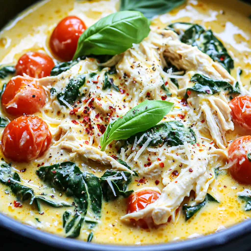 Here’s what you need for Slow Cooker Creamy Tuscan Chicken: - 4 boneless, skinless chicken breasts - 1 cup cherry tomatoes, halved - 1 cup spinach leaves, packed - 1/2 cup heavy cream - 1/2 cup chicken broth - 1/2 cup grated Parmesan cheese - 3 cloves garlic, minced - 1 teaspoon Italian seasoning - 1/2 teaspoon red pepper flakes (adjust for spice preference) - Salt and pepper to taste - Fresh basil leaves for garnish (optional) These ingredients come together for a delightful dish. The blend of cream, garlic, and tomatoes makes it rich and comforting. If you need to swap some items, here are some great ideas: - Use chicken thighs instead of breasts for more flavor. - Swap in sun-dried tomatoes if you don’t have fresh ones. - You can replace heavy cream with coconut milk for a lighter version. - Any leafy green works. Try kale or arugula instead of spinach. - Grated Pecorino cheese can replace Parmesan for a different taste. These options keep the dish tasty while catering to your needs or pantry. Each serving has about: - Calories: 450 - Protein: 35g - Fat: 30g - Carbohydrates: 8g - Fiber: 2g This dish is rich in protein and flavor. It brings a nice balance to your meals. Adjust serving sizes if you want to fit your dietary needs. To start, gather your ingredients. You will need four boneless, skinless chicken breasts, cherry tomatoes, spinach, heavy cream, chicken broth, Parmesan cheese, garlic, Italian seasoning, red pepper flakes, salt, and pepper. 1. Place the chicken breasts at the bottom of your slow cooker. 2. Season both sides with salt, pepper, and Italian seasoning. This adds great flavor. 3. In a medium bowl, mix heavy cream, chicken broth, minced garlic, and red pepper flakes. 4. Pour this mixture over the chicken in the slow cooker. 5. Add halved cherry tomatoes on top of the chicken. Spread them evenly. Now it’s time to cook! Cover your slow cooker and set it to low for 4 to 6 hours. If you’re in a hurry, you can set it to high for 2 to 3 hours. The chicken should be tender and fully cooked. - Check doneness: Use a meat thermometer. The chicken should reach at least 165°F. - Don’t rush: Cooking on low gives better flavor and texture. - Add spinach and cheese: About 20 minutes before serving, stir in the spinach and Parmesan cheese. This makes the sauce creamy and rich. Shred the chicken gently using two forks before serving. This helps mix the chicken with the sauce. Enjoy your meal! To boost flavor in your Slow Cooker Creamy Tuscan Chicken, try these tips: - Use fresh herbs: Fresh basil gives a vibrant taste. Add it just before serving. - Sauté garlic: Cook minced garlic in oil for a minute before adding it to the slow cooker. This step enhances its aroma. - Add lemon juice: A splash of lemon juice brightens the dish. Mix it in at the end for fresh flavor. - Experiment with cheese: Try adding gouda or mozzarella for different tastes. Each cheese adds unique notes. Here are common mistakes to keep in mind: - Overcooking the chicken: If you cook it too long, the chicken may dry out. Stick to the time guidelines. - Not seasoning enough: Always season well with salt and pepper. Taste the sauce before serving to adjust flavors. - Ignoring the spinach: Add it too early, and it will lose color and texture. Stir it in during the last 20 minutes. - Skipping the cheese: Parmesan adds creaminess. Don’t skip it for the best texture. Here are some great serving ideas: - Serve over pasta: This dish pairs well with fettuccine or penne. The sauce clings beautifully to the pasta. - With rice: Serve over fluffy white or brown rice for a hearty meal. - Add a salad: A fresh green salad balances the richness. Pair it with a light vinaigrette for contrast. - Use crusty bread: Serve with warm bread to soak up the creamy sauce. It makes each bite enjoyable. {{image_2}} You can change up the flavors in this dish. Here are some ideas: - Mushrooms: Add sliced mushrooms for a rich, earthy taste. - Bell Peppers: Toss in diced bell peppers for extra crunch and color. - Olives: Add sliced olives for a briny kick. - Sun-Dried Tomatoes: Use sun-dried tomatoes for deeper flavor. Feel free to mix and match these options. Each choice adds a unique twist. This recipe can fit various diets. Here’s how: - Gluten-Free: All the ingredients are naturally gluten-free. Just check your broth. - Keto: Swap heavy cream for coconut cream. Use more spinach instead of tomatoes. - Dairy-Free: Try coconut milk in place of heavy cream and cheese. These adjustments help meet your dietary needs without losing flavor. Pair this creamy chicken with different sides for a complete meal. Here are a few ideas: - Rice: Serve over white or brown rice for a filling option. - Pasta: Toss with your favorite pasta for a hearty dish. - Zoodles: Use zucchini noodles for a low-carb alternative. - Crusty Bread: Serve with bread to soak up the delicious sauce. These sides enhance the meal and add variety to your table. To keep your Slow Cooker Creamy Tuscan Chicken fresh, store it in an airtight container. Make sure the chicken has cooled down before sealing. You can keep it in the fridge for up to 4 days. If you want to enjoy it later, freezing is a great option. When you want to reheat your chicken, the best way is in the microwave. Place a portion on a microwave-safe dish. Cover it loosely with a paper towel to keep moisture. Heat it in 30-second bursts until hot. You can also reheat it on the stove over low heat. Stir gently to keep the cream sauce smooth. If you want to freeze your dish, do it within two days of cooking. Place the chicken in a freezer-safe bag or container. Remove as much air as you can before sealing. It will stay good for up to 3 months. When you're ready to eat, thaw it in the fridge overnight. Then, reheat as mentioned above. Enjoy your creamy, flavorful meal anytime! You can tell the chicken is cooked when it reaches 165°F. Use a meat thermometer for best results. The chicken should look white and no longer pink. If you don’t have a thermometer, cut into the thickest part. The juices should run clear, with no pink. This ensures the chicken is safe to eat. Yes, you can use frozen chicken breasts in this recipe. Just add an extra hour to the cooking time. Be sure to check the internal temperature. Again, it should reach 165°F. Cooking from frozen may make the sauce thinner. You can thicken it later if needed. To thicken the sauce, you have a few options. You can mix 1 tablespoon of cornstarch with 2 tablespoons of water. Stir this mixture into the sauce. Let it cook for 15 more minutes. Another option is to reduce the sauce. Cook it uncovered for a few minutes on high. This will help it thicken naturally. This blog post covers all you need for cooking great chicken. We explored ingredients, cooking steps, and handy tips. You learned about substitutions and variations to match your taste and needs. I shared best storage and reheating practices to keep your chicken fresh. Remember, practice will help you avoid common mistakes. Use these tips, and you’ll impress everyone at the table. Enjoy cooking and tasting your delicious creations!