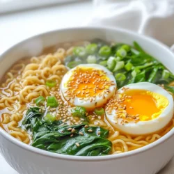 - 2 packs instant ramen noodles (discard seasoning packets) - 4 large eggs - 1 tablespoon chili crisp (store-bought or homemade) - 2 cups chicken or vegetable broth - 1 tablespoon soy sauce - 1 teaspoon sesame oil - 1 green onion, chopped - 1 cup baby spinach - 1 teaspoon sesame seeds for garnish When I make this dish, I love the blend of flavors and textures. The jammy eggs bring a creamy touch. The chili crisp adds a nice kick. It’s a simple yet satisfying meal that warms you up. For the ramen, I always choose a good brand. Instant noodles are quick and easy. Discarding the seasoning packets lets me control the taste. The broth is key for flavor. Chicken broth gives richness. Vegetable broth is great for a lighter taste. Chili crisp is a must. You can find it in stores or make your own. It adds depth and heat. I like using soy sauce for umami flavor. Sesame oil gives a nutty aroma, making the dish more inviting. Don't forget the green onion. It adds freshness and crunch. Baby spinach wilts down nicely, adding color and nutrients. Lastly, sesame seeds bring a lovely finish. They add a slight crunch and nutty flavor. Gather these ingredients for a delicious bowl of ramen that you’ll want again and again! - Boil water and cook eggs for 6-7 minutes. - Transfer to an ice bath to stop cooking. - Cool and peel the eggs. To make jammy eggs, first, bring a small pot of water to a rolling boil. Once it boils, gently add the eggs. Cooking them for 6-7 minutes gives you that perfect soft center. After boiling, quickly move the eggs to an ice bath. This will stop the cooking process and help you peel them easily. Let them cool for a few minutes, then peel off the shells. The golden yolk inside should be just right! - Simmer broth in a separate pot. - Cook noodles according to package instructions. Next, grab another pot for the broth. Pour in 2 cups of chicken or vegetable broth and bring it to a gentle simmer. While the broth heats, take your instant ramen noodles. Follow the package instructions to cook them, usually around 3-4 minutes. Keep an eye on the noodles so they don’t overcook. - Stir in soy sauce, sesame oil, and chili crisp. - Ensure noodles are evenly coated. Once the noodles are cooked, it’s time to add flavor. Pour in 1 tablespoon of soy sauce, 1 teaspoon of sesame oil, and 1 tablespoon of chili crisp into the pot with the noodles. Stir well to make sure every noodle gets coated with that tasty mixture. This step is key to giving your dish a rich, savory taste. - Add baby spinach to wilt just before serving. - Divide ramen into bowls. About a minute before you finish cooking, toss in 1 cup of baby spinach. This will wilt nicely without losing its vibrant color. Once everything is ready, divide the ramen into bowls. The colorful mix of noodles and greens will look inviting. - Cut jammy eggs in half and place on ramen. - Garnish with green onions and sesame seeds. Now for the finishing touch! Take your jammy eggs and cut them in half. Place the halved eggs right on top of the ramen. This not only looks great but adds a creamy texture. Finally, sprinkle some chopped green onions and sesame seeds on top for that extra flair. Enjoy your savory bowl of chili crisp ramen with jammy eggs! To make perfect jammy eggs, boil water and add the eggs for 6-7 minutes. This time gives you a soft center that’s just right. After boiling, quickly move the eggs to an ice bath. This stops the cooking fast and keeps them tender. Let them cool for a few minutes, then gently tap and roll the eggs to peel them easily. When it comes to chili crisp, I recommend brands like Lao Gan Ma or Trader Joe's Chili Onion Crunch. Both add a great kick! If you want to make your own, mix fried garlic, shallots, and chili flakes in oil. This gives you a fresh and tasty option. To prevent overcooking your ramen noodles, set a timer while they cook. Check them a minute early to see if they are done. If they look soft but not mushy, take them out! Adjust the broth’s saltiness by adding soy sauce slowly. Taste as you go, and you will find the right balance. {{image_2}} You can easily change the proteins in this dish. Try using chicken or tofu instead of eggs. Both options add great flavor and texture. For vegetables, swap baby spinach for kale or bok choy. Each choice gives a unique taste and boosts nutrition. Want more heat? Add extra chili crisp to your bowl. It brings a nice kick to the dish. You can also use a spicy broth. This simple switch makes the ramen fiery and fun. To make a vegetarian version, use vegetable broth instead of chicken. You can skip the eggs or replace them with other toppings. Try adding crispy tofu or avocado slices. These options keep it hearty and satisfying. To store leftover ramen, place it in a container. Make sure it’s airtight. This keeps the noodles fresh. You can store it for up to three days. For jammy eggs, you should also use a container. They can last up to one week in the fridge. Keeping them in their shells helps maintain moisture. To reheat ramen, use a pot on low heat. Add a splash of broth or water. Stir gently to avoid mushy noodles. You can also use a microwave. Heat in short bursts, stirring in between. This keeps the texture nice. For jammy eggs, just warm them slightly. You can do this in a bowl of warm water for a few minutes. You can freeze cooked ramen, but it may change the texture. If you freeze it, store it in a freezer bag. Remove as much air as possible. Jammy eggs do not freeze well. They can become watery and lose their texture. It’s best to only refrigerate them after cooking. To make jammy eggs, you start by boiling water. Once it's boiling, gently add 4 large eggs. Cook them for 6-7 minutes. This time gives you a soft center. After cooking, transfer the eggs to an ice bath. This stops the cooking process. Let them cool, then peel and set aside. Yes, you can use regular eggs. However, cooking times may differ. Smaller eggs may need less time, while larger eggs may need more. Keep an eye on them for the best results. You want that perfect, jammy center. Making homemade chili crisp is simple. You need a few key ingredients. Use dried chilies, garlic, and oil. Heat the oil and fry the garlic until golden. Add the dried chilies and cook for a minute. Let the mixture cool, and you have a tasty chili crisp. Cooked ramen stays fresh in the fridge for 3-4 days. Keep it in an airtight container. Look for signs of spoilage, like off smells or mold. If it looks or smells bad, it’s best to throw it away. This ramen dish combines simple steps and tasty ingredients. You learned to prepare jammy eggs, cook flavorful noodles, and customize it to your taste. With tips on storage and reheating, you can enjoy this meal again later. Experiment with different proteins and vegetables to make it your own. Whether you prefer it spicy or mild, this recipe is easy to follow. You'll impress friends and family with your culinary skills. Enjoy your ramen adventure!