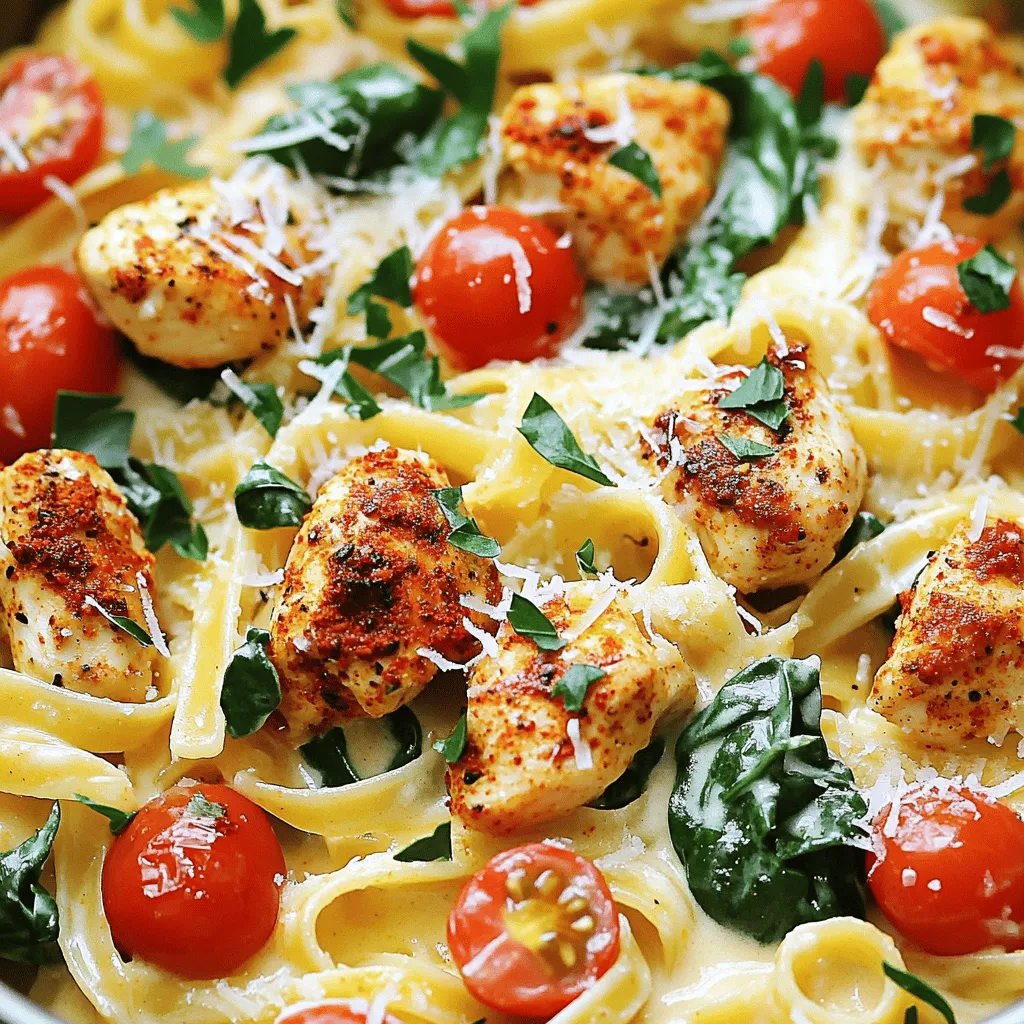 - 1 lb boneless, skinless chicken breasts, cut into bite-sized pieces - 2 tablespoons Cajun seasoning - 2 tablespoons olive oil - 3 cups chicken broth - 8 oz fettuccine pasta - 1 cup heavy cream - 1 cup grated Parmesan cheese - 1 cup cherry tomatoes, halved - 2 cups baby spinach - Salt and pepper to taste - Fresh parsley, chopped (for garnish) For this recipe, I use 1 pound of chicken. If you prefer, you can swap in shrimp or tofu. Just adjust the cooking time. For Cajun seasoning, you can make your own using paprika, garlic powder, and cayenne. Olive oil is great, but feel free to use butter for a richer flavor. If you want a lighter option, use half-and-half instead of heavy cream. You will need a large pot or deep skillet, a cutting board, and a sharp knife. A wooden spoon is perfect for stirring. Make sure to have measuring cups and spoons on hand for accuracy. A ladle helps when serving. Lastly, a bowl for mixing the chicken and seasoning is handy. First, take your chicken breasts and cut them into bite-sized pieces. In a bowl, add 2 tablespoons of Cajun seasoning to the chicken. Toss the chicken well until it is coated evenly with the seasoning. This adds the bold flavor that makes this dish special. In a large pot or deep skillet, heat 2 tablespoons of olive oil over medium-high heat. Once hot, add the seasoned chicken. Cook for about 5 to 7 minutes. You want the chicken to be browned and fully cooked. After that, remove the chicken from the pot and set it aside. Next, in the same pot, pour in 3 cups of chicken broth. Bring it to a boil. Add in 8 ounces of fettuccine pasta. Cook the pasta according to the package instructions until it is al dente. Stir it occasionally to keep it from sticking. Once the pasta is cooked, reduce the heat to low. Now, stir in 1 cup of heavy cream. Add 1 cup of grated Parmesan cheese. Mix everything until the cheese melts and the sauce becomes creamy. This is where the magic happens—your Alfredo sauce starts to take shape. Now, it’s time to bring everything together. Add the cooked chicken back into the pot along with 1 cup of halved cherry tomatoes and 2 cups of baby spinach. Stir until the spinach wilts and the tomatoes soften slightly. Taste your dish and adjust the seasoning with salt and pepper if needed. Serve the Cajun chicken Alfredo hot in bowls. For a nice touch, garnish with fresh parsley and a sprinkle of extra Parmesan cheese. Enjoy your delicious, one-pot meal! To make great Cajun seasoning, mix simple spices. Use: - 1 tablespoon paprika - 1 teaspoon cayenne pepper - 1 teaspoon garlic powder - 1 teaspoon onion powder - 1 teaspoon dried oregano - 1 teaspoon dried thyme - Salt and pepper to taste Combine these in a bowl. Stir well. Store in a jar for later. This mix adds warmth and depth to your dish. Adjust the cayenne for more heat or less, depending on your taste. If your Alfredo sauce is too thick, add more chicken broth. Start with a few tablespoons. Stir well and check the thickness. If it’s too thin, let it simmer for a few minutes. This helps the sauce thicken naturally as it cooks. Always cook pasta in plenty of water. Use a large pot. Add salt when the water boils. This helps add flavor. Stir the pasta to prevent sticking. Check the package for cooking time. Cook until al dente, meaning it’s firm but not hard. After draining, do not rinse the pasta. This keeps the starch that helps the sauce stick. {{image_2}} You can swap chicken for shrimp or tofu. If using shrimp, add it to the pot when the pasta is almost done. Cook until the shrimp turns pink, about 3-4 minutes. For tofu, use firm blocks. Cut them into cubes and sauté until golden brown before adding them to the sauce. Both options bring new flavors to the dish. To make this dish dairy-free, replace heavy cream and Parmesan with coconut milk and nutritional yeast. Use full-fat coconut milk for a rich taste. Nutritional yeast gives a cheesy flavor without dairy. Mix these in after cooking the pasta. The result is still creamy and delicious. Feel free to add or change the vegetables. Bell peppers, zucchini, or mushrooms work well in this dish. Just chop them into bite-sized pieces. Add them to the pot when cooking the chicken. This way, they will soak up the Cajun flavor. You can also add frozen peas or broccoli for a quick boost of nutrition. After enjoying your One-Pot Cajun Chicken Alfredo, let leftovers cool to room temperature. Use airtight containers to keep them fresh. Store in the fridge for up to three days. This dish tastes even better the next day as flavors blend. To reheat, you can use the microwave or the stove. For the microwave, put your serving in a bowl. Cover it with a paper towel to avoid splatters. Heat in 30-second bursts until warm. Stir between each burst. If using the stove, place it in a pot over low heat. Add a splash of chicken broth or cream to keep it moist. Stir often until heated through. If you want to save some for later, freezing is a great option. Let the dish cool completely before freezing. Use freezer-safe containers or bags. Label them with the date. It can last for up to three months in the freezer. When ready to eat, thaw it overnight in the fridge. Then, reheat as mentioned above. Enjoy your Cajun flavors anytime! Yes, you can use other pasta shapes. Penne, rotini, or even spaghetti work well. Just remember to adjust the cooking time based on the pasta you choose. Keep an eye on it so it doesn't overcook. To spice it up, add more Cajun seasoning. You can also mix in red pepper flakes or diced jalapeños. If you want heat without changing the flavor much, try using hot sauce instead. This dish pairs well with a simple side salad or garlic bread. A light, fresh salad balances the creamy pasta. Consider adding a squeeze of lemon for extra brightness. Yes, you can make this dish ahead of time. Prepare it fully, then store it in the fridge. When you're ready, just reheat on low heat. Add a splash of cream to keep it creamy. In this post, we covered how to make One-Pot Cajun Chicken Alfredo. We looked at the key ingredients, cooking steps, and helpful tips. You learned about protein swaps and dairy-free options, too. Proper storage and great reheating methods ensure your dish stays fresh. Remember, cooking is fun! Play with flavors and make this meal your own. Enjoy your delicious creation!