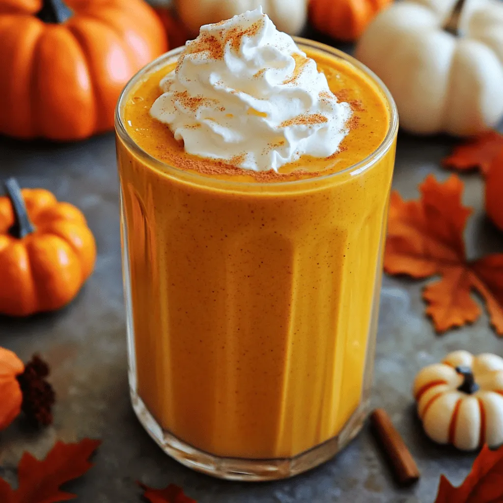 To make a delicious Pumpkin Spice Latte Protein Smoothie, you need simple ingredients. Here is what you will need: - 1 cup unsweetened almond milk - 1/2 cup canned pumpkin puree - 1 banana, frozen - 1 scoop vanilla protein powder - 1 tablespoon maple syrup - 1 teaspoon pumpkin pie spice - 1/4 teaspoon vanilla extract - 1/2 cup ice cubes - Optional toppings: whipped cream, cinnamon Each ingredient plays a key role in flavor and texture. The almond milk gives a creamy base that is dairy-free. Canned pumpkin puree adds rich flavor and nutrition. Using a frozen banana brings natural sweetness and a thick texture. The vanilla protein powder boosts protein in your smoothie. Maple syrup adds sweetness, while pumpkin pie spice gives that cozy fall taste. Finally, ice cubes make it cold and refreshing. You can top your smoothie with whipped cream and a sprinkle of cinnamon for extra joy. These ingredients come together to create a tasty and energizing treat. Enjoy blending! - Step 1: In your blender, combine the almond milk, pumpkin puree, frozen banana, protein powder, maple syrup, pumpkin pie spice, and vanilla extract. This mix gives a sweet and warm flavor. - Step 2: Next, add the ice cubes. This makes the smoothie cool and refreshing. - Step 3: Blend the mix on high until it is smooth and creamy. You want no lumps in your drink. - Step 4: Taste the smoothie. If you want it sweeter, add more maple syrup. Blend again if you add anything. - Step 5: Pour the smoothie into your favorite glass or travel mug. It's perfect for sipping on the go. - Optional: You can top it with whipped cream and a sprinkle of cinnamon. This adds a nice touch and makes it feel special. For the best consistency, use frozen banana. It makes the smoothie thick and creamy. You can also add ice for extra chill. Start with the almond milk first. This helps the blender mix well. Then, add the pumpkin puree and other ingredients. Blend on high until you see no lumps. If it’s too thick, add a bit more almond milk. This smoothie packs a punch of nutrients. Canned pumpkin is rich in fiber and vitamins. It helps you feel full and supports digestion. One half-cup of pumpkin has about 40 calories and a lot of Vitamin A. The protein powder boosts your energy and muscle health. Almond milk is low in calories and dairy-free. It is a great choice for many diets. Maple syrup adds a touch of sweetness and has some minerals. Pumpkin pie spice gives flavor and may help with digestion. Enjoy this tasty treat while knowing it's good for you! {{image_2}} You can make this smoothie even better with some fun flavors. Try adding chocolate protein powder for a rich twist. This will give your drink a chocolatey vibe that pairs well with the pumpkin. You might also want to mix in different spices. A pinch of nutmeg or ginger can add a new layer of warmth. Don’t hesitate to experiment! Each adjustment brings out a different taste. If you follow a dairy-free or vegan diet, this recipe is flexible. Use unsweetened almond milk as a base, and you’re already on the right track. You can swap the protein powder for a plant-based option. Look for ones made from peas or brown rice. For those cutting back on sugar, try using a sugar-free syrup or reduce the maple syrup. This way, you still enjoy a yummy drink without the extra sugar. To store your Pumpkin Spice Latte Protein Smoothie, pour any leftover smoothie into a clean jar or airtight container. This helps keep it fresh. Make sure to leave some space at the top, as the smoothie can expand if frozen. In the fridge, it lasts about 1 to 2 days. After that, the flavors may change, and it might not taste as good. If you want to save your smoothie for later, freezing is a great option. Pour it into ice cube trays or small bags. This way, you can grab just the amount you need. When you’re ready to enjoy it again, let the cubes thaw for a few minutes. Then, toss them back into the blender. Blend until smooth again. You can add a splash of almond milk if it’s too thick. Enjoy your tasty treat anytime! Can I use fresh pumpkin instead of canned? Yes, you can use fresh pumpkin. Cook and puree the pumpkin first. Canned pumpkin is easier and saves time. It gives you that nice, smooth texture too. Just make sure to measure the same amount. How do I make this smoothie vegan? To make it vegan, use plant-based protein powder. Almond milk is already vegan. Skip the whipped cream or use a vegan option. You can still enjoy all that great flavor. Is this smoothie high in protein? Yes, this smoothie is high in protein. The protein powder adds a solid boost. Each scoop typically has 20 grams of protein or more. The banana and almond milk also offer some protein. What is the calorie count of the smoothie? The smoothie has about 300 calories. The almond milk and pumpkin puree keep it light. The toppings you choose can add more calories. Always check labels for exact numbers. This article shared an easy pumpkin smoothie recipe, step-by-step instructions, and tips. You learned how to blend a delicious drink with simple ingredients. We discussed ways to customize flavors and dietary needs. Remember, you can store or freeze left over smoothies for later. Keeping your health in mind, this drink offers both nutrients and taste. Enjoy your pumpkin smoothie journey, and feel free to explore new twists. Stay creative and healthy with each blend!