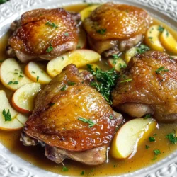 To make apple cider braised chicken thighs, gather these key ingredients: - 4 bone-in, skin-on chicken thighs - 2 cups apple cider - 1 medium onion, sliced - 2 cloves garlic, minced - 2 teaspoons fresh thyme leaves (or 1 teaspoon dried thyme) - 1 teaspoon ground cinnamon - 1 tablespoon olive oil - Salt and pepper to taste - 1 cup chicken broth - 2 medium apples (such as Honeycrisp or Granny Smith), cored and sliced - Fresh parsley, chopped (for garnish) Each ingredient plays a role in building rich flavors. The chicken thighs provide a juicy base. The apple cider adds sweetness and depth. The chicken broth enhances the overall taste. Onions and garlic bring warmth and aroma. Thyme gives an earthy touch, while cinnamon adds a hint of spice. Choose apples that balance sweetness and tartness for the best results. Honeycrisp and Granny Smith work well together. With these ingredients, you set the stage for a delightful dish. Get ready to enjoy a meal that is both comforting and full of flavor! Start by patting the chicken thighs dry with a paper towel. This step helps the skin crisp up while cooking. Next, season both sides with salt, pepper, and ground cinnamon. The cinnamon will add a nice warmth to the dish. Now, heat a tablespoon of olive oil in a large pot over medium-high heat. Wait for the oil to shimmer, then add the chicken thighs, skin-side down. Sear them for about five minutes until they turn golden brown. Flip the thighs and sear the other side for another five minutes. Once done, remove the chicken and set it aside. In the same pot, add the sliced onion. Sauté the onions for about three minutes until they soften. Stir often to prevent burning. After that, add the minced garlic and fresh thyme. Cook for another minute. The smell will be amazing! Pour in two cups of apple cider and one cup of chicken broth. Stir well to combine. Make sure to scrape up any brown bits stuck to the pot. This will add great flavor to your dish. Now, return the chicken thighs to the pot, skin-side up. Gently nestle them into the liquid. Place the sliced apples on top of the chicken. Bring the mixture to a simmer. Once it simmers, cover the pot with a lid. Lower the heat and let it braise for 30 to 40 minutes. The chicken should cook until tender and reach an internal temperature of 165°F. If you want a thicker sauce, simmer uncovered for an extra five to ten minutes after cooking. Adjust the seasoning if needed. To get that perfect crispy skin on your chicken, ensure the chicken is dry. Pat the chicken thighs with paper towels before seasoning. This helps the skin crisp up nicely. Heat your olive oil until it shimmers. This means it's hot enough. Place the chicken skin-side down and don't rush it. Let it sear for five minutes without moving it. Flip and cook the other side for another five minutes. This method will give you a golden brown finish. Avoid steaming the chicken. Steaming occurs when there’s too much moisture in the pan. If the chicken is crowded, it will steam instead of fry. Always leave space between the chicken thighs to ensure even cooking. When it comes to flavor, tasting is key. After your chicken has braised, taste the sauce. If it needs more salt or pepper, add it. You can also adjust the sweetness with more apple cider. If you want a thicker sauce, simmer it uncovered for an extra 5-10 minutes. This will help reduce the liquid and concentrate the flavor. For a beautiful presentation, serve the chicken on a warm plate. Spoon some of the sauce over the top. Place a few apple slices around the chicken for color. A sprinkle of fresh parsley adds a nice touch. Pair your braised chicken with mashed potatoes or crusty bread. Both soak up the lovely sauce, making each bite delicious. You could also serve it with a side of green beans or a simple salad for balance. {{image_2}} You can make this dish even tastier. Add a pinch of nutmeg for warmth. Rosemary also works great with chicken and apple. If you like a kick, try red pepper flakes. Mixing sweet and savory is fun, too. Add maple syrup or brown sugar for sweetness. The apples add a natural sweetness but a touch more makes it special. If you want to switch up the chicken, use boneless thighs. They cook faster but stay juicy. You can also use chicken breasts, but they may dry out. For a non-alcoholic version, use apple juice. It gives a similar flavor without the alcohol. You can also mix cider vinegar with water for a tangy twist. In the fall, add root vegetables. Carrots and parsnips bring great flavor and color. You can also add Brussels sprouts for a pop of green. For a holiday twist, include cranberries. They add a festive touch and a tartness to balance the sweet apple. Consider serving with a side of stuffing for a warm, cozy meal. To keep your apple cider braised chicken thighs fresh, follow these steps: - Cool the chicken to room temperature. - Place it in an airtight container. - Store it in the fridge for up to four days. Using glass containers helps maintain flavor and freshness. If you use plastic, ensure it is BPA-free. Reheating chicken properly keeps it tender. Here are the best methods: - Stovetop: Place the chicken and sauce in a pan over low heat. Stir often for about 10 minutes. - Microwave: Cover the chicken with a damp paper towel. Heat for 2-3 minutes, checking frequently. Ensure the chicken reaches an internal temperature of 165°F. Freezing is a great way to save leftovers. Follow these steps for the best results: - Wrap the chicken tightly in plastic wrap. - Place it in a freezer-safe bag. - Label the bag with the date. For thawing, move the chicken to the fridge for a day before reheating. You can also use cold water in a sealed bag for quicker thawing. For braising, I recommend using Honeycrisp or Granny Smith apples. Honeycrisp apples offer a nice sweetness and crisp texture. They hold up well when cooked, adding a pleasant bite. Granny Smith apples provide a tartness that balances the sweetness of the cider. Their firm texture makes them great for cooking. Both apples enhance the flavor of the dish wonderfully. Yes, you can make this dish ahead of time. Prepare the chicken thighs and braise them as directed. Once cooked, let the dish cool completely. Store it in an airtight container in the fridge for up to three days. When ready to serve, gently reheat in a pot over low heat. This allows the flavors to meld even more, making the dish even tastier. Many sides go well with apple cider braised chicken thighs. Here are a few favorites: - Mashed potatoes: Creamy and perfect for soaking up the sauce. - Crusty bread: Ideal for dipping into the flavorful broth. - Roasted vegetables: Carrots and Brussels sprouts add color and nutrition. - Rice: A simple side that absorbs the delicious flavors. - Green salad: A fresh salad adds a bright contrast to the rich chicken. Each of these sides enhances the meal and brings balance to the dish's flavors. This blog post guided you through making delicious apple cider braised chicken thighs. You learned about essential ingredients, step-by-step cooking methods, and helpful tips for perfect results. I shared ways to add your twist, manage leftovers, and served you insights on reheating. Now, you have the tools to create a flavorful dish that impresses. Enjoy this recipe and share it with others who love good food!