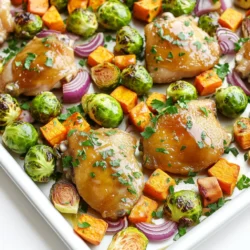 - 4 boneless, skinless chicken thighs - 1/4 cup maple syrup - 2 tablespoons Dijon mustard - 1 tablespoon olive oil I love using chicken thighs for this dish. They stay juicy and tender. The maple syrup adds a sweet touch, which pairs well with the tangy Dijon mustard. Olive oil helps to meld all the flavors together. - 2 cups Brussels sprouts, halved - 2 medium sweet potatoes, peeled and cubed - 1 large red onion, cut into wedges Fall veggies bring warmth to this meal. Brussels sprouts add crunch, while sweet potatoes give a nice sweetness. The red onion adds a lovely flavor when roasted, making the dish colorful and tasty. - 1 teaspoon garlic powder - 1 teaspoon dried thyme - Salt and pepper to taste Garlic powder gives a nice depth to the flavor. Dried thyme adds an earthy taste that complements the chicken and veggies. Salt and pepper are essential to enhance all the flavors in this dish. To start, grab a small bowl. Whisk together the maple syrup, Dijon mustard, olive oil, garlic powder, dried thyme, salt, and pepper. This mix will be your marinade. The flavors blend well and create a great taste. Next, take the chicken thighs and place them in a large bowl. Pour half of the marinade over the chicken. Toss the chicken so it is well-coated. Set it aside to marinate for at least 15 minutes. This step is key for juicy, flavorful chicken. Now, let’s prep the vegetables. In another bowl, combine the halved Brussels sprouts, cubed sweet potatoes, and onion wedges. These veggies add color and taste to the dish. Drizzle the remaining marinade over the veggies. Toss them gently to ensure they are evenly coated. This will help bring out their natural sweetness when roasted. Next, it’s time to assemble everything on a sheet pan. First, preheat your oven to 400°F (200°C). Arrange the marinated chicken thighs in the center of the pan. Spread the seasoned vegetables around the chicken in a single layer. This layout allows even cooking and makes for a beautiful presentation. Place the sheet pan in the preheated oven. Roast for 25 to 30 minutes. The chicken should reach an internal temperature of 165°F (75°C) when it’s done. The veggies will be tender and slightly caramelized. Enjoy the aroma as it fills your kitchen! For the best flavor, marinate the chicken for at least 15 minutes. If you have more time, let it sit for up to an hour. This gives the flavors time to seep into the meat. Adjust the flavor to your taste. Want it sweeter? Add more maple syrup. Prefer more tang? Put in extra Dijon mustard. To get that perfect caramelization, spread the veggies out in a single layer. This helps them roast evenly. Keep an eye on the chicken. It should reach an internal temperature of 165°F (75°C). Check the veggies too. They should be tender and slightly browned. For a beautiful dish, serve directly from the sheet pan. It looks rustic and inviting. You can also plate the chicken and vegetables separately. Drizzle extra marinade over for more flavor. Pair this meal with a fresh salad or crusty bread for a complete feast. {{image_2}} You can change up the veggies based on the season. For spring, use asparagus or snap peas. In summer, bell peppers and zucchini are great. In winter, consider carrots or parsnips. They all add unique flavors. For chicken cuts, try using chicken breasts or drumsticks. Breasts are leaner, while drumsticks provide more flavor. Just adjust the cooking time as needed. To boost flavor, add spices like paprika or cumin. Fresh herbs like rosemary or sage also work well. They can give your dish a nice twist. You can switch mustards too. Try whole grain mustard for a chunky texture. Spicy brown mustard adds a kick. Each choice changes the dish's taste. To make this dish gluten-free, ensure your Dijon mustard is gluten-free. Most brands are, but check the label. For a vegan version, replace chicken with chickpeas or tofu. Marinate them just like the chicken. Use maple syrup for sweetness. Add more veggies for a hearty meal. To keep your leftovers fresh, store them in an airtight container. This prevents moisture loss and keeps flavors intact. You can place the chicken and veggies together or separately. Refrigerate within two hours of cooking. Leftovers stay good for up to three days in the fridge, so make sure to enjoy them soon! If you want to save some for later, freeze cooked portions. Allow the dish to cool completely before packing it in freezer-safe bags. Press out as much air as you can to prevent freezer burn. It can last in the freezer for about three months. When you're ready to eat, thaw it in the fridge overnight. Reheat in the oven at 350°F (175°C) or in a microwave until hot throughout. To save time on busy nights, prep your ingredients ahead. Chop the Brussels sprouts, sweet potatoes, and red onion a day in advance. Store them in the fridge until you are ready to cook. You can also marinate the chicken the night before. This way, you only need to assemble everything when it's time to cook. For bulk cooking, double the recipe and freeze half for a quick meal later! Cooking chicken thighs in the oven takes about 25 to 30 minutes at 400°F (200°C). Make sure to check that the chicken reaches an internal temperature of 165°F (75°C). This ensures that the meat is safe to eat and juicy. Using a meat thermometer helps you get this right every time. Yes, you can use frozen chicken thighs. Just remember to thaw them first. You can do this in the fridge overnight or in cold water for a quicker option. Once thawed, follow the marinating and cooking steps as usual. Make sure to adjust the cooking time slightly, as frozen chicken may need a few extra minutes. You can swap in many seasonal vegetables. Consider using carrots, parsnips, or butternut squash. These veggies add different flavors and textures. Just cut them to similar sizes for even cooking. You can explore your local market for fresh options. To add heat, mix in some red pepper flakes or cayenne pepper with the marinade. You can also drizzle some hot sauce on the chicken before serving. For a smoky flavor, try adding chipotle powder. Adjust the heat level to match your taste! This blog post covers a delicious chicken and vegetable recipe. We explored the main ingredients like chicken thighs and seasonal veggies. I guided you through prepping the marinade and roasting everything to perfection. With helpful tips and fun variations, you can tailor this dish to your taste. In the end, this meal is simple yet tasty. You can enjoy it fresh or save leftovers. So, gather your ingredients and start cooking! You'll love the flavors and ease of this dish.