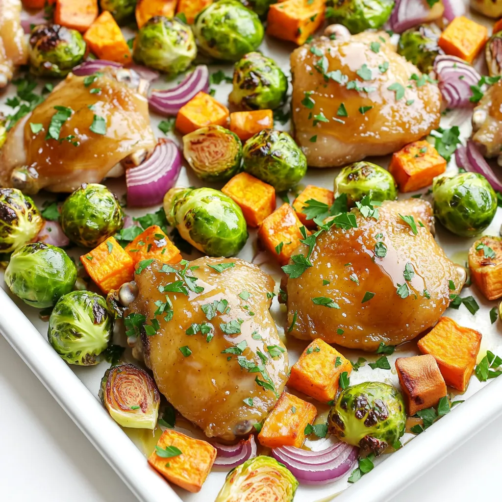 - 4 boneless, skinless chicken thighs - 1/4 cup maple syrup - 2 tablespoons Dijon mustard - 1 tablespoon olive oil I love using chicken thighs for this dish. They stay juicy and tender. The maple syrup adds a sweet touch, which pairs well with the tangy Dijon mustard. Olive oil helps to meld all the flavors together. - 2 cups Brussels sprouts, halved - 2 medium sweet potatoes, peeled and cubed - 1 large red onion, cut into wedges Fall veggies bring warmth to this meal. Brussels sprouts add crunch, while sweet potatoes give a nice sweetness. The red onion adds a lovely flavor when roasted, making the dish colorful and tasty. - 1 teaspoon garlic powder - 1 teaspoon dried thyme - Salt and pepper to taste Garlic powder gives a nice depth to the flavor. Dried thyme adds an earthy taste that complements the chicken and veggies. Salt and pepper are essential to enhance all the flavors in this dish. To start, grab a small bowl. Whisk together the maple syrup, Dijon mustard, olive oil, garlic powder, dried thyme, salt, and pepper. This mix will be your marinade. The flavors blend well and create a great taste. Next, take the chicken thighs and place them in a large bowl. Pour half of the marinade over the chicken. Toss the chicken so it is well-coated. Set it aside to marinate for at least 15 minutes. This step is key for juicy, flavorful chicken. Now, let’s prep the vegetables. In another bowl, combine the halved Brussels sprouts, cubed sweet potatoes, and onion wedges. These veggies add color and taste to the dish. Drizzle the remaining marinade over the veggies. Toss them gently to ensure they are evenly coated. This will help bring out their natural sweetness when roasted. Next, it’s time to assemble everything on a sheet pan. First, preheat your oven to 400°F (200°C). Arrange the marinated chicken thighs in the center of the pan. Spread the seasoned vegetables around the chicken in a single layer. This layout allows even cooking and makes for a beautiful presentation. Place the sheet pan in the preheated oven. Roast for 25 to 30 minutes. The chicken should reach an internal temperature of 165°F (75°C) when it’s done. The veggies will be tender and slightly caramelized. Enjoy the aroma as it fills your kitchen! For the best flavor, marinate the chicken for at least 15 minutes. If you have more time, let it sit for up to an hour. This gives the flavors time to seep into the meat. Adjust the flavor to your taste. Want it sweeter? Add more maple syrup. Prefer more tang? Put in extra Dijon mustard. To get that perfect caramelization, spread the veggies out in a single layer. This helps them roast evenly. Keep an eye on the chicken. It should reach an internal temperature of 165°F (75°C). Check the veggies too. They should be tender and slightly browned. For a beautiful dish, serve directly from the sheet pan. It looks rustic and inviting. You can also plate the chicken and vegetables separately. Drizzle extra marinade over for more flavor. Pair this meal with a fresh salad or crusty bread for a complete feast. {{image_2}} You can change up the veggies based on the season. For spring, use asparagus or snap peas. In summer, bell peppers and zucchini are great. In winter, consider carrots or parsnips. They all add unique flavors. For chicken cuts, try using chicken breasts or drumsticks. Breasts are leaner, while drumsticks provide more flavor. Just adjust the cooking time as needed. To boost flavor, add spices like paprika or cumin. Fresh herbs like rosemary or sage also work well. They can give your dish a nice twist. You can switch mustards too. Try whole grain mustard for a chunky texture. Spicy brown mustard adds a kick. Each choice changes the dish's taste. To make this dish gluten-free, ensure your Dijon mustard is gluten-free. Most brands are, but check the label. For a vegan version, replace chicken with chickpeas or tofu. Marinate them just like the chicken. Use maple syrup for sweetness. Add more veggies for a hearty meal. To keep your leftovers fresh, store them in an airtight container. This prevents moisture loss and keeps flavors intact. You can place the chicken and veggies together or separately. Refrigerate within two hours of cooking. Leftovers stay good for up to three days in the fridge, so make sure to enjoy them soon! If you want to save some for later, freeze cooked portions. Allow the dish to cool completely before packing it in freezer-safe bags. Press out as much air as you can to prevent freezer burn. It can last in the freezer for about three months. When you're ready to eat, thaw it in the fridge overnight. Reheat in the oven at 350°F (175°C) or in a microwave until hot throughout. To save time on busy nights, prep your ingredients ahead. Chop the Brussels sprouts, sweet potatoes, and red onion a day in advance. Store them in the fridge until you are ready to cook. You can also marinate the chicken the night before. This way, you only need to assemble everything when it's time to cook. For bulk cooking, double the recipe and freeze half for a quick meal later! Cooking chicken thighs in the oven takes about 25 to 30 minutes at 400°F (200°C). Make sure to check that the chicken reaches an internal temperature of 165°F (75°C). This ensures that the meat is safe to eat and juicy. Using a meat thermometer helps you get this right every time. Yes, you can use frozen chicken thighs. Just remember to thaw them first. You can do this in the fridge overnight or in cold water for a quicker option. Once thawed, follow the marinating and cooking steps as usual. Make sure to adjust the cooking time slightly, as frozen chicken may need a few extra minutes. You can swap in many seasonal vegetables. Consider using carrots, parsnips, or butternut squash. These veggies add different flavors and textures. Just cut them to similar sizes for even cooking. You can explore your local market for fresh options. To add heat, mix in some red pepper flakes or cayenne pepper with the marinade. You can also drizzle some hot sauce on the chicken before serving. For a smoky flavor, try adding chipotle powder. Adjust the heat level to match your taste! This blog post covers a delicious chicken and vegetable recipe. We explored the main ingredients like chicken thighs and seasonal veggies. I guided you through prepping the marinade and roasting everything to perfection. With helpful tips and fun variations, you can tailor this dish to your taste. In the end, this meal is simple yet tasty. You can enjoy it fresh or save leftovers. So, gather your ingredients and start cooking! You'll love the flavors and ease of this dish.