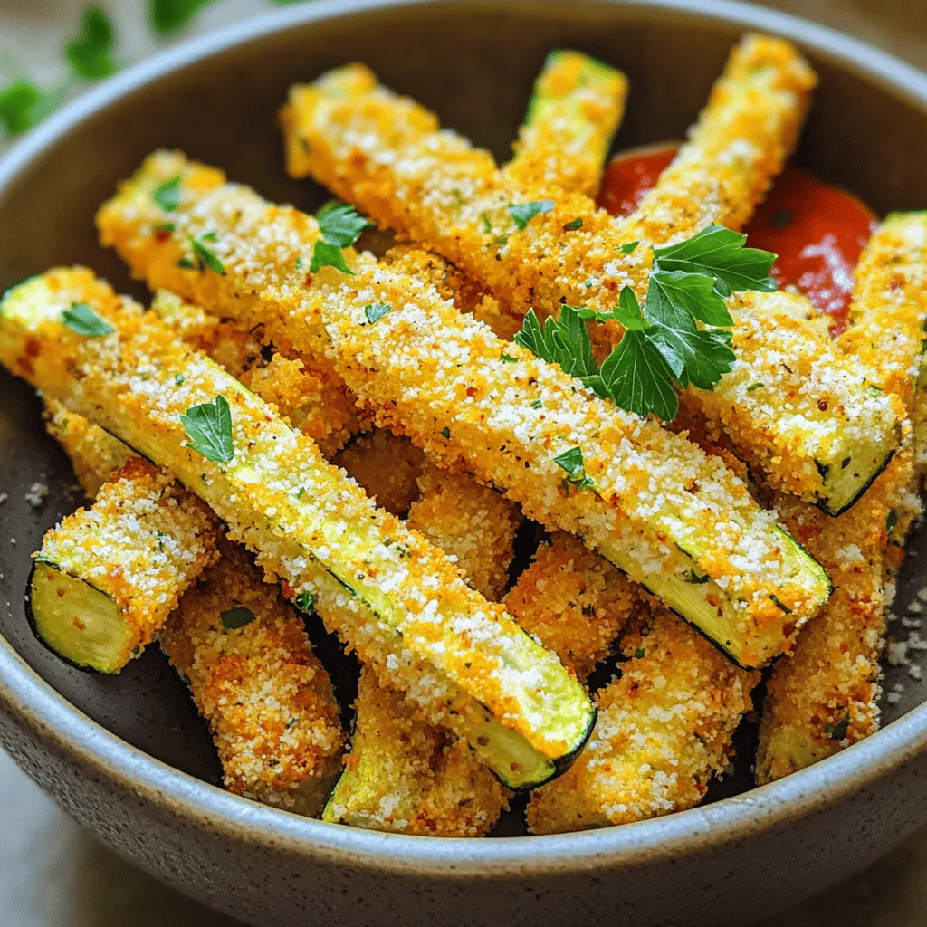 For these tasty Air Fryer Garlic Parmesan Zucchini Fries, you will need a few simple ingredients. Here’s what to gather: - 2 medium zucchinis, cut into sticks - 1/2 cup grated Parmesan cheese - 1/2 cup breadcrumbs, preferably panko for extra crunch - 2 cloves garlic, minced - 1 teaspoon Italian seasoning - 1/2 teaspoon paprika - Salt and pepper to taste - 2 tablespoons olive oil - Fresh parsley, chopped, for garnish These ingredients create a flavorful mix. The zucchinis give a fresh taste, while the Parmesan adds a rich, cheesy bite. Garlic brings a nice punch, and the spices enhance all the flavors. Using panko breadcrumbs makes the fries extra crunchy. Prepare these ingredients ahead of time for an easy cooking experience. Enjoy the process of making these yummy fries! To start, take two medium zucchinis. Cut each one into sticks. Aim for about 4 inches long and 1/2 inch wide. This size helps them cook evenly. Once cut, place the zucchini sticks in a bowl. Next, drizzle 2 tablespoons of olive oil over the zucchini. Toss gently to coat each stick well in the oil. Now, let’s prepare the coating. In a large bowl, mix the following dry ingredients: - 1/2 cup grated Parmesan cheese - 1/2 cup breadcrumbs (panko works best for crunch) - 2 cloves garlic, minced - 1 teaspoon Italian seasoning - 1/2 teaspoon paprika - Salt and pepper to taste Stir these ingredients together until they are fully combined. This mix gives the fries their tasty crunch. To coat the zucchini sticks, take each one and dip it into the breadcrumb mix. Press gently so the coating sticks well. Make sure each stick is covered with the mixture. Now, it’s time to air fry! First, set your air fryer to 400°F (200°C). This temperature helps achieve that crispy texture. Place the coated zucchini fries in a single layer in the basket. Do not overcrowd them, as this can lead to uneven cooking. If needed, work in batches. Air fry them for about 10 to 12 minutes. Remember to shake the basket halfway through cooking. This helps all sides get golden brown and crispy. When they are done, remove the zucchini fries and garnish with fresh parsley. Enjoy them hot with your favorite dip! - Avoiding overcrowding in the basket: Keep your zucchini fries in one layer. If they touch, they will not crisp up nicely. Cook in batches if needed. This lets hot air move around and cook them well. - Shaking the basket halfway: Shake the basket halfway through cooking. This helps the fries cook evenly and get crispy on all sides. - Adjusting seasonings to taste: Feel free to add more garlic or cheese if you love those flavors. You can also try adding a pinch of chili flakes for a kick! Adjust seasonings to match your taste. - Alternatives to garlic and Parmesan: If you want a twist, use onion powder instead of garlic. For cheese, try nutritional yeast for a vegan option. You can also experiment with different herbs like rosemary or thyme. - How to garnish and serve: For a great look, sprinkle fresh parsley on top. It adds color and freshness. Serve your fries in a fun bowl or on a plate with a nice dip. - Best dipping sauces for pairing: Marinara sauce works well; it adds a nice tang. Ranch dressing is creamy and tasty too. Try a spicy mayo for something different. {{image_2}} You can switch up the coating for your zucchini fries. Try using almond flour instead of breadcrumbs. Almond flour gives a nutty flavor and a gluten-free option. You can also use gluten-free breadcrumbs if you prefer. Adding different spices can change the taste, too. Consider using garlic powder, onion powder, or even a pinch of cayenne for some heat. These simple tweaks can make your fries unique and delicious. Don’t limit yourself to zucchini! Sweet potatoes make a great alternative. They add a sweet touch and are full of nutrients. Carrots are another fun option. You can even mix zucchini with other veggies like bell peppers or eggplant. This variety keeps things interesting and colorful on your plate. If you want a vegan version, there are easy swaps. Nutritional yeast can replace Parmesan cheese. It gives a cheesy flavor without dairy. For breadcrumbs, look for plant-based options. You can make your own by blending oats or using crushed cornflakes. These changes keep your dish tasty and friendly for all diets. To keep your zucchini fries fresh, use an airtight container. This will help keep out moisture and air. You can store them in the fridge for up to three days. After that, they may lose their taste and texture. For longer storage, consider freezing them. Just make sure they cool first, then place them in a freezer-safe bag. They can last in the freezer for about two months. When it’s time to enjoy your leftover fries, reheating is key. The best way is to use your air fryer again. Set it to 350°F (175°C) for about five minutes. This will help them regain their crunch. If you don’t have an air fryer, you can use the oven. Place them on a baking sheet and heat at 350°F (175°C) for 10 minutes. Avoid the microwave, as it can make them soggy. For extra crunch, give them a light spray of olive oil before reheating. You can use frozen zucchini, but fresh is better. Frozen zucchini holds water. This can make the fries soggy. If you use frozen, thaw and drain them well. Pat them dry to remove excess moisture. This helps keep your fries crispy. For vegetables, I like to set the air fryer to 400°F (200°C). This high heat helps them cook fast and get crispy. Shake the basket halfway. This ensures even cooking and browning. To spice things up, add cayenne pepper to the breading mix. Start with a small amount, about 1/4 teaspoon. You can also sprinkle red pepper flakes on top before serving. Both options add nice heat without overpowering the garlic and cheese. Yes! You can use mozzarella for a gooey texture. Cheddar also adds great flavor. Just remember, different cheeses melt at different rates. Adjust cooking time if needed for the best results. Store any leftover zucchini fries in an airtight container. They last about 2-3 days in the fridge. For best results, reheat in the air fryer. This keeps them crispy, unlike the microwave. You can prepare the zucchini and the breading mix ahead. Coat the zucchini before cooking. Just keep them in the fridge until you're ready to air fry. This helps save time when you want a quick snack. Zucchini fries taste great with marinara sauce. Ranch dressing is also a favorite. For a twist, try a spicy aioli or garlic sauce. These dips add a fun flavor kick to your fries. In this article, we explored making delicious air-fried zucchini fries. We covered the key ingredients, step-by-step instructions, and essential tips for great cooking. You learned about different coating options, vegetable variations, and how to store and reheat your fries. Now, with these straightforward steps, you can make a tasty snack any time. Enjoy experimenting with flavors and ingredients. Don’t forget to garnish and serve with your favorite dips! Happy cooking!