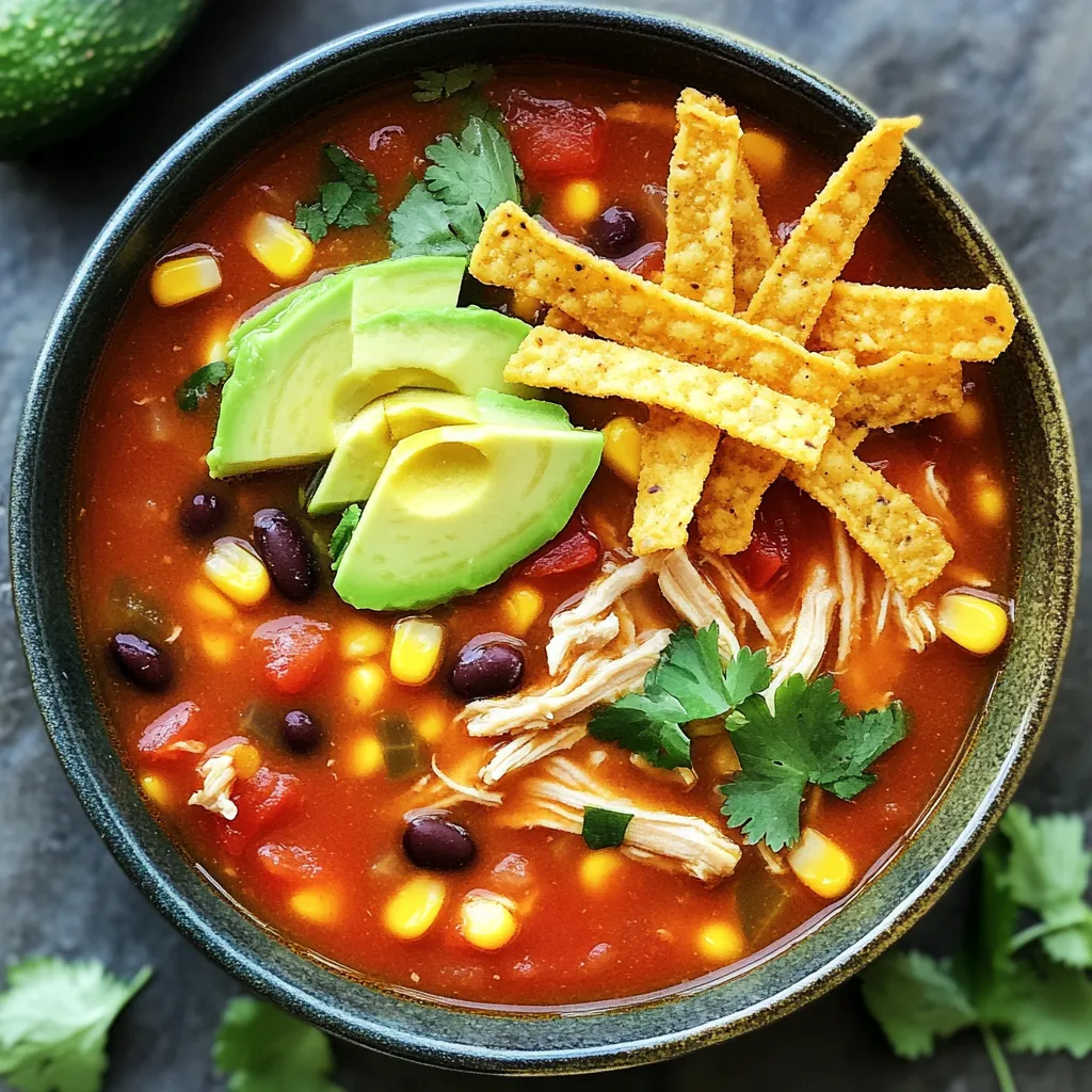 - Chicken, beans, and broth essentials For this soup, start with 1 pound of boneless, skinless chicken breasts. They cook well and shred easily. Add in a can of black beans and a can of corn. These add texture and protein. Use 4 cups of chicken broth to bring it all together. - Vegetables for flavor and nutrition Dice 1 medium onion and mince 2 cloves of garlic. These vegetables boost the flavor and add nutrition. You will also need a can of diced tomatoes, preferably with green chilies for a bit of heat. - Spice blend for seasoning Seasoning is key to a great taste. Use 1 tablespoon of chili powder, 1 teaspoon of cumin, and 1 teaspoon of smoked paprika. These spices add depth and warmth. Don’t forget to add salt and pepper to taste for balance. This mix of ingredients creates a rich and hearty soup. Each element works together to make your chicken tortilla soup flavorful and comforting. Start by placing the chicken breasts at the bottom of your slow cooker. This helps keep them moist. Season them well with salt, pepper, chili powder, cumin, and smoked paprika. Proper seasoning is key for great flavor. The spices will soak into the chicken as it cooks, making it tasty and tender. Next, add the diced onion and minced garlic on top of the chicken. These will add a nice base flavor. Then, layer in the black beans, corn, and diced tomatoes. The tomatoes bring acidity and a bit of heat, especially if you use those with green chilies. This layering helps the flavors meld as everything cooks. Now it’s time to pour in the chicken broth. Ensure the broth covers all the ingredients. This immersion is important for even cooking. Set your slow cooker on low for 6-8 hours or high for 3-4 hours. The chicken should be fully cooked and shreddable when done. Once the cooking time is up, carefully take out the chicken. Use two forks to shred it. This technique makes it easy and quick. Add the shredded chicken back into the soup. Then, stir in the lime juice for brightness. Taste the soup and adjust the seasoning if needed. Ladle the soup into bowls and top it with tortilla strips for crunch. You can also add avocado slices and shredded cheese for creaminess. A sprinkle of fresh cilantro adds a nice touch. Serve this soup with a side of cornbread for a complete meal. Enjoy the warmth and comfort of this dish! To make your soup shine, adjust the spices. If you like it spicier, add more chili powder. For a milder taste, cut back a bit. You can also swap out some ingredients for healthier choices. Use low-sodium broth or add more veggies like bell peppers or zucchini. Prep your ingredients early in the week. Chop the onion, garlic, and any veggies you want to add. Store them in the fridge. This saves time on busy days. You can also freeze leftovers. Let the soup cool, then place it in airtight containers. It will last up to three months in the freezer. Serve your soup in creative ways. Use bowls for a classic look. For fun, serve it in tortilla cups. Just bake tortilla wraps in muffin tins until crispy. This adds crunch and makes your meal special. Top each bowl with tortilla strips, avocado, cheese, and cilantro for a tasty finish. {{image_2}} You can make a tasty vegetarian version of this soup. Instead of chicken, use plant-based proteins like tofu or tempeh. Both options soak up flavors well. You can also add extra beans or lentils for protein. When using these options, reduce the cooking time. Cook on low for about 4-6 hours or high for 2-3 hours. This way, the veggies stay fresh and vibrant. If you love heat, spice up your soup! Add extra chili powder, cayenne pepper, or hot sauce. You can also use different chili types. Chipotle adds a smoky kick, while jalapeños bring fresh heat. Adjust the spices to your liking. Always taste as you go. This helps you find the right balance of flavors. For a creamy twist, add cream or a dairy alternative like coconut milk. Stir it in during the last 30 minutes of cooking. This adds richness and smoothness. If you prefer a lighter option, use Greek yogurt or sour cream as a topping. This creamy touch enhances the flavor and makes the soup even more comforting. To keep your soup fresh, use airtight containers. Glass or BPA-free plastic containers work well. Store your soup in the fridge for up to three days. If you want to save it longer, consider freezing it. Reheat your soup on the stove for the best taste. Simply pour the soup into a pot. Heat it gently on medium until it’s warm. You can also use the microwave. Just heat it in a bowl for 2-3 minutes, stirring halfway through. If you freeze your soup, place it in a freezer-safe container. It can last up to three months in the freezer. To thaw, move it to the fridge overnight before reheating. Cooking this soup takes different times based on your slow cooker setting. On low, it cooks for 6 to 8 hours. If you choose high, it takes about 3 to 4 hours. Both methods work well, but low heat gives better flavor. I usually prefer the low setting for a heartier taste. Yes, you can use frozen chicken! Just add it straight to the slow cooker. You will need to cook it for a longer time, about 7 to 9 hours on low or 4 to 5 hours on high. Make sure the chicken cooks to a safe internal temperature of 165°F. This soup pairs well with many sides. You can serve it with tortilla chips for crunch. Sliced avocado and fresh lime also add a nice touch. For a heartier meal, a simple green salad is a great choice. You could even make quesadillas for extra fun! Yes, this soup is gluten-free! The main ingredients do not contain gluten. However, check the labels on canned goods like beans and broth. Some brands may add gluten. If you want to be safe, use certified gluten-free products. Enjoy this soup worry-free! This article covered the key steps to make a delicious chicken tortilla soup. You learned about essential ingredients, including flavorful spices and fresh veggies. We explored cooking techniques, tips for meal prep, and tasty variations you can try. Remember, you can adapt this recipe to suit your taste. Whether you go vegetarian or spicy, the options are endless. Enjoy experimenting and serving warm bowls of comfort to friends and family.