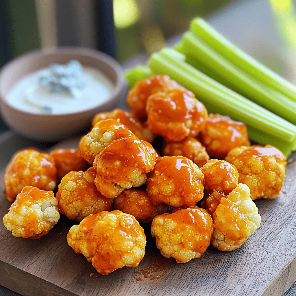 - 1 medium cauliflower head, cut into bite-sized florets - 1 cup all-purpose flour - 1 cup water - 1 teaspoon garlic powder - 1 teaspoon onion powder - 1 teaspoon smoked paprika - Salt and pepper to taste - 1 cup buffalo sauce (store-bought or homemade) - 1 tablespoon olive oil - Celery sticks - Blue cheese dressing for serving When choosing cauliflower, look for heads that are firm and heavy. The florets should be tight and compact, with no brown spots. A bright white color signals freshness, but green or purple varieties can also be tasty. Check for crisp green leaves, as they indicate the cauliflower is fresh. If you can, select organic cauliflower, as it often has better flavor. Always choose the freshest cauliflower to ensure your bites taste amazing. Start by rinsing the cauliflower well. Remove the leaves and cut the cauliflower into bite-sized florets. Make sure they are about the same size. This helps them cook evenly. Aim for pieces that are about 1-2 inches. Once you have your florets, you’re ready to move on. In a mixing bowl, add 1 cup of all-purpose flour. Pour in 1 cup of water and whisk until smooth. Then add 1 teaspoon of garlic powder, 1 teaspoon of onion powder, and 1 teaspoon of smoked paprika. Season with salt and pepper to taste. Mix well until everything blends perfectly. The batter should be thick enough to coat the florets. Preheat your air fryer to 380°F (190°C) for about 5 minutes. While it heats, dip each cauliflower floret into your prepared batter. Make sure each piece is fully coated. Let any excess batter drip back into the bowl. Place the florets in a single layer in the air fryer basket. Cook them for 12-15 minutes. Shake the basket halfway through to ensure even cooking. When they turn golden brown and crispy, they are ready! After air frying, toss the cauliflower bites in 1 cup of buffalo sauce. Make sure they are well coated. For extra crispiness, return them to the air fryer for another 3-5 minutes. Enjoy them hot! To get your buffalo cauliflower bites crispy, follow these steps: - Make sure your florets are dry before coating. - Use a light batter to avoid sogginess. - Preheat the air fryer properly; this helps with crispiness. - Cook in a single layer, avoiding overcrowding in the basket. - Shake the basket halfway through cooking for even heat. Coating your cauliflower well makes a big difference: - Whisk the batter until smooth; lumps can stick. - Dip each floret fully in the batter. - Let excess batter drip off before placing them in the air fryer. - Do not rush this step; a good coat is key to flavor. Want to elevate your bites? Try these ideas: - Add a teaspoon of cayenne for heat. - Mix in some cheddar cheese to the batter for richness. - Experiment with different spices like cumin or chili powder. - Toss your bites in ranch dressing after air frying for extra flavor. - Serve with fresh herbs like parsley for a pop of color and taste. {{image_2}} You can change the sauce to fit your taste. Try barbecue sauce for a sweet twist. Ranch dressing gives a creamy flavor. For a kick, add sriracha or hot sauce. You can mix buffalo sauce with honey for a sweet heat. Each sauce brings a new vibe to your cauliflower bites. If you have dietary needs, don’t worry! You can use gluten-free flour instead of all-purpose flour. For a vegan option, swap the water with plant milk. You can also skip the blue cheese dressing. Instead, try a tahini sauce or a vegan ranch. These swaps keep the dish tasty and friendly for all diets. Serve your cauliflower bites with fresh veggies. Celery sticks and carrot sticks add a nice crunch. You can also use them as a topping for salads or grain bowls. For a fun twist, place them in a wrap with lettuce and your favorite sauce. They make a great snack or side dish for any meal. After enjoying your Air Fryer Buffalo Cauliflower Bites, let them cool completely. Place any leftovers in an airtight container. Store them in the fridge for up to three days. Keeping them sealed helps prevent moisture, which can make them soggy. To reheat, use your air fryer for the best results. Preheat it to 350°F (175°C). Place the cauliflower bites in a single layer. Heat them for about 5-7 minutes until they are hot and crispy again. You can also use an oven if you prefer, but the air fryer gives a better texture. You can freeze these bites if you want to save some for later. After cooking, let them cool completely. Then place them in a freezer-safe bag or container. They can last for up to three months in the freezer. When ready to eat, there’s no need to thaw. Just air fry them at 380°F (190°C) for about 10-12 minutes. Enjoy the crunch! Yes, you can use frozen cauliflower. However, frozen cauliflower may not get as crispy as fresh. You should thaw and drain it well before using. Pat it dry with a towel to remove excess moisture. This helps the batter stick better and keeps it crispy. To make the batter gluten-free, swap all-purpose flour for a gluten-free flour blend. Many brands offer all-purpose blends that work well. Use the same amount, one cup, for your batter. Ensure your buffalo sauce is also gluten-free. Check labels to avoid any hidden gluten. Buffalo cauliflower bites go great with various dipping sauces. Here are my favorites: - Blue cheese dressing: Its creamy texture balances the heat. - Ranch dressing: A classic choice that pairs well with spicy flavors. - Garlic aioli: Adds a rich, savory taste. - Yogurt sauce: A lighter option that brings a nice tang. Feel free to mix and match, or create your own! In this blog post, we explored how to make delicious buffalo cauliflower bites. We listed all the needed and optional ingredients, and I shared tips for choosing fresh cauliflower. You learned step-by-step instructions for preparing, battering, and air frying the cauliflower. I also provided tips for perfect crispiness, flavor boosts, and alternative serving ideas. Plus, I covered how to store leftovers and answered common questions. Remember, these bites are tasty and flexible. Enjoy experimenting with flavors and make this dish your own!