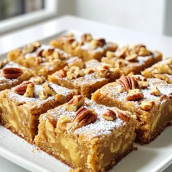 - 1 cup unsalted butter - 1 cup brown sugar - 1/2 cup granulated sugar - 2 large eggs - 2 teaspoons vanilla extract Brown butter makes these blondies rich. Start with unsalted butter for control over salt. Use brown sugar for moisture and flavor. Granulated sugar adds sweetness and texture. Both sugars help give a chewy bite. Eggs provide structure and moisture. The vanilla extract enhances the overall flavor. - 2 cups all-purpose flour - 1 teaspoon baking powder - 1/2 teaspoon baking soda - 1/4 teaspoon salt All-purpose flour forms the base for these blondies. It provides structure and helps them rise. Baking powder and baking soda create a light texture. Salt balances the sweetness and enhances flavors. Each dry ingredient plays a role in making these blondies perfect. - 1 cup pecans, roughly chopped - 1 cup white chocolate chips Chopped pecans add nice crunch and nutty flavor. They complement the sweet blondies well. White chocolate chips bring extra sweetness and creaminess. You can mix and match according to your taste. These add-ins make the blondies more exciting. 1. Preheat the oven and prepare the baking pan Start by heating your oven to 350°F (175°C). Grease an 8x8-inch baking pan. Line it with parchment paper and leave some overhang. This makes it easy to lift out the blondies later. 2. Melt the butter and achieve brown butter stage In a medium saucepan, melt 1 cup of unsalted butter over medium heat. Stir it often. Cook until it turns golden brown and smells nutty. This should take about 5-7 minutes. Be cautious not to burn the butter. Remove it from heat and let it cool slightly. 1. Combine sugars with brown butter In a large mixing bowl, whisk together 1 cup of brown sugar and 1/2 cup of granulated sugar. Slowly pour in the brown butter. Mix until the mixture is smooth. 2. Add eggs and vanilla, followed by dry ingredients Add 2 large eggs one at a time. Mix well after each egg. Then, stir in 2 teaspoons of vanilla extract. In another bowl, combine 2 cups of all-purpose flour, 1 teaspoon of baking powder, 1/2 teaspoon of baking soda, and 1/4 teaspoon of salt. Gradually mix the dry ingredients into the wet ingredients until just combined. 1. Fold in add-ins, pour batter, and bake Gently fold in 1 cup of roughly chopped pecans. If you like, add 1 cup of white chocolate chips. Pour the batter into the prepared pan. Spread it evenly. Bake for 20-25 minutes. The blondies should be lightly golden. A toothpick inserted in the center should come out with a few moist crumbs. 2. Cooling methods and cutting instructions Allow the blondies to cool completely in the pan on a wire rack. Once cooled, lift them out using the parchment paper overhang. Cut into squares and serve. To make brown butter, melt unsalted butter in a medium saucepan. Cook it over medium heat. Stir often until it turns golden brown. The nutty smell shows it is ready. This process takes about 5-7 minutes. Watch closely to avoid burning. Common mistakes include cooking too fast or too slow. If the butter burns, it will taste bitter. Always use a light-colored saucepan to see the color change. Patience is key for that perfect aroma and color. For chewy blondies, use less flour and mix just until combined. For cakey blondies, add a bit more flour. Remember, overmixing the batter leads to dry blondies. Mix gently after adding dry ingredients. The texture should be soft and moist. You want a nice balance between chewy and cakey. Serve blondies on a rustic wooden platter. This adds warmth and charm. Dust with powdered sugar for a lovely touch. For extra sweetness, drizzle melted white chocolate on top. Creative plating can elevate your dessert. Use modern dishware for a sleek look or rustic platters for a cozy vibe. Don't forget to cut them into neat squares for a clean presentation. {{image_2}} You can easily change the flavor of your blondies. Try adding different nuts like walnuts or pecans. Walnuts give a rich, earthy taste, while pecans add a sweet crunch. You can also integrate spices such as cinnamon or nutmeg. A pinch of cinnamon makes the blondies warm and cozy. Nutmeg adds a lovely depth and unique flavor. If you want a gluten-free version, use almond flour or a gluten-free blend. Almond flour gives a nice nutty taste. For vegan options, swap the butter for coconut oil and the eggs for flax eggs. Flax eggs are made by mixing ground flaxseeds with water. They work well to bind your blondies together. To make your dessert special, serve these blondies with ice cream. Vanilla or caramel ice cream complements the nutty flavors. You could also drizzle a warm sauce, like chocolate or caramel, on top. For a dessert platter, pair them with other sweet treats. Brownies or cookies would make a great addition. This way, you create a delightful mix of flavors and textures. To keep your brown butter pecan blondies fresh, store them at room temperature. Place them in an airtight container. This helps prevent them from drying out. Line the container with parchment paper for easy cleanup. You can also wrap the blondies in plastic wrap. This keeps them moist and tasty. If you want to save blondies for later, freezing works well. Start by cutting them into squares. Wrap each square tightly in plastic wrap. Then place them in a freezer bag or a container. Be sure to remove all the air to prevent freezer burn. When you want to enjoy them, take them out. Let them thaw at room temperature for 1-2 hours. For a warm treat, heat them in the oven at 350°F for about 5-10 minutes. When stored properly, blondies last about 5-7 days at room temperature. In the fridge, they can stay fresh for up to 10 days. If you freeze them, they can last for up to 3 months. Look out for signs of spoilage like mold or an off smell. If they feel hard or dry, it’s best to toss them. Enjoy your blondies while they are at their best! Blondies are like brownies but without cocoa. They are sweet, chewy, and buttery. The main flavors come from brown sugar and vanilla. This gives them a rich taste. Brownies are darker and chocolatey, while blondies are light and sweet. Both desserts are baked in a pan, cut into squares, and are great treats. Yes, you can swap some ingredients. Here are common substitutions: - Sugar: Use coconut sugar or maple syrup instead of brown sugar. Adjust the amount. - Butter: You can use coconut oil or vegan butter for a dairy-free option. - Flour: Substitute all-purpose flour with almond flour or gluten-free flour. These swaps can change the taste and texture, so keep that in mind. To check if blondies are done, use a toothpick. Stick it into the center. If it comes out with a few moist crumbs, they are ready. The edges will look golden, and the center should not jiggle. Let them cool before cutting. This helps them set properly. You learned how to make perfect blondies, from choosing the right ingredients to baking them. Remember the key steps: melt that butter, mix carefully, and avoid overbaking. From different flavors to smart storage tips, you can create your ideal dessert. Enjoy experimenting with variations and find what you love most. Trust your skills, and soon you’ll impress friends with delicious blondies. Happy baking!