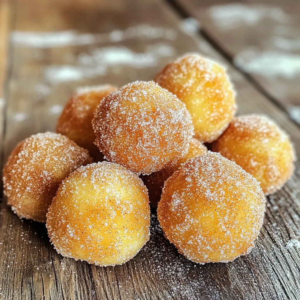 To make Air Fryer Cinnamon Sugar Donut Holes, gather these simple ingredients: - 1 cup all-purpose flour - 1/3 cup granulated sugar - 1/2 tablespoon baking powder - 1/4 teaspoon salt - 1/2 teaspoon ground cinnamon - 1/2 cup buttermilk - 1 large egg - 2 tablespoons melted unsalted butter - 1/2 cup granulated sugar (for coating) - 1 tablespoon ground cinnamon (for coating) Each ingredient plays a key role in creating the perfect donut holes. The flour gives structure, while the sugar adds sweetness. Baking powder helps them rise, and salt enhances the flavors. Ground cinnamon brings warmth and spice, making these treats irresistible. Buttermilk adds moisture and a slight tang. The egg binds the batter, giving it a nice texture. Unsalted butter adds richness, making each bite soft and flavorful. Finally, the cinnamon sugar coating gives that classic donut taste we all love. Once you have these ingredients ready, you're set to create a delicious batch of donut holes that will excite your taste buds. First, grab a large mixing bowl. Add 1 cup of all-purpose flour, 1/3 cup of granulated sugar, 1/2 tablespoon of baking powder, 1/4 teaspoon of salt, and 1/2 teaspoon of ground cinnamon. Whisk these dry ingredients together until they blend well. This step is key for a tasty base. Now, take another bowl. In it, whisk together 1/2 cup of buttermilk, 1 large egg, and 2 tablespoons of melted unsalted butter. Make sure it’s smooth with no lumps. This mixture brings moisture and flavor to our donut holes. Pour the wet mixture into the bowl with the dry ingredients. Stir gently until just combined. The batter should be slightly lumpy; don’t overmix! Overmixing can make the donut holes tough, and we want them soft and fluffy. Preheat your air fryer to 350°F (175°C) for about 5 minutes. While it heats, use a small cookie scoop or your hands to form small balls from the donut batter, each about 1 inch in diameter. Lightly coat the air fryer basket with cooking spray. Place the donut holes in a single layer, ensuring they don’t touch. Air fry them at 350°F for 8-10 minutes. Check halfway through and shake the basket for even cooking. While the donut holes cook, mix 1/2 cup of granulated sugar and 1 tablespoon of ground cinnamon in a bowl. Once the donut holes are golden brown, remove them from the air fryer. Roll them in the cinnamon sugar mixture while they are still warm. This gives them a sweet, crunchy exterior that you will love! To keep your donut holes soft, avoid overmixing the batter. A lumpy batter helps create a light texture. Stir just until the wet and dry ingredients blend. This simple step makes a big difference in how fluffy your donut holes turn out. For best results, shake the basket halfway through cooking. This helps the donut holes cook evenly. As they air fry, some may stick to the basket or each other. Shaking ensures they brown nicely all around. It also helps them puff up perfectly. Coating your donut holes in cinnamon sugar is key. Once they come out hot, roll them in the mixture right away. This way, the sugar sticks well. For an even coat, use a bowl large enough for rolling. Make sure to coat each hole thoroughly for that sweet, crunchy finish. {{image_2}} You can get creative with flavor add-ins for your donut holes. Here are some ideas: - Add 1 teaspoon of vanilla extract to the wet mix. This gives a sweet and warm flavor. - Try a pinch of nutmeg for a nice twist. Nutmeg pairs well with cinnamon. - For a chocolatey treat, mix in some mini chocolate chips. They melt and add a nice surprise. If you're looking for a different coating, consider these glaze options: - A simple vanilla glaze can be made with powdered sugar and milk. Just mix until smooth and dunk the donut holes. - An orange glaze adds a bright taste. Use orange juice and powdered sugar for a zesty twist. - Try a chocolate glaze by melting chocolate chips. Dip the donut holes for a rich flavor. You can make these donut holes healthier with some easy swaps: - Use whole wheat flour instead of all-purpose flour. This adds fiber and nutrients. - Swap granulated sugar for coconut sugar or a sugar substitute. This lowers the calorie count. - Replace buttermilk with almond milk or low-fat yogurt. These options can cut some fat while keeping the taste. Feel free to mix and match these ideas to make your donut holes unique! To keep your donut holes fresh, place them in an airtight container. They will stay good in the fridge for up to three days. If you want to keep them longer, freeze them. Place them in a single layer on a baking sheet first. Once they are frozen, put them in a freezer bag. They can last up to three months in the freezer. To reheat donut holes, use the air fryer. Set it to 350°F (175°C) and heat for about 3-5 minutes. This method helps restore their soft texture. You can also use a microwave, but be careful; it may make them soggy. If you want to maintain that crispy outside, the air fryer is best. Enjoy your warm, tasty treats! Air fryer cinnamon sugar donut holes can last for about 2-3 days when stored in an airtight container. If you want to keep them longer, you can freeze them. They stay fresh for about a month in the freezer. Just make sure to let them cool completely before packing them away. Yes, you can use different types of milk. If you don't have buttermilk, you can make a quick substitute. Mix 1/2 cup of milk with 1/2 tablespoon of vinegar or lemon juice. Let it sit for about 5 minutes to thicken. You can also use whole milk or almond milk if you prefer. Donut holes are great on their own, but you can make them even better. Serve them with a side of warm chocolate sauce for dipping. You can also pair them with fresh fruit like strawberries or blueberries. A cup of coffee or hot chocolate complements these treats perfectly! This blog post covered how to make air fryer cinnamon sugar donut holes. We discussed the key ingredients, from flour to buttermilk, and went through each step of preparation. I shared tips on texture and cooking time to ensure perfect results. You can even try delicious variations like flavor add-ins or glaze options. Store any leftovers properly to keep them fresh. Making these donut holes is fun and rewarding. I hope you enjoy baking and tasting your creations!