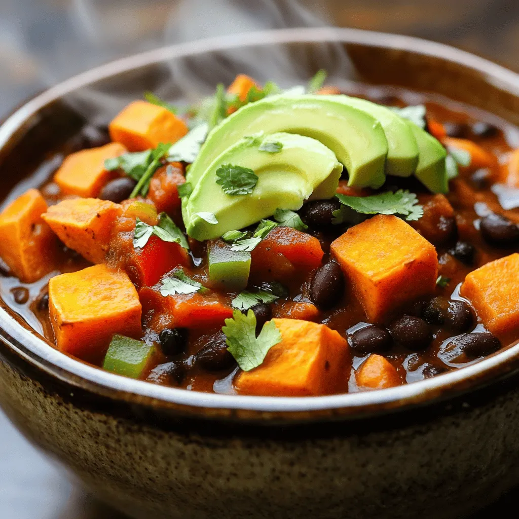 - 2 medium sweet potatoes, peeled and cubed - 1 can (15 oz) black beans, rinsed and drained - 1 can (14.5 oz) diced tomatoes (with juice) - 1 bell pepper (any color), chopped - 1 medium onion, diced - 3 cloves garlic, minced Sweet potatoes bring a sweet, soft texture. They pair nicely with black beans, which add protein and fiber. The diced tomatoes add moisture and flavor. Bell peppers provide a crisp bite and color. Onions and garlic give depth to the dish. Together, these ingredients create a hearty base for the chili. - 1 tablespoon chili powder - 1 teaspoon ground cumin - 1 teaspoon smoked paprika - Salt and pepper to taste Chili powder adds warmth and spice. Ground cumin gives an earthy note. Smoked paprika adds a subtle smokiness. Salt and pepper enhance all the flavors. These seasonings turn the simple ingredients into a comforting, savory meal. - Avocado slices - Cilantro - Sour cream - Shredded cheese Toppings can elevate your chili. Creamy avocado adds richness. Fresh cilantro adds brightness. Sour cream can cool down the heat. Shredded cheese melts beautifully on top. Choose your favorites for a custom finish! 1. Start by peeling the sweet potatoes. Use a good peeler to make it easy. 2. Cut the sweet potatoes into cubes. Aim for uniform pieces for even cooking. 3. Next, chop the bell pepper. Any color will work; choose your favorite. 4. Dice the onion into small pieces. This adds great flavor to your chili. 5. Mince the garlic. Fresh garlic brings a rich taste to the dish. 1. Take your slow cooker. Layer in the cubed sweet potatoes first. 2. Next, add the rinsed black beans. The beans add protein and heartiness. 3. Pour in the diced tomatoes with their juice. This adds moisture and tang. 4. Add the chopped bell pepper, diced onion, and minced garlic. Mix them gently. 5. Pour in the vegetable broth and stir everything. Make sure it’s well combined. 1. Cover the slow cooker with the lid. This helps keep heat inside. 2. Set the cooker on low if you want to cook for a long time. 3. Cooking on low takes 6 to 8 hours. This lets the flavors blend well. 4. If you’re short on time, set it on high. It will cook in 3 to 4 hours. 5. Check for doneness. The sweet potatoes should be soft and tender. To make your chili pop, adjust the seasoning to your taste. Start with the listed spices. After cooking, taste it. If you want more flavor, add a pinch of salt or pepper. You can also boost the heat! Just sprinkle in some cayenne pepper or add a few drops of hot sauce. This adds a nice kick and makes every bite exciting. For a great chili experience, make sure your vegetables are tender. Cooking them long enough in the slow cooker helps. You want the sweet potatoes soft and creamy. If you prefer a chunkier texture, try cutting the sweet potatoes larger. You can also add corn or other beans for variety. This gives your chili a fun twist while keeping it hearty. {{image_2}} You can make this chili fit many diets. It is already vegan and gluten-free. To keep it vegan, stick with the ingredients listed. You can swap out any toppings that contain dairy. For gluten-free options, ensure your vegetable broth is certified gluten-free. If you have allergies, be careful with the ingredients. If you can't have beans, you can use lentils instead. If you are allergic to nightshades, skip the tomatoes and use vegetable broth with extra spices for flavor. Want to change up the flavor? Adding corn can give a sweet touch. You can also mix in other beans, like pinto or kidney beans. They will add a different texture and flavor. Try different spices too. Add smoked paprika for a deeper taste. You can even use fresh herbs like cilantro or parsley for a fresh kick. Experiment, and find the mix you love best! To keep your chili fresh, store leftovers in the fridge. Use airtight containers. This helps keep the flavors locked in. Make sure to cool the chili first before sealing it. It stays good for about 3 to 4 days. If you want to eat it later, freezing is a great option. To freeze chili, let it cool completely. Then, pour it into freezer-safe bags or containers. Remove as much air as you can. Label each bag with the date. This way, you can enjoy it for up to 3 months. When you’re ready to eat, thaw it overnight in the fridge. To reheat, warm it on the stove or in the microwave. Stir well to heat evenly. Enjoy your warm chili! It takes about 6-8 hours on low heat or 3-4 hours on high heat to cook. You will spend around 15 minutes to prep the ingredients. So, total time from start to finish is about 6-8 hours. This makes it perfect for busy days when you want a tasty meal ready when you get home. Yes, you can use fresh tomatoes! Just chop about 4-5 medium tomatoes. They will add a nice texture and flavor. Remember to add their juice too. Fresh tomatoes may need a bit more cooking time to soften up. So, keep an eye on the chili as it cooks. This chili is great on its own, but you can serve it with rice or cornbread. A simple green salad also pairs well. For toppings, try avocado slices, fresh cilantro, sour cream, or shredded cheese. These add creaminess and flavor, making your meal even better. This post covered making Slow Cooker Sweet Potato and Black Bean Chili. You learned about key ingredients, flavors, and cooking steps. I shared tips on customizing the recipe for different diets and tastes. Don't be afraid to play around with spices and toppings. Enjoy making this dish your own! With easy storage options, your chili will be a cozy meal for days. Dive in and savor each bite!