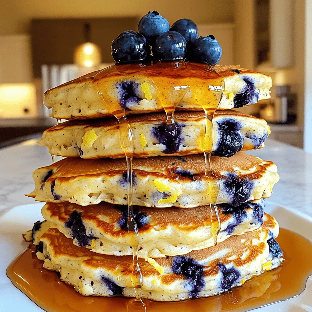 To make Fluffy Blueberry Lemon Ricotta Pancakes, gather these key items: - 1 cup ricotta cheese - 1 cup all-purpose flour - 1 cup buttermilk - 2 large eggs - 1/4 cup granulated sugar - Zest of 1 lemon - 2 tablespoons lemon juice - 1 teaspoon baking powder - 1/2 teaspoon baking soda - 1/4 teaspoon salt - 1 cup fresh blueberries - Butter or oil for cooking - Maple syrup for serving You can swap the ricotta cheese with cottage cheese for a lower-fat option. If you lack buttermilk, mix 1 cup of milk with 1 tablespoon of vinegar or lemon juice. This creates a similar tangy flavor. For gluten-free pancakes, use gluten-free flour instead of all-purpose flour. In the summer, fresh blueberries burst with flavor. You can also use strawberries or raspberries for a different taste. In the fall, try adding pumpkin puree to the batter for a seasonal twist. During winter, frozen blueberries work well, just thaw them first before mixing. To start, gather all your ingredients. In a large bowl, whisk the ricotta cheese, buttermilk, eggs, lemon zest, and lemon juice. Mix until smooth. In another bowl, sift the flour, sugar, baking powder, baking soda, and salt. This helps keep your pancakes fluffy. Gradually add the dry mix to the wet mix. Stir gently until just combined; some lumps are okay. Finally, fold in the fresh blueberries. They add a burst of flavor. Next, heat a non-stick skillet over medium heat. Add a small amount of butter or oil to coat the pan. Pour 1/4 cup of batter for each pancake. Cook until bubbles form on the surface, which takes about 2-3 minutes. When the edges look set, it's time to flip. Cook the other side for another 2-3 minutes until golden brown. Repeat with the remaining batter, adding more butter or oil as needed. Once cooked, serve the pancakes warm. Drizzle with maple syrup for sweetness. For extra flair, add more blueberries on top. You can also sprinkle some lemon zest for color. This makes your dish look fresh and inviting. Enjoy your fluffy blueberry lemon ricotta pancakes with family or friends! To get fluffy pancakes, start with your ingredients. Use fresh ricotta cheese and buttermilk. The ricotta adds moisture and lightness. For the best fluffiness, do not overmix the batter. Mix until it is just combined. It is okay if there are small lumps. These lumps create air pockets, giving you that fluffy texture. One common mistake is using cold ingredients. Always let your eggs and ricotta sit at room temperature. Cold ingredients can make the batter dense. Another mistake is flipping pancakes too soon. Wait until bubbles form on top before flipping. This helps cook the batter evenly. Lastly, avoid using too much batter at once. A 1/4 cup is perfect for each pancake. Using a good non-stick skillet or griddle is key. This will prevent your pancakes from sticking. A spatula that is thin helps flip pancakes easily. I recommend a whisk for mixing. It aerates the batter, adding fluffiness. Using a ladle can help pour the batter evenly. Lastly, a digital thermometer can check the skillet's heat. Aim for medium heat for even cooking. {{image_2}} You can switch up the blueberries for other fruits. Try diced strawberries or ripe bananas for a sweet twist. Chopped apples can add a nice crunch, while peaches give a juicy vibe. If you want a burst of flavor, add a bit of vanilla or almond extract. These changes make each pancake breakfast unique and fun. If you need a gluten-free option, swap the all-purpose flour for a gluten-free blend. Look for one that works well in baking. For a dairy-free version, use almond or coconut milk instead of buttermilk. You can replace ricotta with a dairy-free cream cheese or silken tofu. These swaps keep the pancakes tasty while fitting dietary needs. Serving pancakes can be fun and creative. Besides maple syrup, try drizzling warm honey or agave nectar. Top them with yogurt and fresh fruit for a healthy twist. You can also sprinkle nuts like walnuts or pecans for added crunch. For a festive touch, add a dusting of powdered sugar or a dollop of whipped cream. These ideas can make your pancake meal feel special and inviting! To keep leftover pancakes fresh, stack them in a container. Place parchment paper between each pancake. This step keeps them from sticking together. Seal the container tightly and store it in the fridge. Pancakes stay good for about three days. When you reheat pancakes, you want them to stay fluffy. The best way is to use a microwave. Place pancakes on a microwave-safe plate. Cover them with a damp paper towel. Heat for about 20-30 seconds. Check if they are warm. If not, heat them a few more seconds. Another option is to use a skillet. Heat a little butter or oil in the pan. Place pancakes in the pan and cover with a lid. Heat on low for a few minutes. This method keeps them soft and warm. Freezing pancakes is easy and great for quick meals. First, let the pancakes cool completely. Then, lay them flat on a baking sheet. Freeze them for about an hour. Once they are frozen, stack them in a freezer bag. Remove as much air as possible before sealing. When you are ready to eat, pull them out and reheat. You can microwave them or warm them in a skillet. Frozen pancakes stay good for about two months. Enjoy a tasty breakfast any day! To make pancakes fluffier, use fresh baking powder. This helps them rise well. Mixing the batter gently is key. Overmixing can make pancakes tough. Let the batter rest for a few minutes. This helps the gluten relax and adds air. Lastly, fold in the blueberries gently. This keeps the batter light. Yes, you can make the batter ahead of time. Store it in the fridge for up to 24 hours. When you're ready to cook, give it a gentle stir. If the batter seems thick, add a splash of buttermilk. This will help it return to the right texture. Serve these pancakes warm with a drizzle of maple syrup. Add extra blueberries on top for a pop of color. A dusting of powdered sugar is nice too. You can also pair them with yogurt or whipped cream. Fresh lemon zest enhances the bright lemon flavor. Enjoy your delicious stack! This blog post covers everything about making fluffy pancakes. We explored essential ingredients, measurements, and seasonal variations. You learned step-by-step instructions for batter prep and cooking. We shared tips for fluffiness, common mistakes to avoid, and recommended equipment. Additionally, we looked at fun variations and storage info to keep your pancakes fresh. Pancakes are simple and fun to make. Enjoy experimenting with new flavors and techniques!