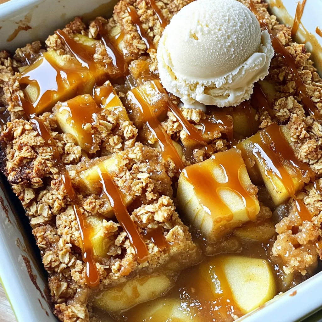 - 2 cups all-purpose flour - 1 cup rolled oats - 1 cup brown sugar, packed - 1 teaspoon baking powder - 1/2 teaspoon baking soda - 1/2 teaspoon salt - 1 cup unsalted butter, melted - 4 cups apples, peeled, cored, and diced - 1/2 cup granulated sugar - 1 teaspoon cinnamon - 1/4 cup caramel sauce - 1 tablespoon lemon juice To make these caramel apple crisp bars, you need simple, fresh ingredients. Each one plays a key role. - Flour and oats: These form the base and topping. They give structure and texture. - Brown sugar: This sweetens the mixture and adds a rich flavor. - Baking powder and soda: These help the bars rise. They create a light texture. - Salt: This enhances the sweetness and balances flavors. - Butter: It binds everything together and adds richness. - Apples: Use fresh, crisp apples. They provide the main flavor. - Granulated sugar and cinnamon: These sweeten the apples and bring warmth. - Caramel sauce: This is the star! It adds a gooey, sweet layer. - Lemon juice: This brightens the apple flavor and keeps them fresh. - 9x13-inch baking dish - Mixing bowls - Parchment paper - Wire rack Gather these tools before you start. A baking dish helps shape the bars. Mixing bowls are great for combining ingredients. Parchment paper makes clean-up easy. A wire rack cools the bars evenly. With the right tools, you’ll make these bars like a pro! - Preheat your oven to 350°F (175°C). - Line a 9x13-inch baking dish with parchment paper, leaving some overhang. - In a large bowl, mix 2 cups of flour, 1 cup of rolled oats, and 1 cup of brown sugar. - Add 1 teaspoon of baking powder, 1/2 teaspoon of baking soda, and 1/2 teaspoon of salt. - Pour in 1 cup of melted unsalted butter and stir well. This mixture should be crumbly. - Set aside 1 cup of this mixture for the topping. - Take the remaining oat mixture and press it evenly into the bottom of your baking dish. - In a separate bowl, combine 4 cups of diced apples with 1/2 cup of granulated sugar, 1 teaspoon of cinnamon, and 1 tablespoon of lemon juice. - Spread the apple mix evenly over the crust. - Drizzle 1/4 cup of caramel sauce over the apples. - Finally, sprinkle the reserved oat mixture on top to add a crunchy layer. - Place the dish in the oven and bake for 35 to 40 minutes. - Look for a golden brown top and bubbly apple filling. - Once baked, let the bars cool completely in the pan on a wire rack. - Use the parchment overhang to lift the bars out and cut them into squares. To cut the bars cleanly, let them cool completely. Use a sharp knife and wipe it between cuts. This helps keep the edges neat. When choosing apples, pick firm ones like Granny Smith or Honeycrisp. These apples hold their shape and add a nice tartness. These bars taste amazing with a scoop of vanilla ice cream. The cold ice cream pairs well with the warm bars. For an extra treat, drizzle more caramel sauce on top. It adds sweetness and looks beautiful. Avoid overmixing the crust. This can make it tough instead of crumbly. Mix just until combined for the best texture. Do not underbake the bars. You want the top to be golden brown and the filling bubbly. If they are underbaked, they may fall apart. {{image_2}} You can make these bars even better by adding some flavor. Try mixing in nuts like walnuts or pecans. They add crunch and taste. Just chop them up and stir them into the oat mixture. Another option is to include dried fruits. Chopped dried apples or cranberries bring extra sweetness and chewiness. Both choices make your caramel apple crisp bars unique and delightful. If you want to change the sweetness, consider using maple syrup or honey. Both options give a different taste. They also make the bars a bit softer. Lower-sugar options are also available. You can use coconut sugar or stevia. These swaps can help cut calories while still keeping the bars yummy. For those who need gluten-free treats, you can still enjoy these bars. Substitute regular flour with gluten-free alternatives like almond or coconut flour. Both work well and keep the texture nice. Also, be sure your oats are certified gluten-free. This step ensures your bars are safe for anyone with gluten issues. Enjoy every bite without worry! To keep your caramel apple crisp bars fresh, store them in the fridge. Place them in an airtight container. This helps the bars stay moist and flavorful. You can also wrap them tightly in plastic wrap. For longer storage, consider freezing the bars. Cut them into squares and place parchment paper between layers. Then, store them in a freezer-safe bag. At room temperature, these bars last about three days. If you keep them in the fridge, they can last up to a week. Storing whole bars helps them stay fresh longer. Once cut, they may dry out a bit faster, so enjoy them quickly! To reheat the bars without losing texture, use the oven. Preheat your oven to 350°F (175°C). Place the bars on a baking sheet and warm for about 10 minutes. If you're in a hurry, the microwave is an option. Heat each bar for about 15-20 seconds. However, the oven gives you a better result. It keeps the topping nice and crisp. Yes, you can easily make these bars vegan. Instead of unsalted butter, use coconut oil or vegan butter. For eggs, you can use flaxseed meal or applesauce. Mix one tablespoon of flaxseed meal with three tablespoons of water. Let it sit for five minutes to thicken. This mix works great as an egg substitute. I recommend using a mix of sweet and tart apples. Good options include Granny Smith for tartness and Honeycrisp for sweetness. You can also use Fuji or Braeburn apples. These varieties hold their shape and add great flavor to the bars. Yes, making caramel sauce at home is simple! You need just three ingredients: sugar, butter, and cream. Start by heating one cup of sugar in a pot over medium heat. Stir until it melts and turns golden brown. Then, add 6 tablespoons of butter and stir until melted. Finally, slowly mix in half a cup of heavy cream. Let it cool before drizzling over the apple layer. Look for a golden brown topping and bubbling apple filling. The edges should pull away slightly from the pan. If you gently shake the pan, the center should not jiggle. This means your bars are ready to come out of the oven. Let them cool completely before slicing. These apple caramel oat bars are simple and fun to make. You learned about the key ingredients and kitchen tools you need. We walked through easy steps to bake the bars perfectly. Don't forget the tips for cutting and serving. You can even explore variations for extra flavor. Incorporating your favorite twists keeps the recipe fresh. Enjoy making these delicious bars, and feel free to share your creations! Baking should be fun, so get started today!