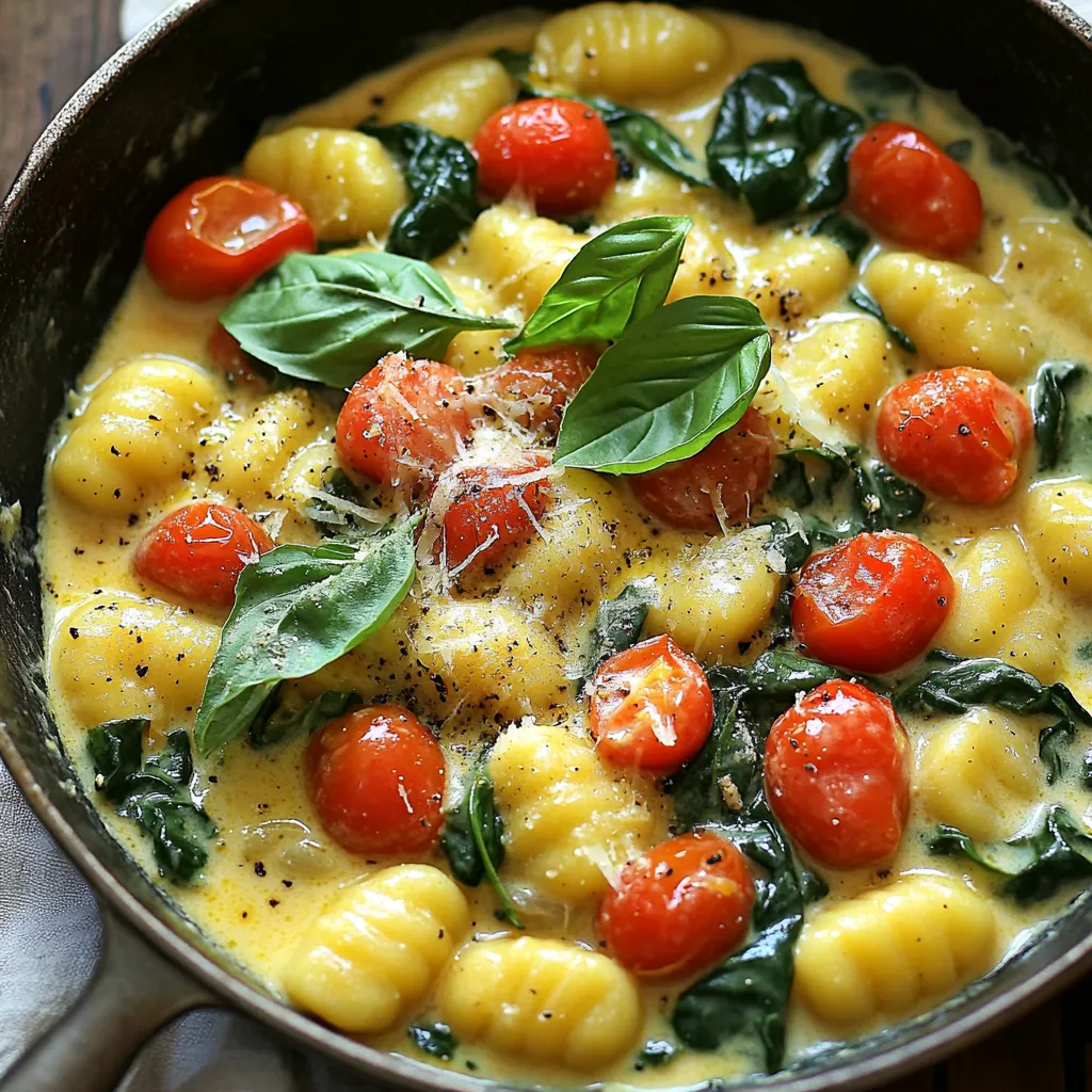 To make this dish, you need simple, fresh items. Here’s what you will need: - 1 pound potato gnocchi - 2 tablespoons olive oil - 3 cloves garlic, minced - 1 cup cherry tomatoes, halved - 2 cups fresh spinach - 1 cup heavy cream - ½ cup grated Parmesan cheese - 1 teaspoon Italian seasoning - Salt and pepper to taste - Fresh basil for garnish Each ingredient plays a key role in flavor and texture. The gnocchi provides a soft, pillowy base. The garlic gives a warm, savory taste. Cherry tomatoes add a sweet burst, while spinach brings a fresh green note. Heavy cream and Parmesan create a rich, creamy sauce that ties everything together. You can enhance this dish with a few extra touches. Consider adding: - Crushed red pepper flakes for heat - Zest of lemon for brightness - Extra herbs, like oregano or thyme Garnishing with fresh basil adds a nice touch. It gives a pop of color and fresh flavor. You can even sprinkle more Parmesan on top for extra richness. If you need to swap some items, it’s easy! For a dairy-free option, use coconut milk instead of heavy cream. You can also replace Parmesan with nutritional yeast for a cheesy flavor. If you want gluten-free gnocchi, look for those made with rice or corn flour. These swaps keep the dish tasty and fun, making it work for many diets. Start by heating 2 tablespoons of olive oil in a large skillet over medium heat. Once the oil is hot, add 3 cloves of minced garlic. Sauté the garlic for about 1 minute until it smells great. Next, add 1 cup of halved cherry tomatoes to the skillet. Cook the tomatoes for about 3-4 minutes. Stir them a few times until they soften. Now, stir in 2 cups of fresh spinach. Cook it for about 2 minutes until it wilts. Pour in 1 cup of heavy cream and bring the mixture to a gentle simmer. Add ½ cup of grated Parmesan cheese along with 1 teaspoon of Italian seasoning. Season with salt and pepper to taste. Stir until the cheese melts and the sauce is creamy. Gently stir in 1 pound of potato gnocchi. Let it cook in the sauce for about 5-7 minutes. This allows the gnocchi to heat through and soak up the flavors. If the sauce is too thick, add a splash of water to loosen it. Taste the dish and adjust the seasoning as needed. Remove from heat and garnish with fresh basil before serving. To make a great creamy sauce, start with a good base. Use fresh garlic for flavor. Let it cook until fragrant, but don’t burn it. Adding the cream slowly helps it mix well. Stir often to keep the sauce smooth. For a richer taste, add cheese at the end. This gives the sauce a nice texture. If your sauce gets too thick, don’t worry! Just add a splash of water or broth. This will loosen it up. If the sauce seems too thin, let it simmer a bit longer. This helps it thicken naturally. Always taste and adjust the seasoning as you go. A little salt or pepper can make a big difference. To get the best gnocchi, cook it until it floats. This means it’s done! When you add gnocchi to the sauce, let it heat through gently. Stir carefully to keep it from breaking apart. If you want extra flavor, let it cook in the sauce for a few minutes. This allows the gnocchi to soak up the creamy goodness. {{image_2}} You can easily boost the flavor and nutrition of your One-Pan Creamy Tuscan Gnocchi by adding proteins. Chicken or shrimp work great in this dish. If you choose chicken, cut it into bite-sized pieces. Sauté it in the olive oil first, before adding garlic and tomatoes. For shrimp, toss them in after the spinach wilts. They cook quickly, so keep an eye on them. Both options pair well with the creamy sauce and make it a full meal. If you want to keep this dish vegetarian, you have many choices. You can swap in colorful vegetables. Try bell peppers, zucchini, or mushrooms. Just chop them into small pieces and add them when you sauté the garlic and tomatoes. These veggies add flavor and texture. You can also use kale instead of spinach for a different taste. This way, you can enjoy a rich, creamy meal while keeping it meat-free. If you love heat, a spicy version of this dish is easy to make. Simply add red pepper flakes to the sauce. Start with a pinch and taste as you go. You can always add more if you want extra heat. The spice plays well with the creamy sauce and bright tomatoes. This twist makes your One-Pan Creamy Tuscan Gnocchi exciting and full of flavor. To keep your One-Pan Creamy Tuscan Gnocchi fresh, let it cool first. Then, place it in an airtight container. You can store it in the fridge for up to three days. Don't forget to label the container with the date! When reheating, use a skillet for the best taste. Add a splash of water or cream to the skillet. Heat over low to medium heat, stirring gently. This helps to keep the sauce creamy and prevents it from drying out. You can also use the microwave. Just heat in short bursts and stir in between. If you want to freeze the gnocchi, do it before cooking. Place uncooked gnocchi in a single layer on a baking sheet. Freeze until firm, then transfer to a freezer bag. It can last up to three months. To cook from frozen, just add it directly to your sauce and extend the cooking time by a few minutes. Gnocchi is a soft pasta made from potatoes. It has a light, fluffy texture. You can cook it quickly, and it pairs well with many sauces. I love using gnocchi in rich dishes like One-Pan Creamy Tuscan Gnocchi. It soaks up all the flavors nicely. Yes, you can! To make this meal ahead, prepare the sauce and cook the gnocchi separately. Once the sauce cools, store it in the fridge. When you're ready to eat, reheat the sauce, add the gnocchi, and warm them together. It makes for a quick dinner on busy nights! To make One-Pan Creamy Tuscan Gnocchi gluten-free, use gluten-free gnocchi. Many brands offer options made from rice or corn. Ensure your other ingredients, like the cream and cheese, are also gluten-free. This way, you can enjoy the dish without worry. You can serve this dish with a simple side salad or crusty bread. A fresh green salad adds a nice crunch. You can also pair it with garlic bread for extra flavor. This meal is filling, but a side adds balance to the plate! This article covered how to make One-Pan Creamy Tuscan Gnocchi. We explored main and optional ingredients, step-by-step instructions, and tips for the best results. I shared variations, storage info, and answered common questions. In conclusion, this dish is simple and fun to make. You can customize it to fit your taste. Now, gather your ingredients and start cooking. Enjoy your creamy, delicious gnocchi!