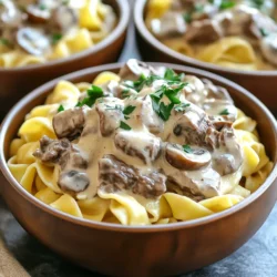 - 2 lbs beef stew meat - 8 oz mushrooms (button or cremini) - 1 medium onion - 3 cloves garlic - 4 cups beef broth - 1 tablespoon Worcestershire sauce - 1 teaspoon Dijon mustard - 2 teaspoons dried thyme - 1 teaspoon paprika - Salt and pepper to taste - 1 cup sour cream - 3 tablespoons all-purpose flour - 12 oz egg noodles - Fresh parsley for garnish Gathering the right ingredients is key to a tasty slow cooker mushroom beef stroganoff. Start with the beef stew meat. I like to cut it into one-inch cubes for even cooking. The mushrooms add a great earthy flavor. You can use button or cremini mushrooms, depending on what you like. Next, dice a medium onion and mince three cloves of garlic. These aromatics build the base of your sauce. For seasonings, use four cups of beef broth. This makes the sauce rich and savory. Add a tablespoon of Worcestershire sauce and a teaspoon of Dijon mustard for depth. Dried thyme and paprika bring warmth and a little spice. Finally, don’t forget the final touches! Season with salt and pepper to taste. You will need one cup of sour cream for creaminess. To thicken the sauce, use three tablespoons of all-purpose flour. Serve this over 12 ounces of cooked egg noodles, and garnish with fresh parsley. This adds color and a fresh taste. - First, heat a skillet over medium-high heat. - Sear the beef cubes until they turn brown on all sides. - Once done, carefully transfer the beef to the slow cooker. - Next, in the same skillet, add the diced onion, minced garlic, and sliced mushrooms. - Cook these until the onions look clear and the mushrooms soften, about 5 minutes. - After that, add the cooked mushroom mixture to the slow cooker with the beef. - Pour in the beef broth, Worcestershire sauce, and Dijon mustard. - Also, add dried thyme, paprika, salt, and pepper to taste. - Stir everything well to mix the flavors. - Cover the slow cooker and let it cook. - In the last 30 minutes of cooking, take 1 cup of the stroganoff liquid. - Whisk it with flour until smooth. - Then, stir this mixture back into the slow cooker with the sour cream. - While the stroganoff thickens, cook the egg noodles as per the package instructions. - Drain the noodles once they are done and set them aside. - Serve the warm stroganoff over the egg noodles. - Don’t forget to garnish with fresh chopped parsley for a nice touch. Browning the beef is key. This step adds depth and richness. When you sear the meat, it creates a nice crust. This crust locks in juices and boosts flavor. I recommend doing this in a hot skillet. You want a good sizzle when the beef hits the pan. To enhance the mushroom flavor, use fresh mushrooms. I prefer button or cremini for their earthy taste. Sauté them until soft before adding to the slow cooker. This helps release their natural juices. You can also add a splash of white wine for extra depth. Just let it cook off before combining it with the beef. If you want a thicker sauce, use flour wisely. In the last 30 minutes of cooking, take out some broth. Whisk it with flour until smooth. Then stir it back into the slow cooker. This will help thicken the sauce nicely. You can adjust the liquid levels too. If the sauce seems too thick, add a bit of beef broth. If it’s too thin, let it cook longer with the lid off. This gives steam a chance to escape and thicken the sauce. Prep time is simple. Chop your onions and garlic while the beef browns. This makes your cooking quicker. You can also slice the mushrooms ahead of time. This way, everything is ready when you need it. Using the slow cooker effectively is crucial. Set it to cook while you go about your day. Check the beef before serving. It should be tender and easy to pull apart. A little planning helps you enjoy a delicious meal without fuss. {{image_2}} You can switch beef for chicken or pork. Chicken works well and cooks faster. Use boneless chicken thighs for more flavor. Pork, like tenderloin, also tastes great in stroganoff. For a vegetarian option, try using tofu or tempeh. These will soak up all the good flavors. Feel free to use fresh herbs instead of dried ones. Fresh thyme or parsley adds a bright taste. If you want different mushrooms, try shiitake or portobello. They bring a rich flavor. You can also add veggies like bell peppers or spinach for added color and nutrition. For a gluten-free meal, look for gluten-free noodles. Rice or quinoa also works well as a base. If you need a dairy-free option, substitute sour cream with cashew cream or coconut yogurt. These will still make your stroganoff creamy and delicious. To store leftovers, place the stroganoff in an airtight container. Make sure to cool it first. You can keep it in the refrigerator for up to three days. When reheating, warm it gently on the stove over low heat. Stir often to heat evenly. You can also microwave it in short bursts, stirring in between. Freezing portions is a great way to save stroganoff for later. Use freezer-safe containers and leave space for expansion. It can last up to three months in the freezer. When you want to eat it, thaw it in the fridge overnight. Reheat it on the stove or microwave. Add a splash of beef broth to help restore moisture. In the refrigerator, the stroganoff lasts about three days. If you notice any off smells, or if the sauce separates, it’s best to throw it away. Always check for signs of spoilage before you eat it. Enjoy your tasty comfort food safely! Yes, you can use other mushrooms. Button and cremini are common. Shiitake and portobello add a rich flavor. If you like a more earthy taste, try shiitake. For a meaty bite, portobello works great. Always slice them for even cooking. You can cook on low for 7-8 hours. This makes the beef very tender. Cooking on high takes 4-5 hours. The meat is still good but may be less tender. Choose the method that fits your time best. Yes, you can prep it ahead. Cook it and let it cool. Store it in the fridge for up to three days. Reheat on the stove or in a microwave. It still tastes great! Egg noodles are a must. They soak up the sauce well. You can also serve it with crusty bread for dipping. A side salad adds freshness. Try steamed green beans for color and crunch. In this post, we explored making a hearty mushroom beef stroganoff. We covered the main ingredients, cooking steps, and tips for the best flavor. You learned how to adjust for different diets and store leftovers safely. This dish offers warmth and comfort. Anyone can try their hand at cooking it. Enjoy the rich flavors and changes you can make to suit your taste. You’ll create a meal perfect for sharing. Happy cooking!