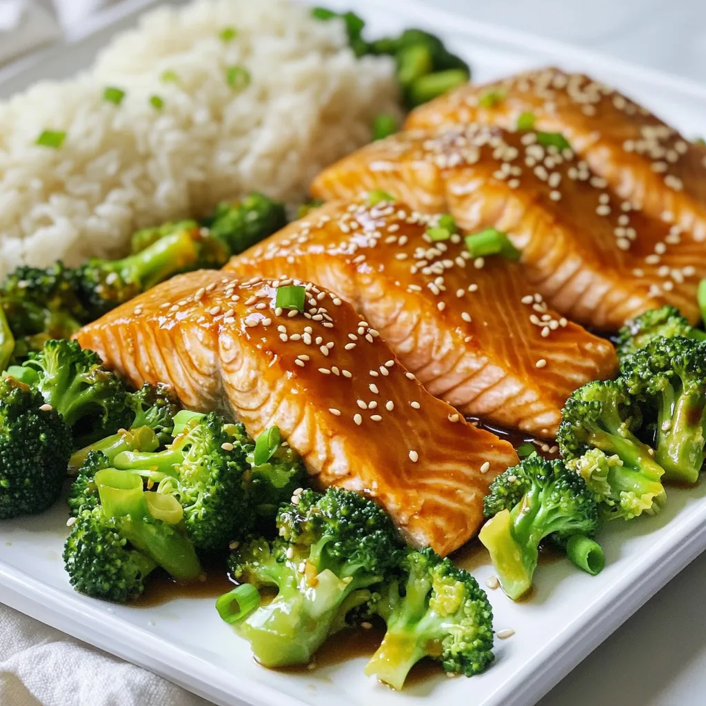 - 4 salmon fillets (6 oz each) - 2 cups broccoli florets - 1/4 cup low-sodium soy sauce - 3 tablespoons honey or maple syrup - 2 tablespoons rice vinegar - 2 tablespoons sesame oil - 3 cloves garlic, minced - 1 teaspoon freshly grated ginger The main stars of this dish are the fresh salmon and vibrant broccoli. Salmon fillets provide rich omega-3 fats. Broccoli adds crunch and nutrients, making it a perfect match. - Salt and pepper - 1 tablespoon sesame seeds - Chopped green onions for garnish Salt and pepper are key for flavor. Sesame seeds give a nice crunch and nutty taste. Green onions add freshness and a pop of color to the dish. - Cooked rice - Quinoa For a complete meal, serve this dish with rice or quinoa. Both options soak up the tasty teriyaki sauce and complement the salmon and broccoli well. 1. Preheat your oven and prepare baking sheet Set your oven to 400°F (200°C). Line a large baking sheet with parchment paper. This helps the salmon and broccoli cook well and prevents sticking. 2. Mix the teriyaki sauce In a small bowl, whisk together the soy sauce, honey (or maple syrup), rice vinegar, sesame oil, minced garlic, and grated ginger. Mix until it is well combined. This sauce adds a sweet and savory taste to the dish. 1. Arrange salmon and broccoli on the baking sheet Place the salmon fillets on one side of the baking sheet. Season with salt and pepper to taste. Brush the teriyaki sauce over the salmon, but save some for later. On the other side, add the broccoli florets. Drizzle with olive oil, sprinkle with salt and pepper, and toss to coat well. 2. Bake and glaze salmon with sauce Bake everything in the preheated oven for 15-20 minutes. The salmon should flake easily with a fork, and the broccoli should be tender and slightly crispy. In the last 5 minutes, drizzle the reserved teriyaki sauce over the salmon. This step enhances the flavor and gives a nice glaze. 1. Garnish with sesame seeds and green onions Once cooked, take the pan out and let it sit for a couple of minutes. Sprinkle sesame seeds and chopped green onions on top. This adds a nice crunch and fresh flavor. 2. Serve alongside optional grains For a complete meal, serve the salmon and broccoli with cooked rice or quinoa. This adds more texture and makes the dish even more filling. Enjoy your meal! To check if your salmon is done, look for its color. It should turn from bright pink to a more opaque hue. Use a fork to gently poke the fish. If it flakes easily, it's ready to eat. The optimal cooking time is about 15 to 20 minutes at 400°F. Thicker fillets may need a minute or two longer. To make your broccoli pop with flavor, try adding garlic powder or a squeeze of lemon juice. You can also sprinkle some red pepper flakes for a bit of heat. When roasting, make sure to toss the broccoli well with olive oil. This helps it get nice and crispy while cooking. Meal prep can save you time. Chop your broccoli a day ahead and store it in the fridge. You can also mix your teriyaki sauce early. When you’re ready to cook, just brush it on the salmon. Combine steps by placing everything on the sheet pan at once. This cuts down on dirty dishes and speeds up your cooking time. {{image_2}} You can enjoy this dish in different ways. Grilling is a great option for salmon and broccoli. The grill adds a nice smoky flavor. Preheat your grill and cook the salmon for about 6-8 minutes per side. For the broccoli, toss it in a grill basket for about 5-7 minutes. This method gives a charred taste that many love. If you prefer skillet cooking, you can make this dish on the stovetop. Heat a non-stick skillet over medium heat. Cook the salmon for about 4-5 minutes on each side. Add the broccoli to the same skillet, cover it, and steam for a few minutes. This method is quick and keeps the kitchen cool. You can switch up the ingredients to suit your taste. If you want different veggies, try bell peppers, green beans, or snap peas. Each of these adds a unique flavor and crunch. If you run out of teriyaki sauce, use a simple mix of soy sauce and honey. You can also make a quick sauce with equal parts soy sauce and maple syrup. Both options give a sweet and salty taste similar to teriyaki. For those who need gluten-free options, use tamari instead of soy sauce. It has a similar taste without the gluten. If you want a vegan-friendly option, replace salmon with tofu. Press and marinate the tofu in the same teriyaki sauce. Bake it alongside the broccoli until golden. This will give you a tasty, plant-based dish. To keep your Sheet Pan Teriyaki Salmon fresh, store leftovers in the fridge. Place the salmon and broccoli in an airtight container. This helps keep flavors intact. You can also layer parchment paper between pieces to avoid sticking. If you want to store them longer, freezing is a good choice. Wrap the salmon and broccoli tightly in plastic wrap or foil. Then, place them in a freezer-safe bag. This prevents freezer burn. When it's time to enjoy your leftovers, reheating is simple. The best method is to use an oven. Preheat it to 350°F (175°C). Place the salmon and broccoli on a baking sheet. Heat for about 10 minutes. This helps keep the salmon moist and the broccoli crispy. You can also use a microwave. Just place the food in a microwave-safe dish. Heat for 1-2 minutes, checking often to avoid overcooking. Stored properly, your teriyaki salmon lasts about 3 days in the fridge. After that, it may lose quality. If you freeze it, expect it to stay good for up to 3 months. Always check for signs of spoilage. If the salmon smells off or has a slimy texture, it’s best to throw it out. Fresh food is key to enjoying this dish! Yes, you can use frozen salmon. Just thaw it before cooking. Place it in the fridge overnight. If you're in a hurry, run it under cold water for 30 minutes. The cooking time might be a bit longer for frozen fillets. Make sure the salmon reaches 145°F (63°C) for safe eating. Most teriyaki sauces contain soy sauce, which has gluten. However, you can find gluten-free options. Look for sauces made with tamari or coconut aminos. These alternatives give a similar flavor without gluten. Always check the label to ensure it fits your diet. To add spice, try these tips: - Add crushed red pepper flakes to the teriyaki sauce. - Mix in some sriracha or chili paste. - Toss sliced jalapeños with the broccoli. These changes will bring extra heat and flavor to your salmon and broccoli dish. Enjoy the kick! This blog post covers how to make a tasty teriyaki salmon dish. We explored key ingredients like salmon, broccoli, and teriyaki sauce. I shared steps to prepare, cook, and serve with tips for perfect results. You can adapt the recipe for different diets and even try grilling. Follow my storage advice to keep leftovers fresh. Enjoy this dish knowing it’s easy and versatile. Your kitchen adventures just got a lot more fun!