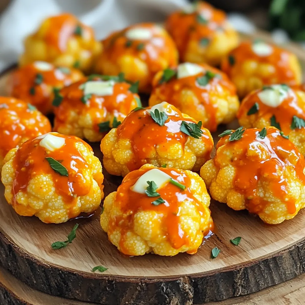 To make Air Fryer Buffalo Cauliflower Bites, you will need: - 1 medium head of cauliflower, cut into bite-sized florets - 1 cup all-purpose flour (or gluten-free flour) - 1 teaspoon garlic powder - 1 teaspoon onion powder - 1 teaspoon smoked paprika - 1/2 teaspoon salt - 1/4 teaspoon black pepper - 1 cup water (or plant-based milk for creaminess) - 1 cup buffalo sauce (adjust for spice preference) - 2 tablespoons melted vegan butter (optional, for richness) - Fresh parsley, chopped (for garnish) These ingredients come together to create a tasty and crispy snack. The cauliflower gives a nice texture, while the buffalo sauce adds that famous kick. You can easily swap out some ingredients to fit your needs: - Use gluten-free flour if you need a gluten-free option. - For a vegan version, ensure the buffalo sauce contains no animal products. - You can replace water with plant-based milk for a creamier batter. These alternatives keep the recipe flexible and accessible for many diets. To make your dish even more appealing, consider these garnishes: - Fresh parsley, chopped, adds color and freshness. - You can serve with a side of ranch or blue cheese dressing for dipping. - Add celery or carrot sticks on the side for crunch. These garnishes enhance the flavor and presentation of your Air Fryer Buffalo Cauliflower Bites. Start by rinsing the cauliflower head under cool water. Cut it into bite-sized florets. Make sure they are even in size for even cooking. Pat the florets dry with a kitchen towel. Removing moisture helps them get crispier in the air fryer. In a large mixing bowl, gather your ingredients. Add 1 cup of all-purpose flour, 1 teaspoon of garlic powder, and 1 teaspoon of onion powder. Next, include 1 teaspoon of smoked paprika, 1/2 teaspoon of salt, and 1/4 teaspoon of black pepper. Slowly pour in 1 cup of water or plant-based milk. Whisk everything together until you get a smooth batter. This will coat the florets nicely. Preheat your air fryer to 400°F (200°C) for about 5 minutes. Dip each floret into the batter. Make sure each piece is fully coated. Let any extra batter drip off before placing them in the air fryer basket. Arrange the florets in a single layer. You may need to do this in batches. Cook them for 12 to 15 minutes. Shake the basket halfway through for even crispiness. If you want an extra crispy finish, return them to the air fryer for another 2-3 minutes. To make your buffalo cauliflower bites extra crispy, start with dry florets. After washing, pat them dry with a towel. The drier they are, the crispier they'll get. When mixing your batter, keep it thick but smooth. If it’s too thin, your bites won’t crisp up well. After tossing them in sauce, you can air fry them again for a few minutes. This will make them even crunchier. Do you like it hot? You can adjust the spice in your buffalo sauce. If you prefer mild flavors, mix in some plant-based milk with the sauce. This cuts the heat but keeps the flavor. For extra heat, add cayenne pepper or more buffalo sauce. Test the sauce before tossing the bites in it. This way, you can find your perfect level of spice. One common mistake is overcrowding the air fryer. If you pile too many florets in, they won’t cook evenly. Always place them in a single layer for the best results. Another mistake is not shaking the basket halfway through cooking. This helps them cook evenly and become crispy all over. Lastly, don’t skip the final air fry step. It’s key for that extra crunch you want. {{image_2}} If you need a gluten-free option, you can use gluten-free flour. It works just as well. Look for a blend made for baking. The taste will stay great, and the texture will be crispy. Want more heat? Add cayenne pepper to the batter for a kick. You can also mix in some chopped jalapeños for extra spice. These add-ins make each bite even more exciting. Feel free to adjust the buffalo sauce too. Use a hotter brand if you like it fiery! When making this dish, you can choose vegan butter for a dairy-free option. It adds a rich taste without animal products. If you prefer regular butter, that works too. Both will give you a tasty finish. Just remember, the vegan option makes it suitable for everyone. After enjoying your buffalo cauliflower bites, let them cool down. Place the bites in an airtight container. You can store them in the fridge for up to four days. Make sure the container is sealed tight to keep them fresh. When you're ready to eat the leftovers, use your air fryer for reheating. This keeps the bites crispy. Preheat the air fryer to 350°F (175°C). Heat the bites for about 5-7 minutes. You can also use an oven. Place them on a baking sheet and heat at 350°F (175°C) for 10-15 minutes. You can freeze these bites if you have extras. First, let them cool completely. Then, spread them in a single layer on a baking sheet. Freeze them for about an hour. Once frozen, transfer them to a freezer bag. They can last up to three months. To thaw, place them in the fridge overnight. Reheat them in the air fryer as mentioned above. Enjoy your crispy bites even after freezing! Yes, you can use frozen cauliflower. Just thaw it first. Drain any extra water. This helps keep the bites crispy. When using frozen cauliflower, cook them a little longer. Check for crispiness before serving. To make it spicier, add more buffalo sauce. You can also mix in hot sauce or cayenne pepper. Adjust the amount to match your taste. Another option is to sprinkle chili powder in the batter. This will give it a kick without changing the texture. These bites pair well with many sides. You can serve them with celery sticks and carrot sticks. A creamy dip, like ranch or blue cheese, works great too. For a fun twist, add a side of quinoa salad or a fresh garden salad. We explored how to make tasty Air Fryer Buffalo Cauliflower Bites. Understanding the ingredients, step-by-step instructions, and tips helps you create the best bites. Remember, you can adjust the spice and try different diets, like gluten-free or vegan. Storing and reheating your bites is easy, ensuring you enjoy them later. I hope you feel ready to make these delicious snacks at home. Enjoy your cooking and share them with friends!