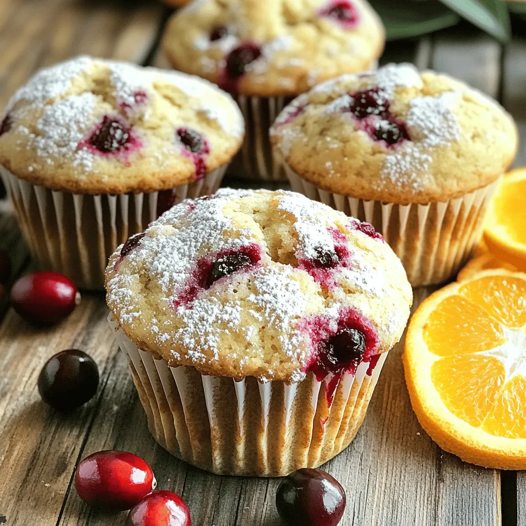 - 1 ½ cups all-purpose flour - ½ cup whole wheat flour - 1 teaspoon baking soda - 1 teaspoon baking powder - ½ teaspoon salt - ½ teaspoon ground cinnamon - ½ cup granulated sugar - ½ cup brown sugar I use a mix of all-purpose and whole wheat flour. This combo gives the muffins a nice texture. Baking soda and baking powder help the muffins rise. Salt enhances the flavors, while cinnamon adds warmth. The sugars provide sweetness and moisture. - ½ cup unsweetened applesauce - 2 large eggs - ⅓ cup vegetable oil - 1 teaspoon vanilla extract - Juice and zest of 1 medium orange Applesauce keeps the muffins moist and adds natural sweetness. Eggs bind all the ingredients. Vegetable oil adds richness, while vanilla gives a lovely aroma. The orange juice and zest bring bright flavor to each bite. - 1 cup fresh or frozen chopped cranberries - Optional: ½ cup chopped nuts (walnuts or pecans) Cranberries add a tart contrast to the sweet muffins. You can use fresh or frozen ones, depending on what you have. If you like, add chopped nuts for crunch and flavor. - Preheat the oven to 375°F (190°C). - Line the muffin tin with paper liners or grease it lightly. This step helps muffins release easily. - In a large bowl, combine 1 ½ cups all-purpose flour and ½ cup whole wheat flour. - Add 1 teaspoon baking soda, 1 teaspoon baking powder, ½ teaspoon salt, and ½ teaspoon ground cinnamon. - Mix in ½ cup granulated sugar and ½ cup packed brown sugar. Stir well to avoid lumps. - In another bowl, whisk together ½ cup unsweetened applesauce, 2 large eggs, and 1/3 cup vegetable oil. - Add 1 teaspoon vanilla extract, the zest of 1 medium orange, and its juice. - Make sure to mix until smooth. This blend adds flavor and moisture. - Pour the wet mixture into the dry ingredients. Mix gently until just combined. - Be careful not to overmix. This can make the muffins tough. - Fold in 1 cup chopped cranberries and optional ½ cup chopped nuts. Distribute them evenly in the batter. - Divide the batter evenly among the prepared muffin cups, filling each about 2/3 full. - Place the muffin tin in the preheated oven. Bake for 18-20 minutes. - To check if they're done, insert a toothpick into the center. If it comes out clean, they are ready. To achieve the best texture, avoid overmixing the batter. When you combine wet and dry ingredients, mix until just combined. A few lumps are okay. Overmixing can make your muffins dense and tough. For moist muffins, use unsweetened applesauce. It adds moisture without extra fat. Consider adding a touch more of applesauce if your mixture seems dry. This small change can make a big difference. When serving your muffins, presentation matters. Serve them warm, with a light dusting of powdered sugar on top. A slice of orange on the side adds a pop of color. This simple touch makes your muffins look gourmet. Pair your muffins with a cup of coffee or tea. The bright flavors of cranberry and orange go well with both. You can also serve them with yogurt for a balanced meal. You can use either fresh or frozen cranberries in this recipe. If you choose frozen, do not thaw them first. This keeps the muffins moist and fresh. If you want to cut sugar, you can use honey or maple syrup. For oil, try using melted coconut oil or more applesauce. Both options work well and keep the muffins tasty. {{image_2}} You can easily swap ingredients to suit your needs. For a gluten-free version, use a gluten-free flour mix. This will keep the muffins light and tasty. You can also add other fruits like blueberries or raisins. They will add extra sweetness and flavor. To boost flavor, consider adding spices. A pinch of nutmeg or cloves can warm up your muffins. You can also use flavored yogurt instead of plain. This adds creaminess and a unique taste to the mix. Want different sizes? You can make mini muffins. Just reduce the baking time to about 10-12 minutes. For a heartier breakfast, try jumbo muffins. Just fill the cups more and bake a few minutes longer. This way, you get a muffin that suits your appetite. I recommend keeping your cranberry orange muffins at room temperature. Place them in an airtight container. They stay fresh for about two days. If you want to keep them longer, the fridge is an option. Just know that the muffins may dry out a bit in the cold. Freezing muffins is easy. First, let them cool completely. Then, wrap each muffin in plastic wrap. After that, place them in a freezer-safe bag. You can freeze them for up to three months. When you want one, just take it out and let it thaw at room temperature. To reheat muffins, use the microwave for quick warming. Heat for about 15-20 seconds. If you prefer a crispy top, use the oven. Preheat it to 350°F (175°C) and warm the muffins for about 5-10 minutes. Enjoy them warm to bring back that fresh-baked taste! Yes, you can use frozen cranberries. They work well in this recipe. Just chop them roughly if they are large. You do not need to thaw them first. Frozen cranberries add a nice tartness. They also keep the muffins moist. This is a great way to enjoy the flavor all year round. To prevent muffins from sticking, prepare your muffin tin correctly. You can use paper liners for easy removal. If you choose to grease the tin, use a light coat of oil or butter. Make sure to cover the sides and bottom of each cup. This helps the muffins come out smoothly after baking. Yes, you can substitute applesauce for oil. This makes the muffins a bit healthier. Using applesauce keeps them moist, too. You can use the same amount of applesauce as oil. This swap lowers the fat content. Plus, it adds a hint of natural sweetness to your muffins. These muffins combine simple ingredients for a tasty treat. We covered dry and wet ingredients, mixing methods, and baking times. Remember to avoid overmixing for a moist texture. You can try different fruits or enhance flavors with spices. Store your muffins properly or freeze them for later enjoyment. With this guide, you'll create delicious muffins that suit any occasion. Enjoy making your own muffins!