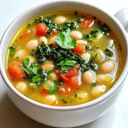 - 2 tablespoons olive oil - 1 medium onion, diced - 2 cloves garlic, minced - 2 medium carrots, diced - 2 celery stalks, diced - 1 teaspoon dried thyme - 1 teaspoon dried rosemary - 1 can (15 oz) cannellini beans, drained and rinsed - 4 cups vegetable broth - 1 can (14.5 oz) diced tomatoes, undrained - 2 cups kale leaves, chopped - Salt and pepper to taste - Optional: 1 tablespoon lemon juice for brightness - Fresh parsley for garnish Each ingredient plays a big role in this soup. The olive oil adds rich flavor and helps cook the veggies. The onion and garlic bring warmth and a homey scent. Carrots and celery add sweetness and crunch to the mix. Thyme and rosemary give the soup its classic Tuscan vibe. Cannellini beans are creamy and filling. The vegetable broth makes a tasty base. Diced tomatoes add tang and color. Kale adds nutrition and a lovely green touch. A hint of lemon juice lifts the flavors, while parsley gives a fresh finish. You can easily swap some ingredients. Use canola or avocado oil instead of olive oil. If you don’t have cannellini beans, try navy or great northern beans. For broth, chicken broth works too if you are not vegetarian. Spinach can replace kale for a softer green. If you want more spice, add some red pepper flakes. And, if you prefer fresh herbs, try basil or oregano instead of dried ones. Start by gathering all your ingredients. You will need olive oil, onion, garlic, carrots, celery, thyme, rosemary, cannellini beans, vegetable broth, diced tomatoes, kale, salt, pepper, and optional lemon juice. Dice the onion, carrots, and celery into small pieces. Mince the garlic cloves. Rinse the cannellini beans under cold water. Chop the kale into bite-sized pieces. 1. Heat two tablespoons of olive oil in a large pot over medium heat. 2. Once hot, add the diced onion. Sauté for about 3 to 4 minutes until it turns translucent. 3. Next, add the minced garlic, diced carrots, and celery. Cook for an additional 5 minutes. Stir occasionally. 4. Now, sprinkle in the dried thyme and rosemary. Stir them in to release their flavors. 5. Add the rinsed cannellini beans, vegetable broth, and undrained diced tomatoes. Bring this mixture to a gentle boil. 6. Lower the heat and let it simmer for about 20 minutes. This helps all the flavors blend well. 7. Stir in the chopped kale and cook for another 5 minutes. The kale should be tender. 8. Finally, add salt and pepper to taste. If you like, drizzle lemon juice on top for added brightness. Serve hot, garnished with fresh parsley. - When sautéing the onion, make sure it softens but does not brown. This keeps the flavor light. - Stir the soup occasionally to prevent sticking on the bottom of the pot. - Taste as you go. Adjust salt and pepper to your liking. - If you prefer more texture, add a few more vegetables like zucchini or bell peppers. - Always let the soup sit for a few minutes after cooking. This allows the flavors to deepen. These steps will help you create a tasty and warm Tuscan white bean soup that everyone will love! To boost the taste of your Tuscan white bean soup, use fresh herbs. Fresh thyme and rosemary add a great punch. For depth, add smoked paprika or a dash of cayenne pepper. These spices give warmth and excitement. A splash of lemon juice before serving brightens the soup. It adds a lovely zing that lifts the flavors. Don’t skip the salt and pepper; they balance everything out. One common mistake is overcooking the vegetables. You want them tender, not mushy. Stirring too much can also break the beans. They are delicate, so let them stay whole for texture. Another error is not seasoning enough. Taste as you go to find the right balance. Lastly, don’t skip the simmering time. This step helps the flavors meld together for a delicious result. Serve your soup with a slice of crusty bread. It makes a great pairing for dipping. A simple green salad can also complement the meal. For a heartier option, top the soup with grilled chicken or sausage. A sprinkle of fresh parsley adds color and freshness. Enjoy your soup warm for the best taste and comfort. {{image_2}} You can easily add protein to your Tuscan white bean soup. For a hearty touch, try Italian sausage. Just remove the sausage from its casing and crumble it into the pot. Cook it with the onions until brown. This adds a rich flavor to the soup. If you prefer chicken, use cooked rotisserie chicken. Just shred it and stir it in during the last five minutes of cooking. This gives you a filling meal without much extra work. This soup is already vegetarian, but you can also make it vegan. Just replace the vegetable broth with homemade broth or store-bought vegan broth. You can also add more veggies like bell peppers or zucchini for extra color and texture. If you want a creamier soup, blend a portion of the beans with broth. This will give the soup a nice, smooth texture. If you like heat, red pepper flakes are your friend. Add a pinch while cooking the onions for a gentle warmth. If you want more spice, add a teaspoon or two, depending on your taste. For a different kick, try adding diced jalapeños. They add a fresh heat that brightens the soup. This variation is perfect for those chilly nights when you crave something warm and spicy. To store leftovers, let the soup cool down first. Use a clean container with a lid. I recommend using glass containers for easy reheating. You can keep the soup in the fridge for up to four days. Make sure to label the container with the date. This helps track how long it has been stored. When you're ready to enjoy your soup again, reheating is simple. Pour the soup into a pot over medium heat. Stir it well to warm evenly. If the soup is too thick, add a splash of water or broth. Heat until it bubbles, then serve. You can also reheat it in the microwave. Use a microwave-safe bowl and cover it loosely. Heat in short bursts, stirring in between. If you want to freeze the soup, it's best to do it right after cooking. Let the soup cool completely, then pour it into freezer-safe bags or containers. Leave some space at the top for expansion. You can freeze it for up to three months. When you're ready to eat it, thaw it overnight in the fridge. Reheat as mentioned before to enjoy a warm meal. Yes, you can use other beans. Great options include navy beans or pinto beans. Each type offers a unique taste. Just make sure to drain and rinse them, like with cannellini beans. This keeps the soup light and fresh. To thicken the soup, mash some beans. You can use a fork or a potato masher. This adds creaminess without extra fat. Another way is to let the soup simmer longer. This reduces liquid and makes it hearty. Some great sides include crusty bread or a fresh salad. Bread helps soak up the soup. A salad adds crunch and freshness. You could also serve with a light pasta dish for a full meal. This blog post covers key ingredients, step-by-step cooking, and helpful tips for Tuscan White Bean Soup. We explored alternatives and variations, like adding protein or making it vegan. Remember to avoid common mistakes for the best flavor. Store leftovers properly to enjoy later. With the right knowledge and these steps, you can make a delicious soup. Trust your skills and have fun experimenting with flavors. Enjoy making this comforting dish your own!
