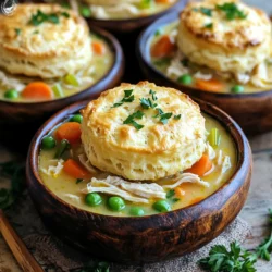 - 1 lb boneless, skinless chicken breasts - 1 medium onion, chopped - 3 carrots, diced - 3 stalks of celery, diced - 3 cloves garlic, minced - 4 cups chicken broth - 1 cup frozen peas - 2 medium potatoes, peeled and diced - 1 cup heavy cream This soup starts with tender chicken breasts. You can use fresh or frozen ones. I love using a mix of fresh veggies. They add flavor and nutrition. Onion, carrots, celery, garlic, peas, and potatoes work well together. The chicken broth creates a savory base. Heavy cream gives it that rich, creamy texture that makes this soup so comforting. - 1 teaspoon dried thyme - 1 teaspoon dried rosemary - 1 teaspoon paprika - Salt and pepper to taste Seasonings make this soup shine. I use dried thyme, rosemary, and paprika for warmth and depth. Salt and pepper help bring out the flavors. Adjust these to your taste. Fresh herbs can also add a nice touch if you have them on hand. - 1 cup biscuit mix To top off this soup, I use a simple biscuit mix. It adds a nice, fluffy crunch. Just prepare it as directed on the package. You can dollop it right on top of the soup before serving. For a golden finish, broil the bowls for a few minutes. This makes for a fun and tasty twist on classic chicken pot pie! Start by placing the boneless chicken breasts at the bottom of your slow cooker. This step is key to keeping the chicken juicy. Season the chicken with salt, pepper, dried thyme, dried rosemary, and paprika. These spices add great flavor to your dish. Make sure every piece is coated well. Next, layer the chopped onion, diced carrots, diced celery, minced garlic, frozen peas, and diced potatoes over the seasoned chicken. Each vegetable brings its own taste and texture, making the soup hearty. After the vegetables, carefully pour in the chicken broth. This broth will blend all the flavors as it cooks. Now it’s time to set your slow cooker. You can choose the low setting for 6 to 8 hours or the high setting for 3 to 4 hours. Whichever you choose, the chicken should become tender and flavorful. Check the chicken about 30 minutes before the cooking time ends. It should be fully cooked and easy to shred. Once the cooking time is up, carefully remove the chicken from the slow cooker. Use two forks to shred the chicken into bite-sized pieces. Return the shredded chicken to the pot. Next, stir in the heavy cream. This will make your soup rich and creamy. Adjust the seasoning with salt and pepper if needed. For the biscuit topping, grab a separate bowl and prepare the biscuit mix according to the package instructions. This will give you a quick and easy topping. When ready to serve, ladle the soup into bowls. Add spoonfuls of biscuit dough on top. For a golden finish, you can place the bowls under the broiler for 2 to 3 minutes. This step will give your biscuits a lovely color and texture. To boost flavor, you can add more herbs. Try using fresh thyme or rosemary for a bright taste. You can also swap in lemon juice for a zesty kick. If you want more depth, consider adding a dash of soy sauce or Worcestershire sauce. For veggies, you can use what you have. Sweet corn, green beans, or even bell peppers work well. Just remember that softer veggies may need less cooking time. For best results, I suggest using a 6-quart slow cooker. This size gives you enough space for all the ingredients. If you have a programmable one, it can help you time it just right. Cooking times can differ based on your slow cooker. For most, low heat takes about 6 to 8 hours. If you’re in a rush, you can cook it on high for 3 to 4 hours. Just check that the chicken is fully cooked. To serve, ladle the soup into rustic bowls. This adds charm and warmth. Top each bowl with a spoonful of biscuit dough. For a pop of color, sprinkle fresh parsley on top. If you want to go the extra mile, place the bowls under the broiler for a few minutes. This gives the biscuit topping a lovely golden crust. It not only looks good but tastes amazing! {{image_2}} You can easily switch out some ingredients in this recipe. If you have leftover rotisserie chicken, use it! Just shred the chicken and add it during the last hour of cooking. This saves time and adds great flavor. For vegan or vegetarian options, try using chickpeas or tofu instead of chicken. Use vegetable broth and add more veggies like mushrooms or zucchini. This keeps the soup hearty while making it plant-based. To change up the flavor, consider adding different herbs. Fresh herbs like dill or basil can really brighten the soup. You can also mix in a bay leaf while cooking for a deeper taste. If you like heat, add spices like cayenne pepper or crushed red pepper flakes. Start small and adjust to your taste. A little spice can make this soup even more comforting. For the topping, try different types of biscuit mixes. You can use cornbread mix for a sweet twist. You might also want to use puff pastry. It gives a flaky texture that pairs well with the soup. Creative topping options can include crunchy bread or crackers. Serve some toasted bread or croutons on the side. This adds a fun crunch that makes every bite exciting! To keep your chicken pot pie soup fresh, store it in an airtight container. Place the soup in the fridge. It will last up to four days. If you want to save it longer, freeze the soup. Transfer it to a freezer-safe container. It will stay good for about three months. Always let the soup cool before freezing. This helps keep the texture right. When you're ready to enjoy your leftovers, reheat them gently. You can use the microwave or a pot on the stove. If using a microwave, heat in short bursts. Stir often to avoid hot spots. If using the stove, warm over low heat. Stir to mix well. To keep the biscuit topping intact, avoid boiling the soup. Instead, heat it slowly. If you have extra biscuit dough, you can bake it fresh. Just follow the package instructions. This gives you that lovely, warm topping again. To thicken chicken pot pie soup, you have a few options. You can use: - Cornstarch: Mix cornstarch with water and add it to the soup. - Flour: Make a roux by cooking flour with butter before mixing it in. - Mashed potatoes: Stir in some extra mashed potatoes for creaminess. These methods work well for a rich, hearty soup that feels thick and satisfying. Yes, you can prepare this soup in advance. To get the best flavor, follow these steps: 1. Cook the soup as directed. 2. Cool it down before storing in the fridge. 3. Keep it in an airtight container for up to three days. This way, the flavors have time to blend. Reheat slowly on the stove when you're ready to serve. Chicken pot pie soup pairs well with several side dishes. Here are a few tasty options: - Crusty bread: Perfect for dipping. - Simple salad: A fresh green salad balances the meal. - Fruit: A fruit platter adds a sweet touch. These sides enhance the meal and make it feel special. Chicken pot pie soup lasts about three to four days in the fridge. For safety, keep it in a sealed container. If you want to store it longer, you can freeze it. Just make sure to use it within three months for the best taste. This blog post covered how to make a delicious chicken pot pie soup, from main ingredients to cooking tips. By using simple steps, everyone can create this comforting dish at home. Remember to experiment with ingredients and seasonings for your unique flavor. Whether you add herbs or swap toppings, the options are endless! Enjoy this dish fresh or as leftovers, and make it your own.