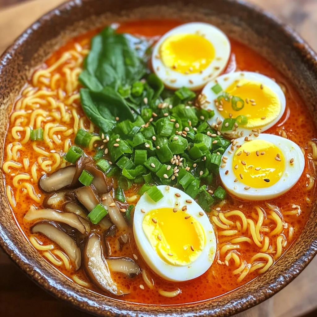 - 4 cups chicken or vegetable broth - 2 tablespoons gochujang (Korean chili paste) - 2 packets of instant ramen noodles - 2 soft-boiled eggs - 1 cup sliced shiitake mushrooms - 1 cup baby spinach - 1 tablespoon soy sauce - 1 tablespoon sesame oil - 2 green onions, chopped - 1 teaspoon minced garlic - Salt and pepper to taste - Sesame seeds for garnish (optional) Making spicy gochujang ramen is easy and fun. The main ingredients bring depth and heat to the dish. I love using chicken or vegetable broth as the base. It adds rich flavor. The gochujang gives it that signature spicy kick. Instant ramen noodles cook quickly, making this a fast meal. For the added texture and flavor, I use soft-boiled eggs. They are creamy and delicious. Sliced shiitake mushrooms add an earthy note. Baby spinach brings a fresh touch and a pop of color. To finish, I season with soy sauce and sesame oil. Green onions and sesame seeds make great garnishes, too. They add crunch and more flavor. Each ingredient plays a role, making this ramen a delight. - Boil a small pot of water. - Carefully add 2 eggs and boil for 6-7 minutes. - Remove the eggs and place them in an ice bath. - Once cooled, gently peel the eggs and set them aside. - Heat 1 tablespoon of sesame oil in a large pot over medium heat. - Add 1 teaspoon of minced garlic and sauté for about 1 minute until fragrant. - Stir in 2 tablespoons of gochujang with the garlic. - Mix well and let it cook for another minute. - Pour in 4 cups of chicken or vegetable broth and bring to a simmer. - Add 2 packets of instant ramen noodles and cook for 3-4 minutes. - In the last minute, add 1 cup of sliced shiitake mushrooms and 1 cup of baby spinach. - Stir in 1 tablespoon of soy sauce. - Season with salt and pepper to taste. - Divide the ramen soup into bowls, including mushrooms and spinach. - Halve the soft-boiled eggs and place them on top. - Garnish with chopped green onions and sesame seeds if desired. To make soft-boiled eggs, timing is key. Start by boiling water in a small pot. Once it boils, gently add the eggs. Boil for 6-7 minutes for a creamy yolk. After boiling, place the eggs in an ice bath. This cools them down fast and makes peeling easy. When they’re cool, gently tap and peel the shells. A perfect soft-boiled egg has a tender white and a runny yolk. Adding extra spices can take your ramen to the next level. Try adding a splash of rice vinegar for tang. You can also sprinkle some red pepper flakes for more heat. If you love garlic, add more minced garlic when cooking the broth. A drizzle of chili oil just before serving can add a rich flavor. These small tweaks make your ramen even more delicious. How you serve your ramen matters. Use deep bowls to hold the broth. Start by placing the noodles in the center. Then, artfully arrange the mushrooms and spinach around them. Halve the soft-boiled eggs and place them on top, cut side up. Finish with a sprinkle of green onions and sesame seeds. This not only looks great but also makes each bite special. {{image_2}} You can give your ramen a boost by adding protein. Chicken works great when cooked and shredded. Tofu is an excellent choice for a plant-based option. You can also toss in shrimp or scallops for a seafood twist. Just add them to the broth and let them cook until done. If you want a vegetarian bowl, switch the broth to vegetable. You can load your ramen with different veggies. Try carrots, bell peppers, or bok choy. These options add color and flavor. You can mix and match based on what you like or have on hand. To make your ramen spicier, add more gochujang. You can also throw in some chili flakes or fresh chili slices. This lets you control the heat and customize it to your taste. If you enjoy bold flavors, don’t hold back! To keep your Spicy Gochujang Ramen fresh, store leftovers in an airtight container. This helps prevent spills and keeps flavors intact. You can keep the ramen in the fridge for up to 3 days. If you want to save it longer, consider freezing it. When it's time to enjoy your ramen again, reheat it gently. The best way is to warm it on the stove. Pour the ramen into a pot over low heat. Stir often to avoid burning. You can also use the microwave. Just heat in short bursts, stirring in between. If you want to freeze your ramen, do it right. Store the broth and noodles separately. This keeps them from getting mushy. You can freeze the broth for up to 3 months. Noodles can last about 2 months in the freezer. When ready to eat, thaw and combine them in a pot. Gochujang is a Korean chili paste. It has a sweet and spicy flavor. The paste adds depth to dishes. You can use it in soups, marinades, or sauces. It mixes well with broth for ramen. Yes! You can use different noodles. Udon or soba noodles work well. Rice noodles are a great option too. Just cook them according to the package instructions. Adjust the cooking time to fit your choice. To make this ramen vegetarian, use vegetable broth. Replace meat with more veggies. Add tofu for protein or extra mushrooms. Edamame and carrots add great taste too. This keeps the dish hearty and full of flavor. Ramen pairs well with several sides. Try steamed dumplings for a tasty bite. A simple salad with sesame dressing is refreshing. You can also serve pickled vegetables for a tangy crunch. These sides elevate your meal. Absolutely! You can add many vegetables to your ramen. Try bok choy, bell peppers, or zucchini. Carrots and corn can add sweetness. Just remember to cook them until tender. This makes your ramen colorful and nutritious. You can create a delicious ramen bowl with simple ingredients and easy steps. Start with broth, gochujang, and noodles. Add soft-boiled eggs, mushrooms, and spinach for taste. Remember to season well and present it nicely. Feel free to customize your ramen with proteins or extra spices. Store leftovers properly and reheat for later. Enjoy this warm and comforting dish that you can make at home. It's a fun way to explore flavors and share with others.