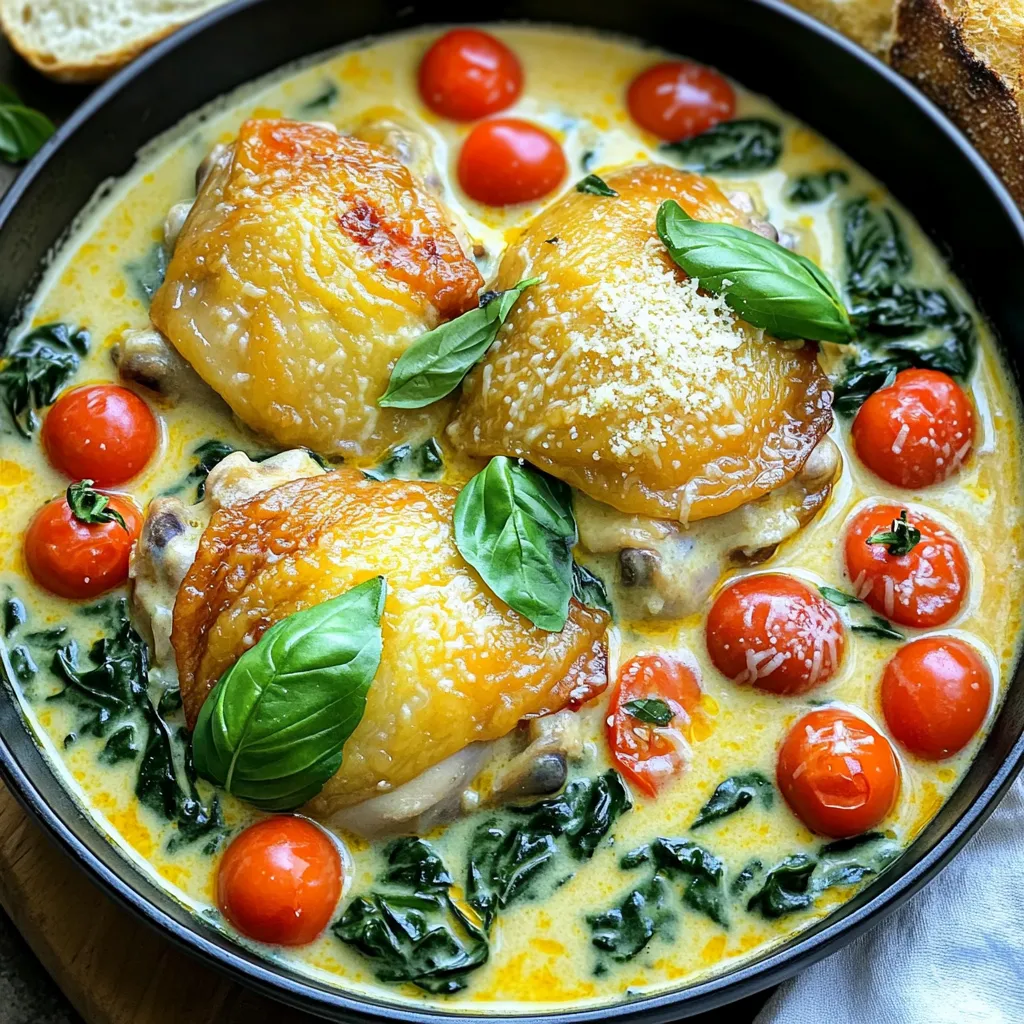 - 6 bone-in chicken thighs, skin removed - 1 cup cherry tomatoes, halved - 2 cups fresh baby spinach - 1 tablespoon olive oil - 3 cloves garlic, minced - 1 teaspoon Italian seasoning - 1 cup heavy cream - 1 cup chicken broth - 1/2 cup grated Parmesan cheese The main ingredients in this dish create a rich and hearty meal. The chicken thighs provide a juicy base. Bone-in chicken thighs stay moist during cooking. They offer great taste and tenderness. Cherry tomatoes add a burst of freshness. Their sweetness balances the flavors. Fresh baby spinach brings a pop of color and nutrition. For seasoning, I use olive oil for a smooth base. Garlic adds depth and aroma. Italian seasoning brings warmth and earthiness. This mix of spices makes the dish exciting. In the dairy and broth section, heavy cream is key. It makes the sauce rich and luscious. Chicken broth boosts flavor and moisture. Finally, grated Parmesan cheese adds a salty, nutty finish. This trio combines to create a creamy sauce that clings to the chicken. Each ingredient works together to make this meal special. You’ll find each bite satisfying and full of flavor. - Seasoning the chicken thighs: Start by taking the chicken thighs. Sprinkle salt and black pepper on both sides. This simple step adds great flavor to the dish. - Searing the chicken: Heat olive oil in a skillet over medium-high heat. Once hot, place the chicken thighs in the skillet. Sear them for about 3-4 minutes on each side until they turn golden brown. This gives the chicken a nice crust and enhances the flavor. After searing, transfer the chicken to the slow cooker. - Adding vegetables and seasonings: In the slow cooker, add the halved cherry tomatoes and minced garlic on top of the seared chicken. Sprinkle the Italian seasoning over everything. The tomatoes will add sweetness, and the garlic will bring out rich flavors. - Mixing the cream and broth: In a separate bowl, whisk together the chicken broth and heavy cream. This mixture adds a creamy texture to the dish. Pour this liquid over the chicken and vegetables in the slow cooker, making sure everything is well coated. - Low and high cooking times: Cover the slow cooker with its lid. You can cook on low for 6-7 hours or on high for 3-4 hours. The low setting is best for tender chicken. - How to check for doneness: To check if the chicken is done, use a meat thermometer. It should read at least 165°F (75°C). The chicken should be tender and easy to pull apart. If it is not done, let it cook a bit longer. To get that rich, creamy texture in your Slow Cooker Creamy Tuscan Chicken Thighs, heavy cream is key. It gives the dish a velvety feel. Add the cream towards the end of cooking. This keeps it from curdling. You want it smooth and luxurious. Fresh herbs make a huge difference in flavor. I love using basil in this dish. Chop it finely and sprinkle it in before serving. It brings a fresh taste. Adjusting seasoning is easy too. Taste the sauce before serving. If it needs more salt or pepper, add it. It’s all about your preference. For sides, I recommend pasta or rice. They soak up the creamy sauce well. Crusty bread is perfect for dipping too. Serve the chicken over your choice of side. This way, you get every bit of that delicious sauce. Enjoy a complete meal that feels special without too much work! {{image_2}} You can change the recipe by using skin-on chicken thighs. This adds extra flavor and crispiness. Just sear the skin well before adding it to the slow cooker. You can also swap in different vegetables. Bell peppers, zucchini, or mushrooms work great. Just chop them up and add them with the tomatoes. They will soak up all the tasty sauce. If you need a gluten-free version, use gluten-free chicken broth. This keeps the dish tasty without gluten. Always check labels to be sure. For a dairy-free option, swap heavy cream with coconut milk. It adds a nice creaminess. You can also leave out Parmesan cheese or use a dairy-free substitute. You can brighten the dish by adding lemon zest. Just a teaspoon of zest will give it a fresh taste. It pairs well with the creamy sauce and tomatoes. If you like heat, add red pepper flakes. Start with a pinch and taste as you go. This adds a spicy twist to the dish and makes it even more exciting. To store leftovers properly, let the chicken cool completely. Place it in an airtight container. Seal it tightly to keep out air. You can store it in the fridge for up to three days. When reheating, use the microwave or stovetop. Heat it until warm. Be careful not to overcook it, or the chicken might dry out. For freezing, allow the dish to cool first. Use freezer-safe containers or heavy-duty freezer bags. Make sure to remove as much air as possible. You can freeze the chicken for up to three months. When ready to eat, thaw it overnight in the fridge. Reheat it gently on the stovetop or in the microwave. This dish lasts in the fridge for about three days. Signs of spoilage include an off smell or color changes. If you see mold, throw it away immediately. Always trust your senses. If it looks or smells odd, it’s better not to eat it. Yes, you can use chicken breasts. However, thighs are juicier and more flavorful. Breasts may dry out if overcooked. If you choose breasts, reduce cooking time slightly. To thicken the sauce, you can add a cornstarch slurry. Mix one tablespoon of cornstarch with two tablespoons of cold water. Stir this mixture into the sauce. Cook for a few more minutes until it thickens. If you want to avoid heavy cream, use half-and-half or coconut cream. Both will give a creamy texture. You could also use Greek yogurt, but it may change the flavor slightly. Absolutely! Feel free to add bell peppers, zucchini, or mushrooms. Just chop them evenly. Add them to the slow cooker with the tomatoes and garlic. They will cook down nicely. Yes, this recipe is great for meal prep. It keeps well in the fridge for up to four days. Just store it in an airtight container. You can also freeze it for up to three months. This blog post covers a creamy slow cooker chicken dish made with simple ingredients. You learned how to season, cook, and adjust flavors for great taste. I included tips on pairing sides and swapping ingredients to meet different diets. Remember, heavy cream and fresh herbs are keys to flavor and creaminess. Store leftovers properly for best taste. Enjoy the cooking process and get creative with your variations. This dish will surely impress at your next meal. Let your kitchen be a place of joy and exploration!