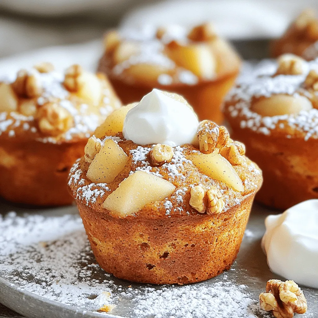 Cooking starts with the right ingredients. For these spiced pear and walnut breakfast muffins, you need a few simple items. Let’s list them out clearly: - 2 ripe pears, peeled and diced - 1 cup walnuts, roughly chopped - 1 ½ cups all-purpose flour - ½ cup brown sugar - ½ cup granulated sugar - 1 teaspoon baking powder - ½ teaspoon baking soda - ½ teaspoon ground cinnamon - ¼ teaspoon ground nutmeg - ¼ teaspoon salt - 2 large eggs - ½ cup vegetable oil - 1 teaspoon vanilla extract - ½ cup milk Each ingredient plays a key role. The ripe pears add natural sweetness and moisture. Walnuts provide a nice crunch and extra flavor. Flour holds everything together while the sugars sweeten the muffins. Baking powder and baking soda help them rise. Spices like cinnamon and nutmeg give warmth and comfort. Eggs bind the mixture, and oil keeps the muffins moist. Vanilla and milk round out the flavor profile. Understanding these ingredients helps you appreciate your muffins even more. You can also experiment with them to suit your taste. Enjoy the process and the delicious results! 1. Preheat your oven to 350°F (175°C). Line a muffin tin with paper liners or grease it lightly. This step helps the muffins release easily. 2. In a medium bowl, mix together the dry ingredients. Combine 1 ½ cups of all-purpose flour, 1 teaspoon baking powder, ½ teaspoon baking soda, ½ teaspoon ground cinnamon, ¼ teaspoon ground nutmeg, and ¼ teaspoon salt. Set this bowl aside for later. 3. Take a large mixing bowl. Whisk ½ cup brown sugar, ½ cup granulated sugar, and 2 large eggs. Keep whisking until the mixture is smooth and creamy. 4. Gradually add in ½ cup vegetable oil and 1 teaspoon vanilla extract. Continue to whisk until everything is fully mixed. 5. Pour in ½ cup milk and mix gently. Ensure the mixture comes together, but don’t overdo it. 6. Now it’s time to combine the dry and wet mixtures. Add the dry ingredients to the wet bowl. Stir gently until no dry flour remains. Overmixing can make your muffins tough. 7. Fold in the diced pears and chopped walnuts. Make sure they are evenly distributed throughout the batter. This gives each bite a lovely texture. 1. Spoon the batter into the prepared muffin tin. Fill each cavity about 2/3 full. This allows enough space for them to rise. 2. Bake in the preheated oven for 18-20 minutes. Check if they are done by inserting a toothpick into the center. If it comes out clean, they’re ready! 3. Allow the muffins to cool in the tin for 5 minutes. After that, transfer them to a wire rack to cool completely. This helps them keep their shape and texture. To get the best texture in your muffins, start with ripe pears. They add moisture and flavor. Use fresh walnuts for crunch and taste. The right mix of wet and dry ingredients is key. Aim for a soft and fluffy muffin. Avoid overmixing the batter. When you add the dry mix to the wet mix, stir gently. Stop mixing when no dry flour is visible. This keeps your muffins light and airy. Too much mixing makes them tough. Serve your muffins warm for the best taste. A light dusting of powdered sugar makes them look fancy. Pair them with a dollop of Greek yogurt for creaminess. This adds a nice contrast to the spices. Enjoy your muffins with a steaming cup of coffee or tea. The warm drinks balance the sweet pears and nuts. You can also slice the muffins in half and spread a bit of butter. This adds a rich flavor that is hard to resist. {{image_2}} You can easily change the nuts in these muffins. If you prefer, try using pecans or hazelnuts. They both add great flavor and crunch. For a different taste, consider adding pumpkin seeds or sunflower seeds. These will make your muffins unique and fun. Spices can also transform your muffins. While cinnamon and nutmeg are classic, you might try ginger or cardamom. Both spices can add a warm kick. You could also mix in some allspice for an exciting twist. Experiment with these options to find your favorite flavor. If you need gluten-free muffins, you can substitute all-purpose flour with a gluten-free blend. Many brands offer blends that work well in baking. Just make sure it has xanthan gum for the right texture. You can also use almond flour for a nutty flavor. For a vegan version, replace the eggs with flaxseed meal. Mix 1 tablespoon of flaxseed meal with 2.5 tablespoons of water. Let it sit for a few minutes to thicken. You can use almond milk instead of regular milk. This way, everyone can enjoy these tasty muffins! To keep your spiced pear and walnut breakfast muffins fresh, store them in an airtight container. This method prevents moisture loss and keeps them soft. You can place a paper towel inside the container to absorb any excess moisture. For best results, store them at room temperature. This keeps the muffins tasty for up to three days. If you want to save them for longer, freezing is a great option. Wrap each muffin tightly in plastic wrap and then place them in a freezer bag. They can last for about three months in the freezer. When you're ready to enjoy them, simply thaw at room temperature or reheat them. To reheat your muffins for the best taste and texture, use an oven or a microwave. If using an oven, preheat it to 350°F (175°C). Place the muffins on a baking sheet and heat for about 5-10 minutes. This warms them through and revives their lovely texture. If you're short on time, use the microwave. Heat one muffin for about 15-20 seconds. This will warm it, but be careful not to overheat. You want your muffins to stay soft and moist. Enjoy your muffins warm for a delightful start to your day! Yes, you can use other fruits. Apples work well, or try bananas for sweetness. Just make sure to adjust the moisture by adding or reducing liquids if needed. These muffins stay fresh for about three days at room temperature. You can keep them in an airtight container. For longer storage, place them in the fridge for up to a week. Dense muffins usually mean they were overmixed or too much flour was added. To fix this, mix just until combined. If you find your batter too thick, add a splash more milk to lighten it up. This blog covered how to make delightful pear muffins. We explored ingredients, step-by-step instructions, and tips for perfect results. Remember to avoid overmixing for the best texture. You can also try different nuts or spices for a fun twist. Storing them correctly keeps them fresh, while reheating brings back their flavor. Whether for breakfast or a snack, these muffins are a treat. Enjoy baking and sharing them with family and friends!