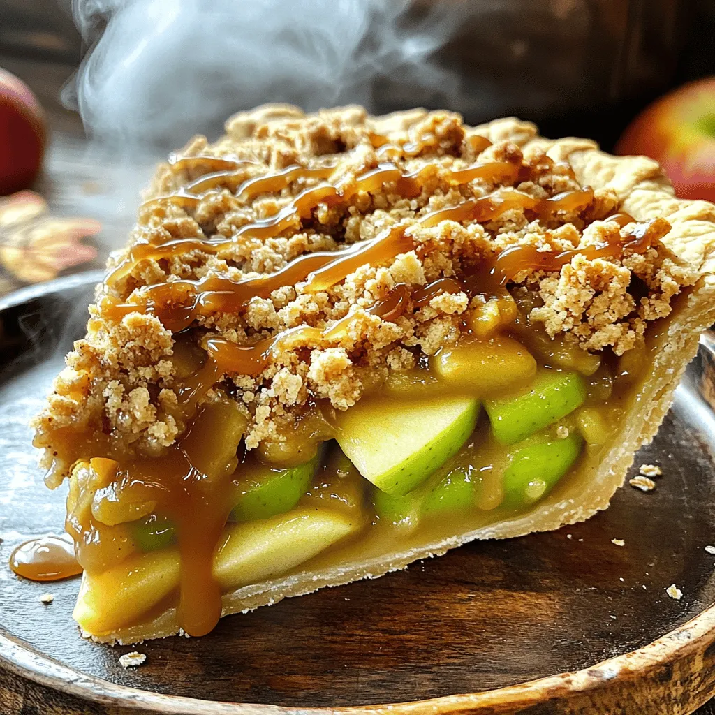 - 4 cups Granny Smith apples, peeled and sliced - 1 cup brown sugar - 1 teaspoon cinnamon - 1/2 teaspoon nutmeg - 1 tablespoon lemon juice - 1 tablespoon cornstarch - 1 pre-made pie crust (or homemade) - 1 cup rolled oats - 1/2 cup all-purpose flour - 1/2 cup cold unsalted butter, cubed - 1/2 cup sugar - 1/2 cup store-bought caramel sauce (or homemade) - Pinch of salt The main ingredients for this pie are simple and fresh. I love using Granny Smith apples. They are tart and hold their shape well when baked. Brown sugar adds a rich sweetness. Cinnamon and nutmeg give warmth and spice. Lemon juice helps keep the apples bright. Cornstarch thickens the filling and makes it juicy but not runny. - Pre-made pie crust (or homemade) - Mixing bowls - Baking dish - Oven Having a good pie crust is key. You can use store-bought or make your own. The right tools make baking easier. Mixing bowls help combine ingredients well. A good baking dish ensures even cooking. - Chopped nuts (like walnuts or pecans) - Dried fruit (like raisins or cranberries) - Extra spices (like ginger or allspice) You might want to add some fun extras. Chopped nuts add crunch. Dried fruit can bring extra sweetness. A sprinkle of extra spices can brighten the flavor. Feel free to mix and match these for your perfect pie! To make the apple filling, start by peeling and slicing 4 cups of Granny Smith apples. These apples give the pie a nice tart flavor. In a large bowl, mix the sliced apples with 1 cup of brown sugar, 1 teaspoon of cinnamon, and 1/2 teaspoon of nutmeg. Add 1 tablespoon of lemon juice and 1 tablespoon of cornstarch to help thicken the juices. Toss everything well until the apples are coated. Let the mixture sit for a few minutes so the flavors can blend. Next, we will make the crumble topping. In another bowl, combine 1 cup of rolled oats, 1/2 cup of all-purpose flour, and 1/2 cup of sugar. Add a pinch of salt to enhance the taste. Cut in 1/2 cup of cold cubed unsalted butter using your fingers or a pastry cutter. Mix until the mixture looks like coarse crumbs. This topping will add a nice crunch to your pie. Now it’s time to put everything together. First, place a pre-made pie crust in a 9-inch pie dish. Press it into the bottom and sides firmly. Pour the prepared apple filling into the pie crust evenly. Drizzle half of the 1/2 cup of store-bought caramel sauce over the apple filling for extra flavor. Then, sprinkle the crumble topping evenly over the apples. Bake the pie in a preheated oven at 350°F (175°C) for about 45-50 minutes. You want the apples to be tender and the topping golden brown. Once done, let the pie cool for at least 15 minutes. Drizzle the remaining caramel sauce on top just before serving. Enjoy your delicious caramel apple crumble pie! For the best caramel apple crumble pie, choose apples that are firm and tart. Granny Smith apples are my top pick. They hold their shape well and add a nice tart flavor. Other great options include Honeycrisp and Braeburn apples. These apples balance sweetness with a bit of tartness, making your pie taste amazing. A soggy crust can ruin your pie. To avoid this, pre-bake your crust for 10 minutes. This helps set the crust and keeps it crisp. Also, sprinkle a bit of flour or cornstarch on the bottom before adding your apple filling. This will help absorb extra juice. Bake your pie at 350°F (175°C). This temperature helps the apples cook slowly and evenly. Check your pie after 45 minutes. Look for a golden brown crumble topping and tender apples. If the topping browns too fast, cover it with foil. Let the pie cool for at least 15 minutes before serving. This cooling time lets the filling set up nicely. {{image_2}} If you want a gluten-free crust, there are great options. You can use almond flour or a gluten-free pie crust mix. Just follow the package instructions for best results. Press the crust into your pie dish and bake as normal. Using a gluten-free crust makes this pie fit for everyone. You can change the toppings for different flavors. Try adding chopped nuts like pecans or walnuts for a nice crunch. You can also sprinkle shredded coconut on top for a tropical twist. If you want something extra sweet, drizzle some chocolate sauce over the crumble. Add spices or nuts to boost the flavor of your pie. A pinch of ginger or allspice can warm up the taste. Chopped pecans or almonds add a nice texture. If you love a bit of saltiness, sprinkle a little sea salt on top before baking. These small changes can make your pie special! To store leftover caramel apple crumble pie, let it cool first. Cover the pie with plastic wrap or foil. Place it in the fridge. It will stay fresh for up to three days. Keeping it cool helps maintain the taste and texture. When you want to enjoy your pie again, preheat your oven to 350°F (175°C). Place a slice of pie on a baking sheet. Heat it for about 10-15 minutes. This warms the filling and crisp up the crumble. You can also use a microwave for quick reheating. Heat for about 30 seconds to a minute. To freeze your pie, wrap it tightly in plastic wrap and then foil. This keeps air out and prevents freezer burn. You can freeze the pie for up to three months. When you're ready to eat it, thaw overnight in the fridge. Then, reheat in the oven for best results. Enjoy your delicious pie anytime! Yes, you can use other apples. I recommend using tart apples like Honeycrisp or Braeburn. These apples give a nice balance of sweet and tart flavors. You can mix different types for a unique taste. Just make sure they hold up well while baking. To make homemade caramel sauce, you need sugar, butter, and cream. Start by melting one cup of sugar in a pan over medium heat. Stir it until it turns golden brown. Then, add 6 tablespoons of butter and mix well. Slowly pour in half a cup of heavy cream while stirring. Let it cool before use. Yes, peeling the apples is necessary for this recipe. The peel can make the filling tough. Peeled apples soften nicely when baked. This helps create a smoother texture in your pie. In this post, I covered how to make a delicious apple pie. We explored the main ingredients, essential baking items, and optional add-ins. I also provided step-by-step instructions for preparing the filling and crumble topping, plus tips to avoid a soggy crust. You'll find variations for different diets and ways to store leftovers. Remember, this recipe offers room for creativity. Experiment with flavors and enjoy your time in the kitchen. A great pie can bring joy to any gathering. Happy baking!