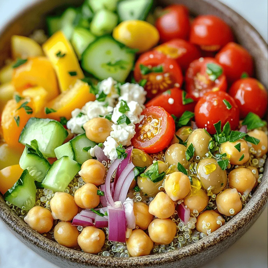 - 1 cup quinoa - 2 cups vegetable broth or water - 1 can (15 oz) chickpeas, rinsed and drained - 1 cup cherry tomatoes, halved - 1 cucumber, diced - 1 bell pepper (any color), diced - ½ red onion, finely chopped - ¼ cup Kalamata olives, pitted and sliced - ¼ cup feta cheese, crumbled (optional) - 2 tablespoons olive oil - 2 tablespoons lemon juice - 1 teaspoon dried oregano - Salt and pepper to taste - Fresh parsley, for garnish Each serving has about: - Calories: 350 - Protein: 12g - Carbs: 45g - Fat: 15g - Fiber: 10g - Quinoa: This grain offers complete protein and fiber. It helps with digestion and keeps you full. - Chickpeas: They are high in protein and fiber. They can help lower cholesterol levels. - Cherry Tomatoes: These are full of vitamins A and C. They boost your immune system. - Cucumbers: They are low in calories and hydrate you. Perfect for fresh meals. - Olive Oil: This healthy fat helps with heart health. It can reduce inflammation. - Lemon Juice: It adds flavor and vitamin C. This can improve skin health. - Kalamata Olives: They are rich in healthy fats. They support brain health and reduce heart disease risk. Each ingredient brings unique flavors and health benefits to the bowl. Enjoy the mix of tastes while nourishing your body. First, rinse 1 cup of quinoa under cold water. This removes any bitter taste. Next, in a medium saucepan, add the rinsed quinoa and 2 cups of vegetable broth or water. Bring it to a boil over medium heat. Once boiling, reduce the heat to low. Cover the pot and simmer for 15 minutes. The quinoa will absorb all the liquid. After 15 minutes, remove the pot from heat. Let it sit, covered, for 5 more minutes. Finally, fluff the quinoa with a fork. In a large bowl, combine the cooked quinoa, 1 can of chickpeas (rinsed and drained), 1 cup of halved cherry tomatoes, 1 diced cucumber, 1 diced bell pepper, and ½ finely chopped red onion. Add ¼ cup of sliced Kalamata olives for a briny kick. Gently toss all the ingredients together. Make sure every piece is mixed well. This mix brings together great flavors and colors. For the dressing, whisk together 2 tablespoons of olive oil, 2 tablespoons of lemon juice, 1 teaspoon of dried oregano, and a pinch of salt and pepper in a small bowl. Pour the dressing over the quinoa and veggie mix. Toss gently to coat everything evenly. If you like, top each bowl with ¼ cup of crumbled feta cheese. Finish with fresh parsley for a pop of color. Enjoy your meal! To cook quinoa well, start by rinsing it. This helps remove bitterness. Use a fine mesh strainer for this step. Then, combine one cup of quinoa with two cups of vegetable broth or water in a pot. Bring it to a boil over high heat. Once boiling, lower the heat and cover the pot. Let it simmer for 15 minutes. When done, all the liquid should be absorbed. Remove from heat and let it sit for five minutes. Fluff the quinoa gently with a fork. This makes it light and fluffy. To boost the flavor, add dried oregano to the dressing. It adds a nice herbal touch. Use fresh lemon juice for brightness. You can also mix in garlic powder or fresh minced garlic for extra depth. If you like heat, a pinch of red pepper flakes works well too. Lastly, don’t skip the olives and feta cheese, if using. They add wonderful briny notes to the dish. Make your bowl look appealing by layering ingredients. Start with a base of quinoa. Then, arrange chickpeas, tomatoes, cucumber, bell pepper, and onion on top. This makes each ingredient stand out. Drizzle the dressing over the top just before serving. For a pop of color, sprinkle fresh parsley as a garnish. You can also use colorful bowls to make the dish more inviting. Enjoy your beautiful Mediterranean Chickpea Quinoa Bowls! {{image_2}} You can change some ingredients to fit your taste. For a grain twist, try farro or barley instead of quinoa. If you want a different bean, use black beans or kidney beans. You can also switch cherry tomatoes for sun-dried tomatoes. For crunch, add radishes or carrots instead of cucumbers. Want more protein? You can add cooked chicken or shrimp. Grilled salmon also pairs well with this dish. If you stick to plant-based, try adding edamame or tofu. These swaps keep your meal filling and tasty. To change the flavor, use different herbs. Fresh basil or mint adds a refreshing taste. You can also experiment with spices like cumin or smoked paprika. If you enjoy heat, add diced jalapeños or red pepper flakes. A dash of balsamic vinegar can also give a nice twist. To keep your Mediterranean Chickpea Quinoa Bowls fresh, let them cool. Place them in an airtight container. Store them in the fridge. This helps keep the flavors intact for a longer time. You can also separate the dressing. This keeps everything crisp and tasty. When you want to eat leftovers, reheat the quinoa bowls gently. Use a microwave or a skillet. If using a microwave, heat for about 1-2 minutes. If using a skillet, warm them over medium heat. Add a splash of water to keep it moist. Stir often to avoid burning. These bowls last about 3-4 days in the fridge. If you store them properly, you can enjoy them for lunch or dinner during the week. Just remember, the longer they sit, the less fresh they taste. So, enjoy them soon for the best experience! Yes, you can make this recipe vegan. Just leave out the feta cheese. This dish still tastes great without it. You can add more olives or some avocado for creaminess. Another option is to use a plant-based cheese. Cooking quinoa is easy. First, rinse the quinoa well under cold water. This helps remove bitter flavors. Use a ratio of one cup quinoa to two cups vegetable broth or water. Bring the liquid to a boil, then lower the heat. Cover and let it simmer for 15 minutes. When the liquid is gone, remove it from heat. Let it sit for five minutes, then fluff it with a fork. You can serve this dish with many sides. A fresh green salad pairs nicely. You might also enjoy pita bread or hummus. Grilled vegetables or roasted chickpeas add extra flavor. For a heartier meal, serve with grilled chicken or fish. In this post, I shared the key ingredients and their health benefits. You learned how to prepare quinoa and mix flavors for a delicious meal. Remember to use my tips for cooking and presentation. Explore variations to keep your meals fresh. Lastly, follow the storage advice to keep your food safe. Enjoy your cooking journey!