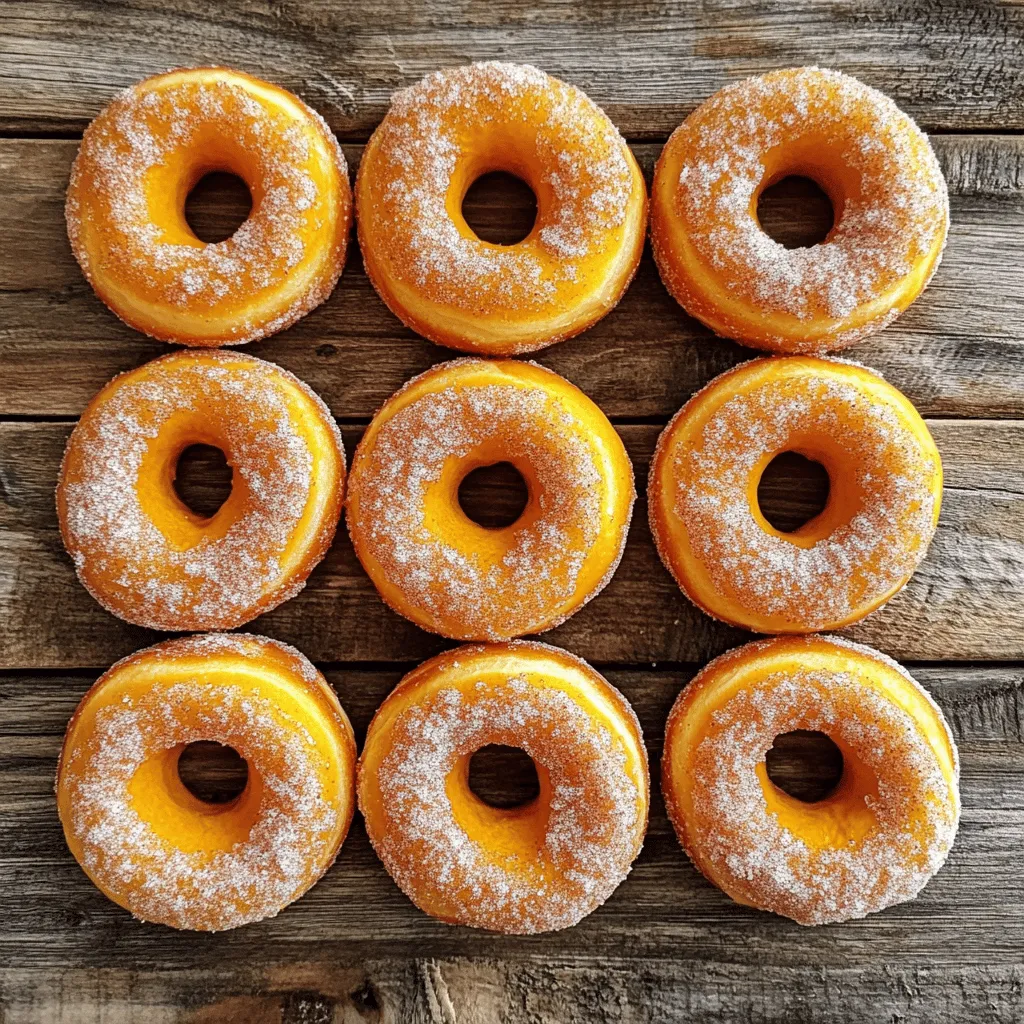 - 1 cup pure pumpkin puree - 1/2 cup granulated sugar - 1/4 cup brown sugar, packed - 1/2 cup vegetable oil - 2 large eggs - 1 teaspoon vanilla extract - 2 cups all-purpose flour - 2 teaspoons baking powder - 1 teaspoon baking soda - 1 teaspoon ground cinnamon - 1/2 teaspoon ground nutmeg - 1/4 teaspoon ground ginger - 1/4 teaspoon salt - 1/4 cup granulated sugar (for coating) - 1 tablespoon ground cinnamon (for coating) When making cinnamon sugar pumpkin donuts, you need the right ingredients. Fresh pumpkin puree is key for taste. Use granulated sugar and brown sugar for sweetness. Vegetable oil keeps the donuts moist. Eggs help bind the mixture together. Don't forget vanilla extract for extra flavor. Next, you need baking staples like all-purpose flour. Baking powder and baking soda help the donuts rise. Ground cinnamon, nutmeg, and ginger add warmth and spice. A pinch of salt balances the sweetness. For the coating, a mix of granulated sugar and ground cinnamon gives that sweet crunch. Feel free to get creative! You can add chocolate chips or nuts for extra flavor. Each ingredient plays an important role in making these donuts a delicious treat. Start by preheating your oven to 350°F (175°C). This step is key for even baking. While that heats up, grab your donut pan. Grease it well with cooking spray or vegetable oil. This helps the donuts release easily after baking. In a large mixing bowl, add 1 cup of pure pumpkin puree. Then, mix in 1/2 cup of granulated sugar and 1/4 cup of packed brown sugar. Pour in 1/2 cup of vegetable oil to give moisture. Beat in 2 large eggs and 1 teaspoon of vanilla extract. Mix everything until it looks smooth and creamy. In a separate bowl, sift together 2 cups of all-purpose flour, 2 teaspoons of baking powder, and 1 teaspoon of baking soda. Next, add 1 teaspoon of ground cinnamon, 1/2 teaspoon of ground nutmeg, 1/4 teaspoon of ground ginger, and 1/4 teaspoon of salt. This mix adds flavor and helps the donuts rise. Now, gradually add the dry ingredients to the wet mixture. Stir gently until just combined. Don’t overmix; this keeps your donuts fluffy. Transfer the donut batter into a piping bag or a zip-top bag with a corner snipped off. Pipe the batter into each cavity of the greased donut pan, filling them about 3/4 full. Bake the donuts for 10-12 minutes. Check with a toothpick to see if they are done; it should come out clean. While the donuts bake, prepare the cinnamon sugar coating. Mix 1/4 cup of granulated sugar with 1 tablespoon of ground cinnamon in a shallow bowl. Once the donuts cool for about 5 minutes, remove them from the pan. Roll each warm donut in the cinnamon sugar mix, coating them well. Let them cool slightly before you serve. Enjoy these tasty treats! To get the best donut texture, use fresh pumpkin puree. It keeps your donuts moist and flavorful. Make sure not to overmix the batter. Stir just until combined to avoid tough donuts. When piping the batter, fill each cavity about three-quarters full. This lets them rise perfectly while baking. One big mistake is using too much flour. Always measure flour correctly by spooning it into your measuring cup. Packing it down can lead to dry donuts. Another mistake is baking them for too long. Keep an eye on them and check with a toothpick. If it comes out clean, they’re ready. If you need a gluten-free option, use almond flour or a gluten-free blend. For egg allergies, you can use flax eggs. Mix one tablespoon of flaxseed meal with two and a half tablespoons of water for each egg. If you want a healthier choice, replace oil with applesauce. This keeps your donuts moist while cutting down on fat. {{image_2}} You can enjoy both classic and vegan versions of these donuts. For the classic recipe, you use eggs and vegetable oil. They give the donuts a fluffy texture and rich taste. To make vegan donuts, replace the eggs with a flaxseed mixture. Mix one tablespoon of flaxseed meal with three tablespoons of water. Let it sit for five minutes to thicken. You can also swap the vegetable oil for a plant-based oil, like coconut or canola oil. The vegan version still tastes great and is kinder to our planet. Want to kick up the flavor? Add chocolate chips or nuts. Mini chocolate chips melt into a sweet surprise in each bite. You can also mix in walnuts or pecans for a nice crunch. Just fold in about half a cup when you combine the dry and wet ingredients. These little changes can take your donuts from good to amazing. These donuts are perfect for seasonal twists. In fall, add chopped apples and a touch of maple syrup for a cozy flavor. To do this, reduce the pumpkin puree by half a cup and add one cup of finely chopped apples. You can also stir in a quarter cup of maple syrup. This gives your donuts a warm, autumn taste. Feel free to experiment with flavors. Each twist makes every batch unique and fun! To keep your cinnamon sugar pumpkin donuts fresh, store them in an airtight container. They will stay tasty for up to three days. Place parchment paper between layers to avoid sticking. This helps maintain their soft texture. Keep the container in a cool, dry place. Avoid sunlight or heat, as this can make them stale faster. If you want to store your donuts longer, refrigeration is a good option. They can last about a week in the fridge. Just make sure to wrap them well in plastic wrap or foil. For longer storage, consider freezing them. Place the cooled donuts in a single layer on a baking sheet. Freeze them for about an hour, then transfer them to a zip-top bag. This keeps them from sticking together. They can last up to three months in the freezer. Reheating your donuts is easy and helps them taste fresh. If you want to warm them up, use the oven. Preheat it to 350°F (175°C). Place the donuts on a baking sheet and heat for about 5-7 minutes. If you’re in a hurry, the microwave works too. Heat each donut for about 10-15 seconds. This method keeps them soft but may not retain crispness. Enjoy your warm, delicious donuts! Yes, you can use homemade pumpkin puree. It adds a fresh taste to the donuts. Make sure the puree is smooth and thick. If it's too watery, it may change the donut's texture. These donuts last about 2 to 3 days at room temperature. Store them in an airtight container. For longer freshness, keep them in the fridge for up to a week. Yes, you can bake these without a donut pan. Use a muffin tin instead. Fill each cup about halfway. The baking time may change, so check for doneness with a toothpick. No, this recipe uses all-purpose flour. To make them gluten-free, use a gluten-free flour blend. Ensure other ingredients are also gluten-free. This way, everyone can enjoy these tasty treats! This blog covered making delightful cinnamon sugar pumpkin donuts. We discussed fresh ingredients, essential baking staples, and optional toppings. I gave step-by-step instructions for mixing and baking. You learned tips for perfecting donut texture and avoiding common mistakes. We explored classic, vegan, and seasonal variations to keep things fun. Finally, I provided storage advice to keep your donuts fresh. Now, you’re ready to create your own tasty treats at home. Enjoy the process, and share them with friends!