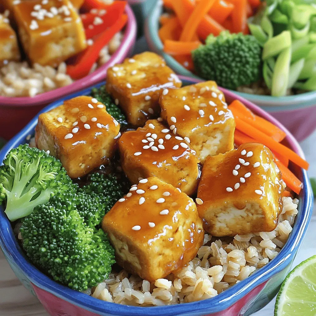- 1 block firm tofu, drained and pressed - 1/4 cup cornstarch - 2 tablespoons vegetable oil - 1/3 cup honey or agave nectar - 3 cloves garlic, minced - 1 tablespoon soy sauce - 1 tablespoon rice vinegar - 1 teaspoon sesame oil - 2 cups cooked brown rice or quinoa - 1 cup broccoli florets - 1 red bell pepper, sliced - 1 carrot, julienned - 2 green onions, sliced - Sesame seeds for garnish The key to this dish is firm tofu. It holds up well during cooking. Pressing the tofu removes excess water, allowing it to absorb flavors better. Cornstarch gives the tofu a crispy coat. I like to use honey for sweetness, but agave nectar works too. Fresh garlic adds a rich taste, while soy sauce and rice vinegar bring depth. For veggies, broccoli, bell peppers, and carrots add color and crunch. - Vegetable substitutes: You can swap in your favorite veggies, like snap peas or zucchini. - Alternative sauces: Try teriyaki or sweet chili sauce for a different flavor. - Toppings and garnishes: Consider avocado slices, crushed peanuts, or cilantro for extra flair. Feel free to customize your bowl! You can use whatever vegetables are in season or what you enjoy most. - Cooking tools needed: A sharp knife, cutting board, large skillet, and saucepan are must-haves. - Recommended cookware: Use a non-stick skillet for frying the tofu. A steamer basket helps cook the vegetables perfectly. Having the right tools makes cooking easier and more fun. Make sure your kitchen is set up for success! First, you need to press the tofu. This step is key for crispy tofu. Wrap the tofu in a clean kitchen towel. Place a heavy object on top. Let it sit for about 15 minutes. This helps to remove excess water. Next, cut the pressed tofu into bite-sized cubes. Aim for uniform pieces. This ensures even cooking. Now, toss the cubed tofu in cornstarch. Make sure each piece is coated. The cornstarch helps create that crunch you want. Now, heat vegetable oil in a large skillet over medium-high heat. Once the oil is hot, add the cornstarch-coated tofu cubes. Fry the tofu until golden brown. This usually takes about 10 to 12 minutes. Turn the tofu to cook all sides. If the pan is too crowded, fry in batches. While the tofu cooks, prepare the honey garlic sauce. In a separate saucepan, combine honey, minced garlic, soy sauce, rice vinegar, and sesame oil. Heat it over medium heat. Let it simmer for 2 to 3 minutes. You want it to thicken slightly. Once done, gently add the crispy tofu to the sauce. Toss to coat the tofu evenly. Cook for one more minute to heat through. For the base, you can use cooked brown rice or quinoa. Both are great options. Cook according to package instructions. While the grain cooks, steam the broccoli florets. You can use a steam basket or microwave-safe bowl. Steam for about 3 to 5 minutes until bright green. To assemble your bowl, start with the brown rice or quinoa as the base. Top it with the honey garlic tofu. Add steamed broccoli, sliced red bell pepper, and julienned carrot. Drizzle any remaining honey garlic sauce over the top. Finish with sliced green onions and a sprinkle of sesame seeds. Enjoy your colorful, tasty bowl! To achieve crispy tofu, start by pressing it. This removes excess water. When you press the tofu, it allows the tofu to absorb more flavor and get crunchier. Next, coat the pressed tofu cubes in cornstarch. This step is key. The cornstarch creates a nice barrier that crisps up when fried. Fry the tofu in a hot skillet for the best results. Use medium-high heat and add enough oil to coat the pan. Don't crowd the pan; fry in batches if needed. This way, the tofu cooks evenly and gets golden brown. To boost flavor, add spices like chili flakes or ginger. You can also mix in sesame seeds for a nutty taste. If you want more crunch, consider adding chopped nuts like cashews. For sides, serve with stir-fried veggies or a fresh salad. This adds balance to your meal. Pairing your tofu bowl with a light dressing keeps it fresh and vibrant. Make your tofu bowls visually appealing. Use colorful dishes to serve. Arrange the vegetables in sections for a beautiful look. Garnish with green onions and sesame seeds for added flair. A slice of lime on the side brightens the dish. The color and arrangement make each bite exciting. {{image_2}} You can easily make this dish vegan. Just swap honey for agave nectar. Agave has a similar sweetness and works well in the sauce. You can also try other vegan protein options. Tempeh or chickpeas can add great flavor and texture. Both choices work well with the honey garlic sauce. Feel free to change the vegetables in your bowls. For example, snap peas or zucchini can add a nice crunch. You can also use kale or spinach for a nutrient boost. If you want different grains, try quinoa or farro. Each grain has its own flavor and texture. Experimenting makes the dish unique to your taste. You can add regional flavors to your Crispy Honey Garlic Tofu Bowls. Try adding ginger for an Asian twist. You might like to use sriracha for some heat. You can also use different sauces, like teriyaki or hoisin, for a new flavor. If you want to adapt the recipe for other cuisines, think about adding cumin or coriander for a Middle Eastern flair. The options are endless! To store leftovers safely, let the dish cool first. Place it in an airtight container. Keep it in the fridge. It stays fresh for about 3 to 4 days. For best results, reheat only what you will eat. Use a microwave or skillet for reheating. Heat the tofu gently to keep it crispy. You can freeze tofu and vegetables, but it changes the texture. Press and cut the tofu as usual. Coat it with cornstarch before cooking. After frying, let it cool. Place the tofu in a freezer-safe bag. For the veggies, steam them first. Let them cool, then freeze in a separate bag. When you want to eat, thaw them overnight in the fridge. Reheat in a skillet or microwave. Add a splash of water if needed to keep veggies moist. In the fridge, the dish lasts about 3 to 4 days. In the freezer, it can last up to 3 months. Look for signs that the dish has gone bad. If the tofu smells sour or changes color, it's best to toss it. Yes, you can easily make this recipe gluten-free. The key is to choose a gluten-free soy sauce. Look for brands labeled "tamari" or "gluten-free soy sauce." These options will keep the flavors intact while avoiding gluten. If you want to add some heat, try these options: - Add red pepper flakes or chili powder when cooking the honey garlic sauce. - Mix in a dash of sriracha or your favorite hot sauce to the sauce. - Top the bowl with sliced fresh jalapeños for a crunchy kick. Absolutely! Meal prepping this dish is simple. Here’s how: - Cook the tofu and veggies as directed. Let them cool. - Store the tofu and veggies in separate airtight containers. - Prepare the honey garlic sauce and keep it in a small jar. - When ready to eat, simply reheat the tofu and veggies, then drizzle with sauce. This blog guided you through making a tasty tofu bowl. We talked about key ingredients like firm tofu, honey, and fresh veggies. You learned how to prepare, cook, and assemble your dish step-by-step. Tips helped you achieve crispy tofu and better flavors. You can also try different variations or store leftovers right. With these skills, you can enjoy a delicious meal time and again. Explore your culinary creativity and have fun with your favorite flavors!
