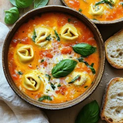 - 2 tablespoons olive oil - 1 cup onion, diced - 2 cloves garlic, minced - 1 can (15 oz) crushed tomatoes - 4 cups vegetable broth - 1 teaspoon dried oregano - 1 teaspoon dried basil - 1 package (9 oz) refrigerated cheese tortellini - 1 cup heavy cream (or coconut cream for a lighter option) For this creamy soup, I always start with olive oil, onion, and garlic. These three bring a warm, rich flavor. Olive oil gives a nice base, while onion and garlic add depth. Next, I use crushed tomatoes and vegetable broth. These create the soup's heart. The tomatoes add sweetness, and the broth gives it a savory touch. Then, I add tortellini and cream. Tortellini makes the soup more filling and fun. Heavy cream gives it a luxurious texture. I sometimes swap heavy cream for coconut cream. This keeps it light and adds a hint of sweetness. - 1 cup fresh basil leaves, chopped - Salt and pepper to taste - Grated Parmesan cheese for serving (optional) For added flavor, fresh basil is a must. It brightens the soup and adds freshness. Salt and pepper bring out the flavors, so use them to taste. You can top your soup with grated Parmesan cheese. This adds a salty, cheesy note that many love. Feel free to change things up. You can add coconut cream for a vegan option or use different herbs. The choices are endless, and that’s what makes cooking fun! Start by heating the olive oil in a large pot over medium heat. Add one cup of diced onion. Sauté the onion for about four to five minutes. You want it to turn soft and translucent. Next, stir in two cloves of minced garlic. Cook this for one more minute. It should smell great! Now it’s time to add the main flavors. Pour in one can of crushed tomatoes. Then, add four cups of vegetable broth. Sprinkle in one teaspoon of dried oregano and one teaspoon of dried basil. Stir everything well. Bring the mixture to a gentle simmer. This step builds a rich and tasty base for the soup. Once the base is simmering, it’s time to add the star of the show: the tortellini. Grab a nine-ounce package of refrigerated cheese tortellini and add it to the pot. Cook the tortellini for about five to seven minutes. You’ll know they are ready when they float to the top and feel tender. Keep an eye on them to avoid overcooking. Now, let’s make the soup creamy and delicious. Lower the heat and stir in one cup of heavy cream. If you prefer a lighter option, coconut cream works too. Let it warm through, blending with the soup for a rich texture. Next, add one cup of chopped fresh basil. This adds a burst of flavor and freshness. Season the soup with salt and pepper to taste. Before serving, ladle the soup into bowls. If you want, sprinkle some grated Parmesan cheese on top for extra goodness. Enjoy this delightful dish warm! To ensure the tortellini is perfectly cooked, watch the pot closely. When the tortellini floats, it is ready. This usually takes 5-7 minutes. Stir gently to avoid breaking them apart. To avoid curdling with cream, lower the heat before adding it. Stir the cream in slowly. This keeps the soup smooth and creamy. You can also use coconut cream for a lighter option. For a restaurant-style look, serve the soup in rustic bowls. Garnish with extra basil leaves and a sprinkle of Parmesan cheese. These simple touches elevate the dish. Pair the soup with crusty bread for dipping. A side salad adds freshness and balance. Enjoy this cozy meal with friends or family! {{image_2}} You can make this soup vegan easily. Swap the heavy cream for coconut cream. Use vegetable broth and skip the cheese tortellini. Instead, choose vegan tortellini made from plant-based ingredients. This way, you keep the rich taste without any animal products. For gluten-free options, pick gluten-free tortellini. Many stores offer this option now. You can also use lentils or rice for a hearty base. Both add great texture and are gluten-free. To boost the flavor, consider adding a pinch of red pepper flakes. This small change gives your soup a nice kick. You can also try adding smoked paprika for a warm, earthy taste. Incorporating protein is an option too. Grilled chicken or sausage works well here. If you want extra veggies, chop up spinach or zucchini. Toss them in during the last few minutes of cooking. This adds nutrients and makes the soup even heartier. To keep your soup fresh, store it in an airtight container. Make sure the soup cools to room temperature first. This helps prevent condensation, which can make the soup watery. Place the container in the fridge. It will stay good for about three to four days. If you notice any odd smells or colors, it's best to toss it. You can also freeze the soup for later. To freeze, let the soup cool completely. Then, pour it into freezer-safe containers. Leave some space at the top, as the soup will expand when frozen. The soup can last up to three months in the freezer. When you're ready to eat it, move the container to the fridge to thaw overnight. For quick reheating, you can warm it in the microwave or on the stove. If it looks too thick after thawing, add a splash of broth or water to get the right texture again. How do I make the soup spicier? You can add crushed red pepper flakes or hot sauce to the soup. Start with a small amount. Taste as you go. This way, you can find your perfect spice level. You can also use spicy sausage tortellini if you want a kick. Can I use frozen tortellini instead of fresh? Yes, you can use frozen tortellini. Just add them directly to the soup. Cook them a few extra minutes. They will still taste great in your creamy soup. What can I substitute for heavy cream? You can use coconut cream for a lighter option. It adds a nice flavor without dairy. Another choice is to use half-and-half. This will still keep your soup creamy and rich. How long does this soup last in the fridge? The soup lasts about 3 to 5 days in the fridge. Make sure to store it in an airtight container. If you want to keep it longer, consider freezing it. This blog showed you how to make a tasty tortellini soup. We covered key ingredients, step-by-step instructions, tips for cooking, and variations for diets. Remember to sauté your onion and garlic for great flavor and avoid curdling the cream. You can even add spices or proteins for extra taste. Whether you’re storing leftovers or serving the soup, these tips will help. Enjoy your cooking, and don't hesitate to make this dish your own!