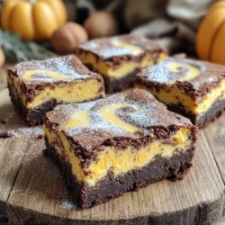 - 1 cup unsalted butter, melted - 2 cups granulated sugar - 4 large eggs - 1 teaspoon vanilla extract - 1 cup all-purpose flour - 1 cup cocoa powder - 1 teaspoon baking powder - 1/2 teaspoon salt - 1/2 cup chocolate chips (optional) - 8 oz cream cheese, softened - 1/2 cup granulated sugar - 1/2 cup pumpkin puree - 1 large egg - 1 teaspoon pumpkin spice - 1 teaspoon vanilla extract Gather these ingredients before you start. The brownie base needs rich butter and sugar for a soft texture. Eggs and vanilla add moisture and flavor. The dry mix includes flour, cocoa powder, baking powder, and salt. These work together to give the brownies their signature taste. For the pumpkin cheesecake layer, start with cream cheese for a creamy base. Add sugar and pumpkin puree to bring sweetness and flavor. An egg binds it all together. Finally, use pumpkin spice and vanilla extract to enhance the fall vibe. These ingredients create a dessert that combines rich chocolate with smooth pumpkin cheesecake. Each bite offers a new layer of flavor. Enjoy the process of mixing and baking; the results are worth it! 1. Preheat your oven to 350°F (175°C). Grease a 9x13 inch baking pan with parchment paper. Leave some paper hanging over the sides. This helps with easy removal later. 2. In a large bowl, whisk together 1 cup of melted unsalted butter and 2 cups of granulated sugar until smooth. Add 4 large eggs one by one, mixing well after each. Stir in 1 teaspoon of vanilla extract. 3. In another bowl, sift 1 cup of all-purpose flour, 1 cup of cocoa powder, 1 teaspoon of baking powder, and 1/2 teaspoon of salt. Gradually mix the dry ingredients into the wet mixture. Stir until just combined. If you like, fold in 1/2 cup of chocolate chips. 1. In a medium bowl, beat 8 oz of softened cream cheese and 1/2 cup of granulated sugar until creamy and smooth. 2. Mix in 1/2 cup of pumpkin puree, 1 large egg, 1 teaspoon of pumpkin spice, and 1 teaspoon of vanilla extract. Blend until the mixture is fully combined and smooth. 1. Spread about 2/3 of the brownie batter into the prepared baking pan. Make it as even as you can. 2. Spoon the pumpkin cheesecake mixture over the brownie layer. Spread it out carefully. 3. Dollop the remaining brownie batter on top in small spoonfuls. Use a knife or toothpick to gently swirl the two batters together. Aim for a marbled look. 4. Bake in the preheated oven for 30-35 minutes. Check for doneness with a toothpick. It should come out with a few moist crumbs. Don’t overbake! The brownies will continue to set as they cool. 5. Let the brownies cool in the pan for about 15 minutes. Use the parchment paper to lift them out. Allow to cool completely on a wire rack before cutting into squares. To create a beautiful swirl, use a knife or toothpick. Gently drag the knife through the brownie and cheesecake layers. Make sure to avoid stirring too much. Overmixing will blend the layers instead of swirling them. Aim for a marbled look that shows both layers. Check for doneness by inserting a toothpick into the center. If it comes out with a few moist crumbs, they are ready. If it is clean, they may be overbaked. To keep brownies moist, store them in an airtight container. You can also wrap them in plastic wrap for extra protection. Serve these brownies on a festive platter. Dust them with powdered sugar for a nice touch. You can also add a dollop of whipped cream on top. A sprinkle of pumpkin spice will enhance the autumn feel. {{image_2}} You can easily make these brownies gluten-free. Use almond flour or gluten-free all-purpose flour instead of regular flour. If you choose almond flour, keep an eye on the texture. It can change the final taste a bit. To adjust the recipe, add a little more pumpkin puree. This keeps your brownies moist. You might also need to add an extra egg to help with binding. Want to add a twist? You can mix in nuts like walnuts or pecans. They give a nice crunch. You can also add spices like cinnamon or nutmeg for extra warmth. For different cheesecake flavors, try using cream cheese with chocolate or caramel. You could also use maple syrup instead of sugar in the cheesecake layer. This adds a sweet twist that goes well with pumpkin. Fall is a perfect time to play with flavors. You can add ingredients like apples or pears for a fruity touch. Mixing in some chopped pecans or walnuts also enhances the texture. Incorporating chocolate is easy and fun. You can melt some chocolate and swirl it into the batter. Drizzling caramel on top before serving adds a rich flavor that everyone will love. To keep your pumpkin cheesecake swirl brownies fresh, follow these tips: - Refrigerating: Store brownies in an airtight container in the fridge. This keeps them moist and tasty. - Freezing: For longer storage, wrap brownies in plastic wrap, then place them in a freezer bag. They stay good for up to three months. Thaw them in the fridge before serving. These brownies can stay fresh for: - In the fridge: About one week. - In the freezer: Up to three months. Look for these signs of spoilage: - A change in color or texture. - An off or sour smell. - Mold growth. If you see any of these signs, it's best to toss them. Enjoy your delicious brownies while they are at their best! Yes, you can substitute some ingredients in this recipe. Here are common swaps: - Butter: Use coconut oil for a dairy-free option. It adds a slight coconut flavor. - Granulated Sugar: You can use brown sugar for a richer taste. It adds moisture too. - Eggs: Replace each egg with 1/4 cup of applesauce. This keeps the brownies moist. - Pumpkin Puree: Use mashed banana or sweet potato as an alternative. Both add natural sweetness. Substitutions may change taste and texture. Always test new swaps for best results. To check if the brownies are done, use a toothpick. Insert it into the center of the brownies. If it comes out with a few moist crumbs, they are ready. Here are some tips for checking baked goods: - Visual Cues: The edges should look set, while the center may be slightly soft. - Time: Bake for 30-35 minutes, but start checking at 30 minutes. - Cooling: Remember, brownies continue to cook as they cool. Yes, you can make these brownies ahead of time. Here’s how: - Bake and Cool: Prepare the brownies as directed. Let them cool completely. - Storage: Wrap them tightly in plastic wrap or foil. Store in an airtight container. - Freezing: For longer storage, freeze them. They last up to three months in the freezer. When ready to enjoy, thaw them in the fridge or at room temperature. Then, cut and serve! You now know how to make delicious pumpkin cheesecake brownies. We covered all the key ingredients, from the rich brownie base to the creamy cheesecake layer. You learned how to swirl the batters, bake them perfectly, and even try fun variations. Remember the tips for storage to keep your brownies fresh. With this recipe, you can impress family and friends. Enjoy baking and sharing these treats!