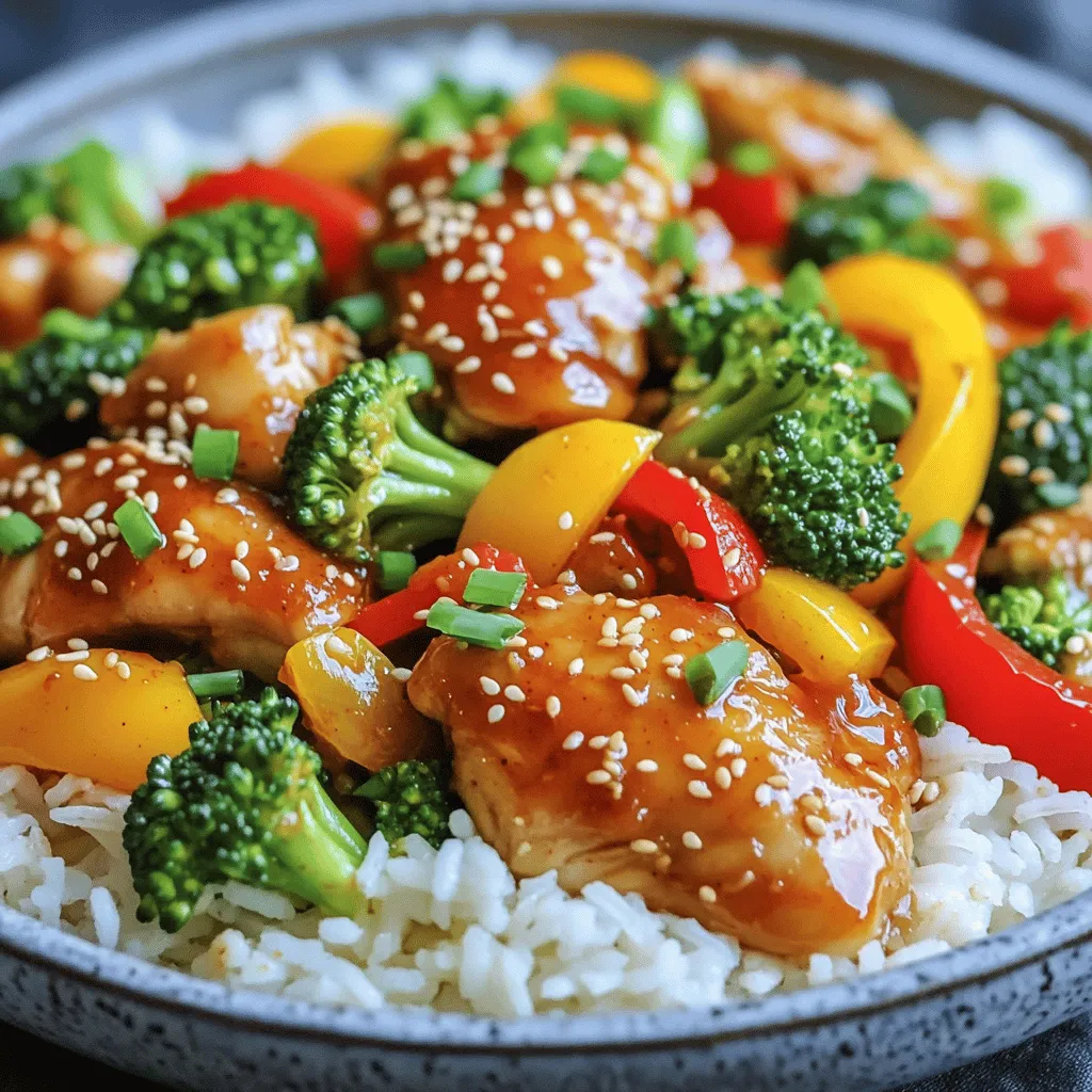- 1 lb boneless, skinless chicken thighs, cut into bite-sized pieces - 1/2 cup sweet chili sauce - 2 tablespoons soy sauce - 1 red bell pepper, sliced - 1 yellow bell pepper, sliced - 1 cup broccoli florets - 3 cloves garlic, minced - 1 teaspoon ginger, grated - 1 tablespoon rice vinegar - 1 tablespoon cornstarch - 1 tablespoon vegetable oil - Salt and pepper, to taste - Cooked jasmine rice, for serving - Sesame seeds, for garnish - Green onions, chopped, for garnish Each ingredient plays a key role in making this dish truly delightful. The chicken thighs provide a juicy base, while sweet chili sauce adds that perfect touch of sweetness. Soy sauce brings in saltiness that balances the flavors. The bell peppers and broccoli not only add color but also crunch. Garlic and ginger bring warmth and depth. Rice vinegar helps brighten the dish, while cornstarch thickens the sauce for a nice coating. Finish it off with jasmine rice for a filling meal and add sesame seeds and green onions for a lovely presentation. 1. Marinate chicken with sauces: In a medium bowl, mix sweet chili sauce, soy sauce, rice vinegar, and cornstarch. Add the chicken thighs. Stir until the chicken is well coated. Let it sit for about 10 minutes to absorb the flavors. 2. Chop vegetables and aromatics: Slice the red and yellow bell peppers. Cut broccoli into small florets. Mince the garlic and grate the ginger. Keep everything ready for cooking. 1. Sauté chicken until golden: Heat vegetable oil in a large skillet over medium-high heat. Add the marinated chicken pieces. Cook for about 6-8 minutes until the chicken is golden. Make sure to stir it frequently. 2. Stir-fry vegetables: Once the chicken is cooked, add the minced garlic and grated ginger. Sauté for 1-2 minutes until you smell their aroma. Then, add the sliced bell peppers and broccoli. Stir-fry for another 3-4 minutes until the veggies are tender but still crunchy. 1. Thicken sauce: Pour the sweet chili sauce mixture over the chicken and veggies in the skillet. Stir well and cook for 2-3 minutes. This helps the sauce thicken and coat everything nicely. 2. Serve over rice: Spoon the sweet chili chicken over a bed of jasmine rice. Garnish with sesame seeds and chopped green onions. Enjoy your delicious takeout fakeout! To get the best taste, choose high-quality sweet chili sauce. This sauce is the heart of the dish. When you buy it, check for a rich color and a balanced sweetness. You can also make your own if you're up for it. Just mix sugar, vinegar, and chili flakes. For cooking chicken perfectly, focus on the thighs. They stay juicy and tender. Cut them into bite-sized pieces for quick cooking. When you add them to the pan, do not overcrowd. Give each piece space to brown nicely. This adds depth to the flavor. If you prefer baking, you can still enjoy this dish. Preheat your oven to 400°F. Spread the chicken and veggies on a baking sheet. Drizzle with oil and sauce. Bake for about 20-25 minutes. This method keeps the dish lighter. For a slow cooker option, add all your ingredients to the pot. Set it on low for 4-6 hours. This method makes the chicken super tender. The flavors will meld beautifully, but you might want to add the sauce later to thicken it up. Garnishing makes your dish look special. Top it with sesame seeds for a nice crunch. Chopped green onions add freshness and color. You can also add a slice of lime for a pop of flavor. Serve the sweet chili chicken over jasmine rice. This creamy rice balances the sweet and spicy sauce well. You can arrange it in a bowl or on a plate for a lovely presentation. A colorful dish always makes for a happy meal! {{image_2}} You can switch up the protein in this dish. One great option is tofu. Tofu absorbs flavors well, making it a tasty choice. Just press and cube the tofu before cooking. Then, sauté it until golden and crispy. This gives a nice texture and taste. Another option is shrimp. Shrimp cooks fast and adds a lovely flavor. Use peeled and deveined shrimp, and add them to the skillet after the garlic and ginger. Cook until they turn pink. Feel free to mix in other veggies. Snap peas or carrots work well in this dish. They add crunch and color. You can also use mushrooms for an earthy flavor. Seasonal veggies can make this dish fresh. In summer, try zucchini or asparagus. In the fall, add sweet potatoes or squash. Each choice gives a new twist to the meal. Want some heat? Make a spicy version! Add red pepper flakes to the sweet chili sauce. This will give it a nice kick. You can also try different sweet sauces. Honey or maple syrup can replace the sweet chili sauce. Each sauce brings its own unique flavor profile to the dish. To keep your sweet chili chicken tasty, store leftovers in the fridge. Place the chicken in an airtight container. This keeps it fresh for up to three days. If you want to save it longer, freeze it. Use a freezer-safe bag or container. This way, it can last for about three months. When reheating, the best method is to use a skillet. Heat it on medium-low. Add a splash of water or broth for moisture. Stir until it warms through. This helps keep the chicken tender. You can also use the microwave. Heat in short bursts, stirring in between. This method is quick but may not keep the same texture. In the fridge, your sweet chili chicken lasts about three days. Check for spoilage signs. If it smells sour or looks discolored, it’s best to toss it. Always trust your senses. If in doubt, throw it out! You can serve Sweet Chili Chicken with several tasty sides. Here are some great options: - Cooked jasmine rice: This is a must! It soaks up the sweet sauce. - Steamed vegetables: Broccoli, carrots, or snap peas add color and crunch. - Egg rolls: They bring a delicious crunch and extra flavor. - Cucumber salad: A fresh salad cools the heat and adds a nice contrast. These sides make a full meal and enhance the dish's flavors! Yes, you can use frozen chicken! Here’s how: 1. Thaw the chicken: Place it in the fridge overnight or use cold water for a quick thaw. 2. Cook it properly: Ensure the chicken reaches an internal temperature of 165°F (75°C) to be safe. 3. Adjust cooking time: Frozen chicken may take a bit longer to cook. Just check for doneness. Using frozen chicken is a great way to save time! To make this recipe gluten-free, follow these tips: - Use gluten-free soy sauce: This is crucial for flavor without the gluten. - Check the sweet chili sauce: Some brands have gluten. Look for gluten-free labels. With these swaps, you can enjoy a tasty gluten-free meal! This blog post outlined a tasty Sweet Chili Chicken recipe. We covered main ingredients like chicken thighs and sweet chili sauce, plus aromatic veggies such as bell peppers and broccoli. You learned the step-by-step process from marinating to cooking. We also shared tips for achieving the best flavor and even alternative cooking methods. Don’t forget the variations and storage info to keep your meal fresh. Enjoy your cooking journey and feel free to mix it up!