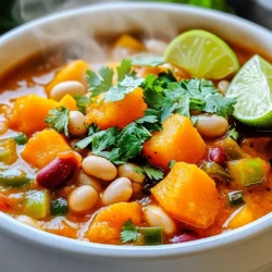 For the Slow Cooker Butternut Squash White Bean Chili, gather these main ingredients: - 1 medium butternut squash, peeled and diced - 2 cans (15 oz each) white beans, drained and rinsed - 1 onion, chopped - 3 cloves garlic, minced - 1 red bell pepper, chopped - 1 green bell pepper, chopped - 1 teaspoon ground cumin - 1 teaspoon smoked paprika - 1/2 teaspoon chili powder - 1/2 teaspoon ground coriander - 4 cups vegetable broth - 1 cup frozen corn - 1 cup diced tomatoes - Salt and pepper to taste - Fresh cilantro, for garnish - Lime wedges, for serving When choosing a butternut squash, look for one that feels heavy. The skin should be a deep tan with no soft spots. A firm squash means it is fresh. You want smooth skin and no blemishes. If you can, pick one that is medium-sized. These squash usually have the best flavor. White beans are great in this chili. I like cannellini or great northern beans. Both add a creamy texture. If you want to try something new, you can use navy beans. They work well too. If you prefer a different flavor, chickpeas are an option. Just drain and rinse them well, like you would with white beans. Start by peeling and dicing your butternut squash. This step may take some time, but it is worth it. Aim for bite-sized pieces to ensure even cooking. Next, chop the onion and bell peppers. Mince the garlic, too. Rinse the white beans in a colander. This removes extra salt and makes them taste fresh. Now, it's time to set up your slow cooker. Add the butternut squash, white beans, onion, garlic, and bell peppers. Sprinkle in the spices: ground cumin, smoked paprika, chili powder, and ground coriander. Stir everything gently to mix well. Pour in 4 cups of vegetable broth. Add the frozen corn and diced tomatoes next. Season with salt and pepper. Cover the slow cooker. Set it to cook on low for 6-8 hours or on high for 4 hours. You will know it's done when the squash is tender. For the best taste, choose ripe, fresh vegetables. Fresh cilantro adds a nice touch as a garnish. Squeeze fresh lime juice on top before serving. This adds brightness and enhances the flavors. Taste the chili before serving. Adjust seasoning if needed. If you want more heat, add extra chili powder or even diced jalapeños. Enjoy the warm and cozy flavors of this chili with your friends and family. To get the best texture in your chili, focus on the squash. Cut the butternut squash into even pieces. This helps it cook at the same rate. If you like a creamier chili, mash some of the beans after cooking. This adds a nice thickness. Remember to stir gently, so the squash stays intact. Spice is all about personal taste. If you want a kick, add more chili powder. For a milder flavor, cut back on the spices. You can also try adding fresh jalapeños for heat. Adjust the smoked paprika for a smoky taste. Always taste your chili as it cooks. This way, you can tweak the spices to your liking. One common mistake is not draining the beans well. Rinsing them removes extra salt and helps with texture. Another mistake is not stirring enough. Stirring helps mix the flavors well. Be careful with the salt; adding too much can overpower the dish. Lastly, avoid cooking too long on high heat. This can make the squash mushy instead of tender. {{image_2}} You can easily add meat to this chili if you want. Ground turkey or chicken works well. They add a nice flavor without overpowering the squash. Simply brown the meat in a pan before adding it to the slow cooker. For a heartier option, diced chicken breast or beef cubes are great too. Just add them with the other ingredients. This way, they cook perfectly and soak up all the spices. If you're a veggie lover, you can add more vegetables. Chopped carrots or zucchini blend well with the chili. You might even throw in some spinach for extra nutrients. Black olives or jalapeños can add a nice kick. Don't forget to adjust the seasoning if you add more veggies. This chili is flexible, so feel free to get creative with your favorites. This chili is easy to make vegan. The original recipe is already plant-based, thanks to the beans and squash. Just ensure your vegetable broth is vegan-friendly. If you want a creamier texture, add a splash of coconut milk or a dollop of cashew cream. This addition gives a rich taste and enhances the overall flavor. You can also swap out the toppings. Use avocado instead of sour cream for a fresh twist. Store any leftover chili in an airtight container. Make sure it cools down first. I suggest placing it in the fridge within two hours of cooking. Consume it within three to four days for best taste. Always check for any signs of spoilage before eating. You can freeze this chili, which is great for meal prep. Use freezer-safe containers or bags. Leave some space for expansion as it freezes. Label your containers with the date. It’s best to eat frozen chili within three months. To thaw, place it in the fridge overnight before reheating. Reheat your chili on the stove for even heat. Stir it often to avoid burning. You can also use the microwave. Heat it in short bursts, stirring in between. Make sure it reaches a safe temperature of 165°F. Add a splash of vegetable broth if it seems too thick. Yes, you can use fresh beans. However, you must soak them first. Soak the beans overnight in water. This helps them cook evenly. After soaking, add the beans to the slow cooker. You will need to adjust the cooking time. Fresh beans usually take longer to cook. Cook them on high for about 6-8 hours. Make sure they are soft before serving. To spice up your chili, add more chili powder. You can also use fresh jalapeños. Just chop them and mix them in. For a smoky flavor, add chipotle peppers. They can add heat and depth. Another way is to sprinkle some cayenne pepper. Start with a small amount, then taste. Adjust until you reach your desired spice level. This chili pairs well with many sides. Serve it with cornbread for a classic touch. You can also offer tortilla chips for crunch. A simple green salad adds freshness. For a hearty meal, serve it over rice or quinoa. Don’t forget lime wedges for a zesty finish! In this blog post, we covered key ingredients for making Slow Cooker Butternut Squash White Bean Chili, how to prepare them, and cooking tips. I provided ideas for variations, including protein options and vegetarian substitutions. Finally, I shared storage tips to keep your chili fresh. With these insights, you can create a flavorful dish that suits your taste. Enjoy experimenting and making this chili your own!