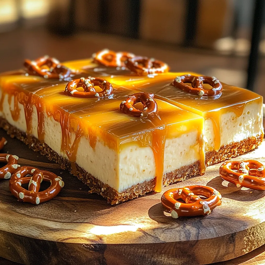 To make No-Bake Salted Caramel Pretzel Cheesecake Bars, you need fresh and simple ingredients. Here’s the list: - 2 cups pretzel sticks - ½ cup unsalted butter, melted - 1 cup cream cheese, softened - 1 cup powdered sugar - 2 cups heavy whipping cream - 1 teaspoon vanilla extract - 1 cup caramel sauce (store-bought or homemade) - 1 teaspoon sea salt - Additional pretzels for garnish Each ingredient plays a key role. The pretzels give a nice crunch and salty flavor. The butter helps bind the crust. Cream cheese adds creaminess to the filling. Powdered sugar sweetens the mix. Heavy cream makes the texture light and fluffy. Vanilla adds depth. Caramel sauce brings sweetness, and sea salt enhances the flavors. Don't forget extra pretzels for a fun touch on top! Gather these ingredients to start your delicious journey. You’ll love how they blend to create a perfect balance of sweet and salty. To make the crust, start by crushing the pretzel sticks. You can use a food processor. Pulse them until they turn into fine breadcrumbs. This should only take a minute or two. Next, mix the crumbs with melted butter in a bowl. Make sure it is well combined. Then, press this mixture firmly into a 9x9 inch baking dish. It helps to use your fingers or a flat cup to get an even layer. Once done, refrigerate the crust for 30 minutes to set. Now, let’s make the cheesecake filling. In a large mixing bowl, beat the softened cream cheese until it is smooth and creamy. This step is key, as it creates the right texture. Gradually, add the powdered sugar and vanilla extract. Mix until everything is well blended. You want this filling to be sweet and flavorful. Next, we need to whip the heavy cream. In a separate bowl, beat the cream until stiff peaks form. This means the cream should hold its shape when you lift the beaters. Once you achieve this, gently fold the whipped cream into the cream cheese mixture. Be careful here; you don’t want to deflate the whipped cream. This folding helps keep your filling light and fluffy. Now it’s time to put everything together. Start by pouring half of the cheesecake mixture over your chilled pretzel crust. Use a spatula to spread it evenly. Next, drizzle half of the caramel sauce over this layer. Repeat the process with the remaining cheesecake mixture and caramel. This creates beautiful layers of flavor and texture. Once assembled, sprinkle sea salt evenly over the top layer of caramel. This step adds a nice contrast to the sweetness. Cover your baking dish with plastic wrap. Make sure it is sealed well. Refrigerate for at least 4 hours. This time allows the cheesecake bars to firm up and set properly. Once the bars are set, it’s time to cut them into squares. Use a sharp knife for clean cuts. For a beautiful presentation, garnish with additional pretzels and a drizzle of caramel sauce. Serving them on a rustic wooden platter adds a cozy touch. Enjoy your delicious no-bake salted caramel pretzel cheesecake bars! To make a great crust, you need the right texture. Crush the pretzels until they look like crumbs. This gives a nice, crunchy base. Mix the crumbs with melted butter to bind them. Press this mixture firmly into your baking dish. This helps the crust hold its shape. If you want to try something different, use graham crackers or cookies for the base. Each option adds its own unique taste. To boost flavor, think about adding extra ingredients. For a nutty twist, add chopped nuts to the crust. You can also mix in some cocoa powder for a chocolatey hint. When it comes to salt, use sea salt but don't overdo it. A little goes a long way. Taste as you go to find the perfect balance. This will ensure your dessert is both sweet and salty. For cutting your cheesecake bars, a sharp knife works best. Dip it in warm water to make clean cuts. This helps avoid messy edges. As for serving, I suggest letting the bars sit out for a few minutes. This makes them easier to eat. Serve them cool, but not too cold, to enjoy all the flavors. Garnish with extra pretzels and a drizzle of caramel for a lovely look. {{image_2}} You can switch up the caramel to match your taste. Try using dark caramel for a richer flavor. You can also make a vanilla caramel or a spicy caramel with a hint of cinnamon. These changes add a new twist to your cheesecake bars. Don't forget about flavored cream cheese! You can use strawberry or chocolate cream cheese for a fun twist. This change gives your cheesecake a unique taste that everyone will love. If you need gluten-free options, use gluten-free pretzels. They work great in the crust and keep the flavor. You can also use crushed nuts as a base. This will give a different texture and taste. For vegan alternatives, swap out cream cheese with a plant-based version. Use coconut cream instead of heavy cream for a creamy texture. You can find vegan caramel sauce at stores or make your own using coconut milk and sugar. These cheesecake bars pair well with ice cream. Vanilla or caramel ice cream enhances the flavors. Top your ice cream with some extra caramel sauce for a treat. When it comes to drinks, coffee is a great match. The bitterness of coffee balances the sweetness of the bars. You can also serve them with milk or a sweet dessert wine. Both options are sure to please your guests. To keep your cheesecake bars fresh, refrigerate them after cutting. Place the bars in a single layer in an airtight container. If you stack them, use parchment paper between layers to avoid sticking. Wrap the entire container with plastic wrap for extra protection against air. To freeze your cheesecake bars, first, cut them into squares. Place them in a single layer on a baking sheet and freeze until solid. Then, transfer the frozen bars to a freezer-safe container. You can also wrap each square in plastic wrap for easier serving later. When ready to eat, thaw the bars in the fridge for a few hours or overnight. These cheesecake bars last about 5 days in the fridge. Look for signs of spoilage, like a sour smell or changes in texture. If you see any mold, discard the bars immediately. Keep an eye on them to enjoy the best flavor and texture! Yes, you can swap pretzels with other snacks. Try crushed graham crackers or salted peanuts. These add a unique twist to the crust. Just remember to adjust the amount of butter to match the snack’s texture. Making homemade caramel is simple. Here’s how: 1. In a saucepan, heat 1 cup of sugar over medium heat. 2. Stir until it melts and turns a golden brown. 3. Carefully add 6 tablespoons of butter and stir. 4. Slowly pour in ½ cup of heavy cream, stirring continuously. 5. Let it simmer for about 2 minutes, then cool. Homemade caramel adds a rich flavor. If you lack heavy cream, try these options: - Use half-and-half for a lighter version. - Blend milk with melted butter for a quick substitute. - Use coconut cream for a dairy-free option. Each substitute changes the final texture slightly. Absolutely! You can prepare these bars a day in advance. Just store them in the fridge. This allows the flavors to meld nicely. Keep them covered to prevent drying out. Yes, you can use low-fat cream cheese. However, it may change the texture. The bars might not be as rich or creamy. But they will still taste good! Adjust the sugar if needed to balance the flavor. You learned how to make delicious cheesecake bars with a pretzel crust. Start by crushing pretzels for the base. Then, blend creamy filling and layer it with caramel. Don’t forget to chill and add sea salt for that perfect touch. You can also customize it with flavors or adjust for diets. Store it right, and you’ll enjoy these treats for days! This recipe is simple and fun, making it easy to impress friends and family. Dive in, and enjoy your homemade cheesecake bars!