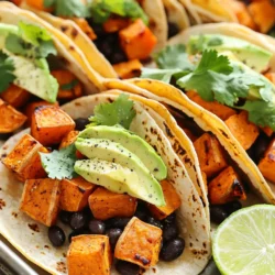 - 2 medium sweet potatoes, peeled and cubed - 1 can (15 oz) black beans, rinsed and drained - 1 tablespoon olive oil - 1 teaspoon cumin - 1 teaspoon smoked paprika - 1/2 teaspoon cayenne pepper (adjust for spice preference) - Salt and pepper to taste Sweet potatoes are the star here. They add a sweet taste and great texture. They also provide vitamins and fiber. Black beans are packed with protein and keep you full. They add a nice creaminess to the tacos. The spices bring warmth and depth. Olive oil helps the sweet potatoes roast perfectly. - 8 small corn tortillas - 1 avocado, sliced - 1/4 cup fresh cilantro, chopped - 1 lime, cut into wedges - Optional toppings: salsa, shredded cheese, or Greek yogurt The corn tortillas hold all the goodness. They are soft and tasty. Avocado adds creaminess and healthy fats. Fresh cilantro gives a burst of flavor. Lime adds a zesty touch. You can customize your tacos with extra toppings. Salsa, cheese, or Greek yogurt can enhance the meal. Each topping brings its own flavor, making every bite special. 1. Preheat oven and prepare baking sheet: Start by preheating your oven to 400°F (200°C). This high heat helps the sweet potatoes roast well. Line a large baking sheet with parchment paper. This makes cleanup easy. 2. Combine ingredients in a bowl: In a large bowl, mix the cubed sweet potatoes with olive oil, cumin, smoked paprika, cayenne pepper, salt, and pepper. Toss until the sweet potatoes are well coated. This adds flavor and makes them extra tasty. 1. Roast sweet potatoes: Spread the sweet potatoes on the prepared baking sheet in a single layer. Place them in the oven and roast for 20 minutes. This step helps them become soft and caramelized. 2. Add black beans and continue roasting: After 20 minutes, take the baking sheet out. Add the rinsed black beans to the sweet potatoes. Gently toss them together and return the sheet to the oven. Roast for another 10-15 minutes until the sweet potatoes are tender. The beans will warm up and add more flavor. 1. Warm tortillas: While the sweet potato and bean mixture is baking, warm the corn tortillas. Use a dry skillet over medium heat. Heat them for about 30 seconds on each side until they are soft and pliable. 2. Assemble the tacos: When the sweet potato and black bean mixture is ready, take it out of the oven and let it cool for a minute. Spoon the mixture onto each tortilla. Top with slices of avocado, fresh cilantro, and any extra toppings you like. 3. Serve immediately: Serve your tacos with lime wedges on the side. A little spritz of lime juice adds a bright flavor that brings everything together. Enjoy your meal! To ensure sweet potatoes cook evenly, cut them into small, uniform cubes. This helps them roast at the same rate. Toss them well in olive oil and spices to coat every piece. Spread them out on the baking sheet in a single layer. Avoid overcrowding, as this can lead to steaming instead of roasting. If you want to adjust spice levels, start with less cayenne pepper. You can add more later if you like it spicier. Taste the mixture before serving. This way, you can find the right balance for your group. For the best side dishes to pair with tacos, consider a fresh salad with lime vinaigrette. A corn salsa also adds a nice crunch and sweetness. You could serve grilled veggies or a simple rice dish on the side. As for ideal drinks, try serving these tacos with a chilled sparkling water or a light beer. A fruity mocktail with lime can also be refreshing. It enhances the flavors of the tacos and keeps the meal lively. {{image_2}} You can change up the beans or proteins in this recipe. Instead of black beans, try pinto or kidney beans. If you want meat, shredded chicken or beef works well. For vegetables, add bell peppers or zucchini. You can also toss in corn for a sweet crunch. These swaps keep the dish fresh and exciting. This recipe is easily vegan and vegetarian. The sweet potatoes and beans are plant-based and filling. If you need gluten-free options, corn tortillas are perfect. You can also find many brands that offer gluten-free tortillas. Just check the label when shopping. Enjoy these tacos without worry! To store your tacos, place them in an airtight container. This keeps them fresh and safe. You can also wrap them in plastic wrap. This way, they stay moist and tasty. Store the tacos in the fridge. They will last for about 3 to 4 days. If you want to keep them longer, you can freeze the filling. Keep it in a freezer-safe bag for up to 3 months. Just remember to cool the filling first before freezing. When it's time to eat your leftovers, reheating is key. You can use the oven, a skillet, or even the microwave. For the oven, preheat it to 350°F (175°C). Spread the filling on a baking sheet. Heat for about 10 minutes until warm. If you use a skillet, heat it on medium-low. Stir the filling gently for about 5 minutes. For the microwave, place the filling in a bowl. Heat for 1 minute, then stir and heat again if needed. This helps keep the flavors and texture. Avoid overheating, as it can make the filling dry. Enjoy your tacos just like new! Can I make these tacos ahead of time? Yes, you can prepare the sweet potato and black bean mix in advance. Store it in the fridge for up to three days. When you're ready, just reheat it in the oven or skillet. This saves time on busy nights. What if I don’t have olives or seasonings? No worries! You can skip the olives and use other spices instead. Try garlic powder or onion powder for flavor. You can also add lime juice or hot sauce to spice it up. Be creative with what you have in your kitchen! Calories per serving These tacos have about 350 calories per serving. This is a healthy choice for lunch or dinner. Health benefits of sweet potatoes and black beans Sweet potatoes are rich in vitamins A and C. They help your immune system and skin health. Black beans are a great source of fiber and protein. They support digestion and keep you full longer. Together, they make a nutritious and filling meal. We covered how to make tasty black bean and sweet potato tacos. You learned about the key ingredients, toppings, and easy steps to prepare them. I shared cooking tips, serving suggestions, and fun variations. These tacos are not just simple; they are healthy and delicious too. Don't hesitate to try different ingredients and keep these tacos fresh. Your meals can be fun and full of flavor. Enjoy every bite!