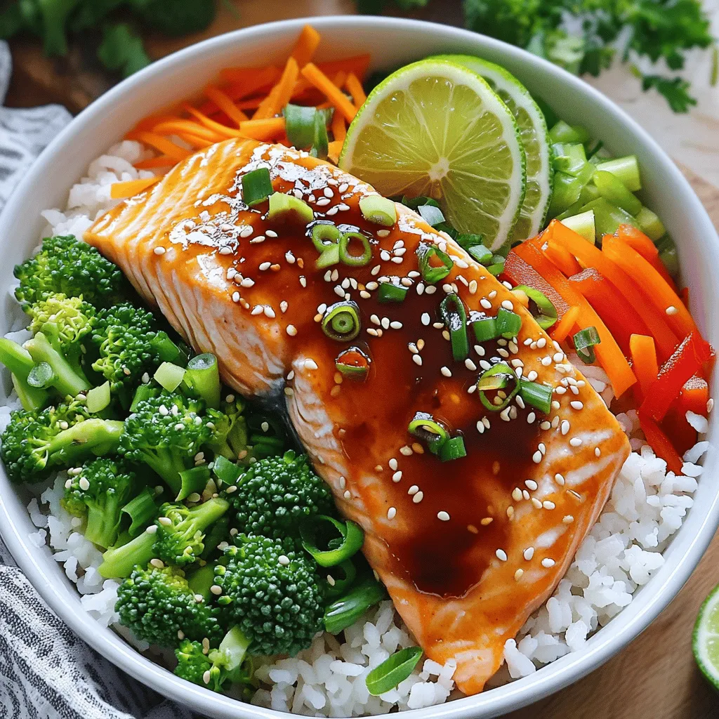 For Min Teriyaki Salmon Bowls, gather these main ingredients: - 2 salmon fillets (about 6 oz each) - 1/4 cup soy sauce - 2 tablespoons honey - 1 tablespoon rice vinegar - 1 tablespoon sesame oil - 1 teaspoon minced garlic - 1/2 teaspoon grated ginger - 2 cups cooked sushi rice - 1 cup broccoli florets - 1/2 red bell pepper, thinly sliced - 1 carrot, julienned - 2 green onions, chopped - Sesame seeds for garnish These ingredients form the base of your dish. The salmon provides a rich flavor, while the soy sauce and honey create a sweet and salty glaze. To prepare this dish, you will need: - A skillet - A whisk - A shallow dish - A steamer or pot for vegetables - A cutting board - A knife Having the right tools helps speed up the cooking process. A non-stick skillet is best for cooking the salmon evenly. You can enhance the dish with optional seasonings: - Crushed red pepper for heat - Chopped cilantro for freshness - Lime juice for a citrus kick These additions can add layers of flavor and make your bowls even more special. Feel free to get creative! To start, gather your ingredients. In a small bowl, combine the soy sauce, honey, rice vinegar, sesame oil, minced garlic, and grated ginger. Whisk them together until smooth. This mix makes a tasty teriyaki sauce. You can taste it and adjust if needed. Set the sauce aside while you prepare the salmon. Now, take your salmon fillets and place them in a shallow dish. Pour half of the teriyaki sauce over the salmon. Make sure the fillets are well coated. Let them marinate for at least 15 minutes. Turn the fillets halfway through to soak up more flavor. This step is key for a juicy and flavorful salmon. While the salmon marinates, you can prepare the veggies. Steam the broccoli florets for about 4-5 minutes. They should be tender yet still crisp. Set them aside after cooking. Next, heat a non-stick skillet over medium heat. Remove the salmon from the marinade and place it in the skillet. Cook for about 4-5 minutes on each side. Brush the salmon with leftover sauce for a nice glaze. Cook until the salmon is fully done and flaky. To assemble, start with the sushi rice. Divide it equally among four bowls. Place a piece of teriyaki salmon on top of the rice in each bowl. Add the steamed broccoli, sliced red bell pepper, and julienned carrot on the side. This makes the bowl colorful and fun to eat. Finish your bowls with a drizzle of any remaining teriyaki sauce. Sprinkle chopped green onions and sesame seeds on top. This adds extra flavor and crunch. For a fresh kick, you can also add a slice of lime on the side. Enjoy your beautiful teriyaki salmon bowls! - Use fresh salmon for the best taste. - Cook the salmon skin-side down for crispy skin. - Heat your pan before adding the salmon to get a nice sear. - Flip the salmon only once to keep it moist. - Brush the salmon with teriyaki sauce while cooking for more flavor. - Add a splash of lime juice for extra zest. - Try adding chili flakes for a spicy kick. - Mix in some sesame seeds for nutty flavor. - Swap honey for maple syrup for a different sweetness. - Toss in some fresh herbs like cilantro for brightness. - Use colorful bowls to make your dish pop. - Layer the ingredients for an appealing look. - Garnish with green onions and sesame seeds on top. - Place lime slices on the side for a fresh touch. - Arrange the veggies in a rainbow pattern for fun. {{image_2}} You can easily swap the salmon for another fish, like tuna or tilapia. If you want a non-fish option, try chicken or tofu. For veggies, broccoli is great, but snap peas or zucchini work too. You can also mix in some spinach or kale for extra greens. Feel free to adjust the ingredients to match what you enjoy. For a gluten-free meal, use tamari instead of soy sauce. If you want a low-carb bowl, swap the sushi rice with cauliflower rice. You can also make a vegan version by using tofu or tempeh instead of salmon. Use maple syrup instead of honey for sweetness. These changes let everyone enjoy this dish. You can have fun with different sauces. Try teriyaki sauce mixed with sriracha for heat. A sweet chili sauce adds a nice twist too. For toppings, add sliced avocado or pickled ginger for a fresh taste. You can even sprinkle some crushed peanuts for extra crunch. Experimenting keeps the meal exciting. To store leftover Min Teriyaki Salmon Bowls, place them in an airtight container. This keeps the flavors fresh. You should refrigerate the bowls within two hours of cooking. The salmon and veggies stay tasty for up to three days. If you plan to eat them later, store the sauce separately to avoid soggy rice. When you are ready to eat, reheating is simple. Use a microwave or a skillet. For the microwave, heat the bowl for one to two minutes. Stir halfway through to warm evenly. In a skillet, place the salmon and veggies over low heat. Add a splash of water to keep them moist. Cook for about five minutes until heated through. Yes, you can freeze Min Teriyaki Salmon Bowls. To do this, pack the salmon, rice, and veggies in a freezer-safe container. Make sure to leave some space for expansion. This dish stays good in the freezer for up to three months. When you are ready to eat, thaw it in the fridge overnight before reheating. Min's Teriyaki Salmon Bowl is a delicious and colorful dish. It features salmon fillets glazed in a sweet teriyaki sauce. You serve it over sushi rice with fresh veggies. This dish is popular for its blend of flavors and easy prep. The mix of salmon, rice, and colorful toppings makes it as pleasing to the eyes as it is to the taste buds. You can store leftover teriyaki salmon bowls in the fridge for about 2 to 3 days. Make sure to keep them in an airtight container. This helps maintain freshness and flavor. If you notice any off smells or changes in texture, it’s best to toss it out. Yes, you can prep several parts of this recipe ahead of time. You can marinate the salmon and chop the veggies a day in advance. Just keep them in the fridge. When you are ready to eat, you can quickly cook the salmon and assemble your bowls. This saves time and makes meal prep easy. You can serve a variety of sides with teriyaki salmon bowls. Here are a few ideas: - Edamame for a fun snack. - Seaweed salad for extra flavor. - Pickled veggies for a tangy bite. - A light miso soup for warmth. These options complement the flavors in the bowl and add variety to your meal. Yes, Min's Teriyaki Salmon Bowl is quite healthy. Salmon is rich in omega-3 fatty acids, which are good for heart health. The veggies add fiber and vitamins, while sushi rice provides energy. The teriyaki sauce has sugar, but you can adjust it to suit your taste. Overall, this meal strikes a balance of nutrients, making it a great choice for a wholesome dinner. This guide outlined how to create a delicious teriyaki salmon bowl. We reviewed the needed ingredients, tools, and optional seasonings. I provided step-by-step instructions, from making the sauce to cooking and assembling the dish. You learned tips for perfect cooking and impactful presentation. Variations and storage info offer ways to customize and save leftovers. Whether you're a beginner or seasoned cook, these steps can create a satisfying meal. Enjoy your cooking, and feel free to experiment with flavors!