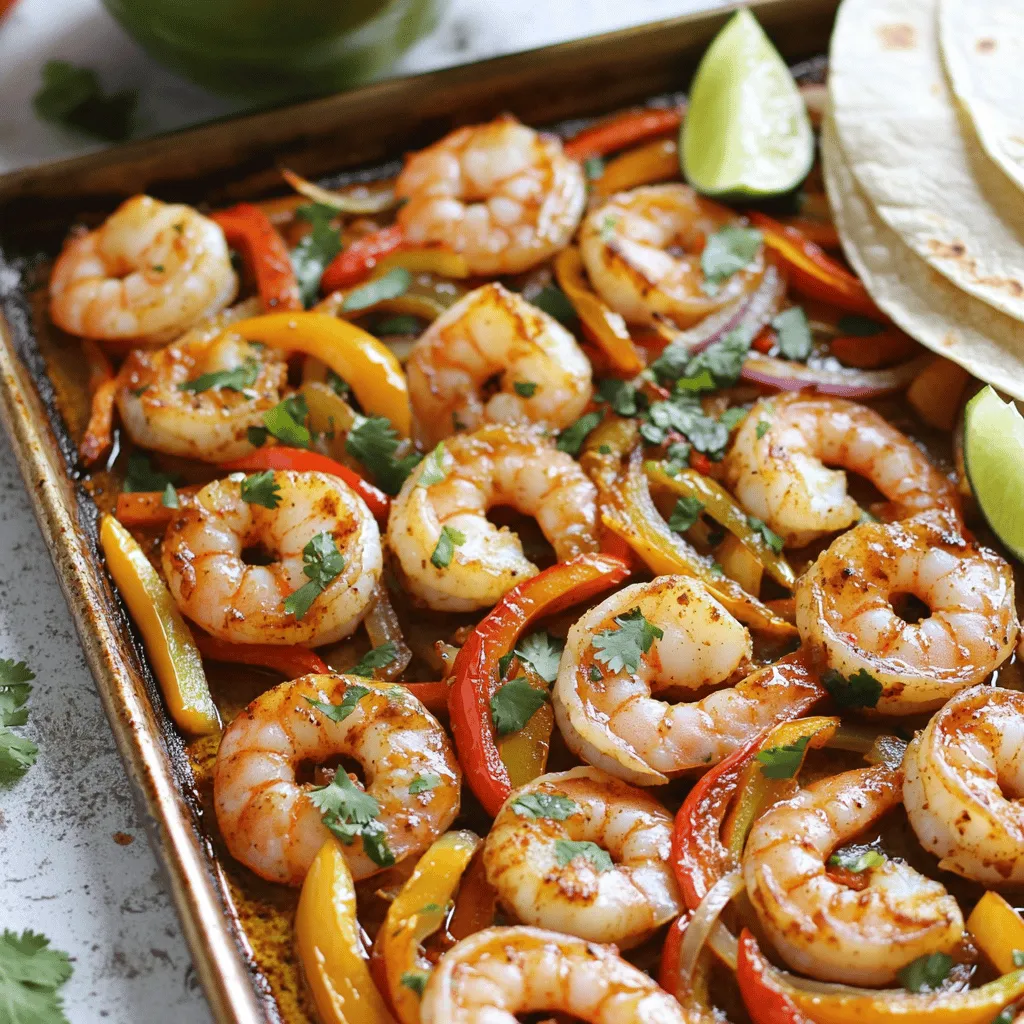 - 1 lb large shrimp, peeled and deveined - 2 bell peppers (red and yellow), sliced - 1 medium onion, sliced - 8 small flour or corn tortillas - 3 tablespoons olive oil - 2 tablespoons chipotle sauce (or adobo sauce) - 1 teaspoon garlic powder - 1 teaspoon ground cumin - 1 teaspoon smoked paprika - Salt and freshly ground black pepper - Fresh cilantro for garnish - Lime wedges for serving Each ingredient plays a key role in creating the vibrant taste of these fajitas. The large shrimp absorb all the spices well, making them juicy and flavorful. The bell peppers and onions add crunch and sweetness. The olive oil helps blend the spices and keeps everything moist during baking. Chipotle sauce gives a smoky kick that can adjust to your taste. The spices, like garlic powder, cumin, and smoked paprika, add depth. A sprinkle of salt and pepper enhances all the flavors. Finally, fresh cilantro and lime wedges brighten the dish. They add freshness and zest, balancing the rich flavors. Enjoy every bite of this colorful and tasty meal! - Preheat the oven to 425°F (220°C). - In a large bowl, combine 1 lb of shrimp, 2 sliced bell peppers, and 1 sliced onion. - In a small bowl, whisk together: - 3 tablespoons olive oil - 2 tablespoons chipotle sauce - 1 teaspoon garlic powder - 1 teaspoon ground cumin - 1 teaspoon smoked paprika - Salt and black pepper to taste - Toss the shrimp and veggies in the chipotle mixture. - Spread the mixture on a parchment-lined baking sheet. - Bake for 15-20 minutes. Toss halfway for even cooking. - Warm the tortillas in a skillet until they are soft. - Assemble the fajitas with shrimp and veggie mixture. - Ensure shrimp are cooked through and veggies are tender. - Use parchment paper for easy cleanup. When you make Sheet Pan Chipotle Shrimp Fajitas, cooking time matters. Shrimp cooks fast, usually in 15 to 20 minutes at 425°F. Check that they turn pink and firm. For veggies, look for soft bell peppers and onions. Use parchment paper to keep your pan clean and save time. - Arrange fajitas on a platter for presentation. - Provide bowls of lime wedges and cilantro. Your fajitas deserve a great look. Place them on a large platter. This makes it easy for everyone to grab a tortilla. Lime wedges and fresh cilantro are key for a colorful touch. They also add a fun, fresh flavor. - Add extra lime juice for zesty flavor. - Consider additional toppings like avocado or salsa. For a zingy kick, squeeze more lime juice over the fajitas. This brightens every bite. You can also try toppings like creamy avocado or spicy salsa. These choices make your dish even more enjoyable and unique. {{image_2}} You can easily swap the shrimp for chicken, beef, or tofu. Chicken works great with the same seasoning. Just slice it thinly and cook it until it's fully done. Beef can add a rich flavor. Use flank steak and slice it against the grain. Tofu is perfect for a plant-based meal. Press it to remove water, then cut it into cubes. For a vegetarian option, skip the shrimp entirely. Use a mix of veggies like zucchini, mushrooms, and more bell peppers. You can also add a plant-based protein, like black beans or chickpeas. This keeps the meal filling and flavorful while being meat-free. If you like it spicy, add jalapeños to the mix. Slice them thin and toss them in with the shrimp and veggies. For a milder flavor, use a mild chipotle sauce. It still gives great taste without too much heat. Adjust to your taste to make it just right! After enjoying your fajitas, store any leftovers in an airtight container. This keeps them fresh in the refrigerator. They will stay good for about three days. Always let them cool before sealing the container. This helps prevent moisture buildup. To reheat your fajitas, you can use either an oven or a microwave. For the oven, set it to 350°F (175°C). Place the fajitas on a baking sheet and warm them for about 10 minutes. If using a microwave, put the fajitas on a microwave-safe plate and heat them until warm. Make sure they are heated through before serving. You can freeze your fajitas for later use. To freeze, first let them cool completely. Then, pack them in freezer-safe bags or containers. Remove as much air as possible to prevent freezer burn. When you want to eat them, defrost in the fridge overnight. After defrosting, reheat as mentioned above. Making Sheet Pan Chipotle Shrimp Fajitas takes about 30 minutes. The prep time is 10 minutes, and cooking takes about 15 to 20 minutes. You can easily fit this meal into a busy evening. Yes, you can prep the shrimp and veggies ahead of time. Mix them with the chipotle sauce and store them in the fridge. Use within 24 hours for the best taste. This makes for easy meal prep and quick dinners. You can serve shrimp fajitas with many sides. Here are some great options: - Rice, white or brown - Black beans or refried beans - Fresh salads with avocado - Corn on the cob - Chips and salsa These sides will complement the fajitas and make your meal even more enjoyable. In this blog post, I shared a simple recipe for tasty Sheet Pan Chipotle Shrimp Fajitas. We covered key ingredients like shrimp, bell peppers, and spices, along with easy step-by-step instructions. Don't forget my tips for serving, flavors, and variations. You can customize the dish with different proteins or extra spice. Keep leftovers fresh and enjoy them later. This dish is quick and full of flavor.