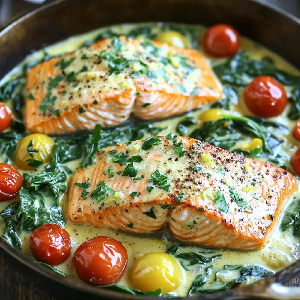 - 4 salmon fillets (about 6 oz each) - 2 tablespoons olive oil - 4 cloves garlic, minced - 1 cup heavy cream - 1 cup chicken broth - 1 teaspoon lemon zest - 2 tablespoons lemon juice - 1 teaspoon dried dill - Salt and pepper to taste - 1 cup fresh spinach - 1 cup cherry tomatoes, halved - Fresh parsley for garnish The star of this dish is the salmon. I love using fresh fillets for the best taste. The olive oil helps to cook the salmon and adds flavor. Garlic creates a wonderful aroma and gives depth to the dish. Heavy cream forms the base of our sauce, making it rich and creamy. Chicken broth adds a savory note that balances the cream. I always zest the lemon before juicing it. The zest has a bright flavor that enhances the sauce. Dried dill adds a nice touch, reminding me of summer gardens. Fresh spinach wilts down nicely, adding color and nutrition. Cherry tomatoes burst with sweetness, making each bite enjoyable. Finally, fresh parsley acts as a lovely garnish to brighten the dish. - If you want to swap heavy cream, try using coconut cream or cashew cream for a dairy-free option. - For other fish varieties, you can use trout or cod. Both cook well in this dish and taste great. - To enhance flavor, try adding a pinch of red pepper flakes for heat. - Fresh herbs like basil or thyme can replace dill for a different taste. - How to season salmon fillets First, take your salmon fillets and pat them dry with a paper towel. This helps the seasoning stick. Then, sprinkle salt and pepper on both sides. This simple step adds a lot of flavor. - Mince garlic and cut vegetables Next, grab four cloves of garlic. Use a knife to mince them finely. This will release their strong flavor. For the veggies, cut the cherry tomatoes in half. You will also need to rinse the spinach and set it aside for later. - Detailed steps for searing salmon Heat two tablespoons of olive oil in a large skillet over medium-high heat. Once the oil is hot, place the salmon fillets skin side down in the skillet. Sear them for about 4-5 minutes. Flip the fillets and cook for another 4-5 minutes until they are crispy and cooked through. Remove the salmon from the skillet and set it aside. - Making the creamy sauce In the same skillet, lower the heat to medium. Add the minced garlic and sauté it for about one minute. You want it fragrant but not brown. Pour in one cup of chicken broth and bring it to a simmer. Scrape any bits off the bottom of the pan to add more flavor. - Combining ingredients in the skillet Once your broth is simmering, stir in one cup of heavy cream, one teaspoon of lemon zest, two tablespoons of lemon juice, and one teaspoon of dried dill. Let the sauce simmer for about 3-4 minutes, stirring often. Then, add in the fresh spinach and halved cherry tomatoes. Cook until the spinach wilts and the tomatoes soften, about 2-3 minutes. Return the salmon to the skillet and spoon the creamy sauce over it. Let it all simmer together for one more minute to warm through. - Steps to garnish and serve Once everything is cooked, remove the skillet from the heat. Garnish with fresh parsley for a pop of color. The fresh herbs add a nice touch. - Best serving suggestions You can serve the salmon right in the skillet for a family-style meal. Add some extra lemon wedges and dill for a bright look. If you prefer, plate the salmon individually with rice or crusty bread. This way, you can soak up all that rich, creamy sauce. To get crispy salmon, heat your skillet first. Use medium-high heat and add olive oil. Season your salmon fillets with salt and pepper. Place them skin side down. Cook for 4-5 minutes on each side. This gives a nice, crispy skin. Always avoid flipping too soon. How can you avoid overcooking the salmon? Watch the color change. Salmon should go from bright pink to a lighter shade. Remove it once it turns opaque in the center. Let it rest a bit after cooking. This helps keep it moist. To thicken the sauce, let it simmer longer. The heavy cream will reduce and become creamy. Stir often, and don’t rush this step. You can also add a bit of cornstarch mixed with water if needed. What if the sauce is too tart or too creamy? If it's too tart, add a pinch of sugar. This balances the lemon flavor. If it’s too creamy, add a splash more chicken broth. This lightens it up a bit. What are some great side dishes? Rice or crusty bread works well. Both help soak up that creamy sauce. You can also serve it with a simple salad. Fresh greens add a nice crunch. For a restaurant-style feel, serve the salmon in the skillet. Garnish it with lemon wedges and fresh dill. This adds color and makes it look special. Alternatively, plate it individually for a more formal touch. {{image_2}} You can make this dish low-carb. Replace heavy cream with coconut cream. Use zucchini noodles instead of pasta. For a dairy-free option, try almond milk. Seasonal veggies add color and taste. Swap spinach for kale or asparagus. Use bell peppers for a sweet crunch. Cherry tomatoes can change to diced squash. These swaps keep the dish fresh and fun. Baking this dish is simple. Preheat the oven to 375°F. Place the salmon in a baking dish. Pour the creamy sauce over the top. Bake for 15-20 minutes, until cooked through. For a smoky flavor, try grilling. Preheat your grill to medium-high. Season the salmon and place it on the grill. Cook for about 6-8 minutes per side. Brush with the creamy sauce before serving. Want to add some heat? Toss in red pepper flakes for spice. You can also mix in a bit of mustard for zest. Infuse your dish with other citrus fruits, like lime or orange. This adds a fresh twist. Experiment with fresh herbs too. Try basil or cilantro for new flavors. Each change offers a unique taste experience. To store leftovers properly, let the salmon cool to room temperature first. Place it in a clean container. I recommend glass or BPA-free plastic. The creamy salmon lasts about three days in the fridge. Always cover the container tightly with a lid or plastic wrap. This keeps it fresh and prevents odors from mixing. For freezing, let the dish cool completely. Portion the salmon and sauce into freezer-safe bags or containers. Remove as much air as possible to prevent freezer burn. The dish stays good for about three months in the freezer. When ready to eat, defrost it overnight in the fridge. Reheat gently on the stove or in the microwave. I suggest using glass containers or high-quality plastic ones. Glass is great because it does not stain and is easy to clean. Airtight storage is key. It keeps your salmon fresh and tasty. Never store food in aluminum foil or cling wrap alone. They do not provide good protection against air and moisture. To check if the salmon is done, look for a few signs. The salmon should be opaque and flake easily with a fork. The internal temperature should reach 145°F. You can also check the color. It should change from bright pink to a lighter shade. If you follow these tips, you will cook the salmon perfectly. Yes, you can use frozen salmon. Just make sure to thaw it first. Place it in the fridge overnight or run it under cold water for a quick thaw. This way, the salmon will cook evenly. If you add it frozen directly, it may not cook through properly. This dish pairs well with many sides. Here are a few ideas: - Rice: White, brown, or jasmine rice work great. - Bread: Crusty bread soaks up the creamy sauce well. - Vegetables: Steamed asparagus or broccoli add color and nutrition. - Salad: A fresh green salad gives a nice crunch and balance. To add some heat, try these tips: - Red pepper flakes: Sprinkle some into the sauce. - Hot sauce: Drizzle it on the salmon before serving. - Spicy mustard: Mix a teaspoon into the sauce for an extra kick. These ideas will give your dish a spicy twist. Absolutely! You can try these options: - Chicken: Chicken breasts or thighs cook well in the sauce. - Shrimp: Cook shrimp until pink and add them to the sauce. - Tofu: Firm tofu works for a plant-based choice. Feel free to experiment with your favorite protein! In this blog post, we covered how to make a delicious One-Pan Creamy Lemon Garlic Salmon. We went over the main ingredients, measurement substitutes, and seasoning ideas. You learned step-by-step how to prepare, cook, and serve your dish with style. I shared tips to ensure crispy salmon and great sauce. Finally, you explored variations and storage options for leftovers. Cooking can be fun and simple with the right guidance. Enjoy your meal, and don’t be afraid to get creative in the kitchen!