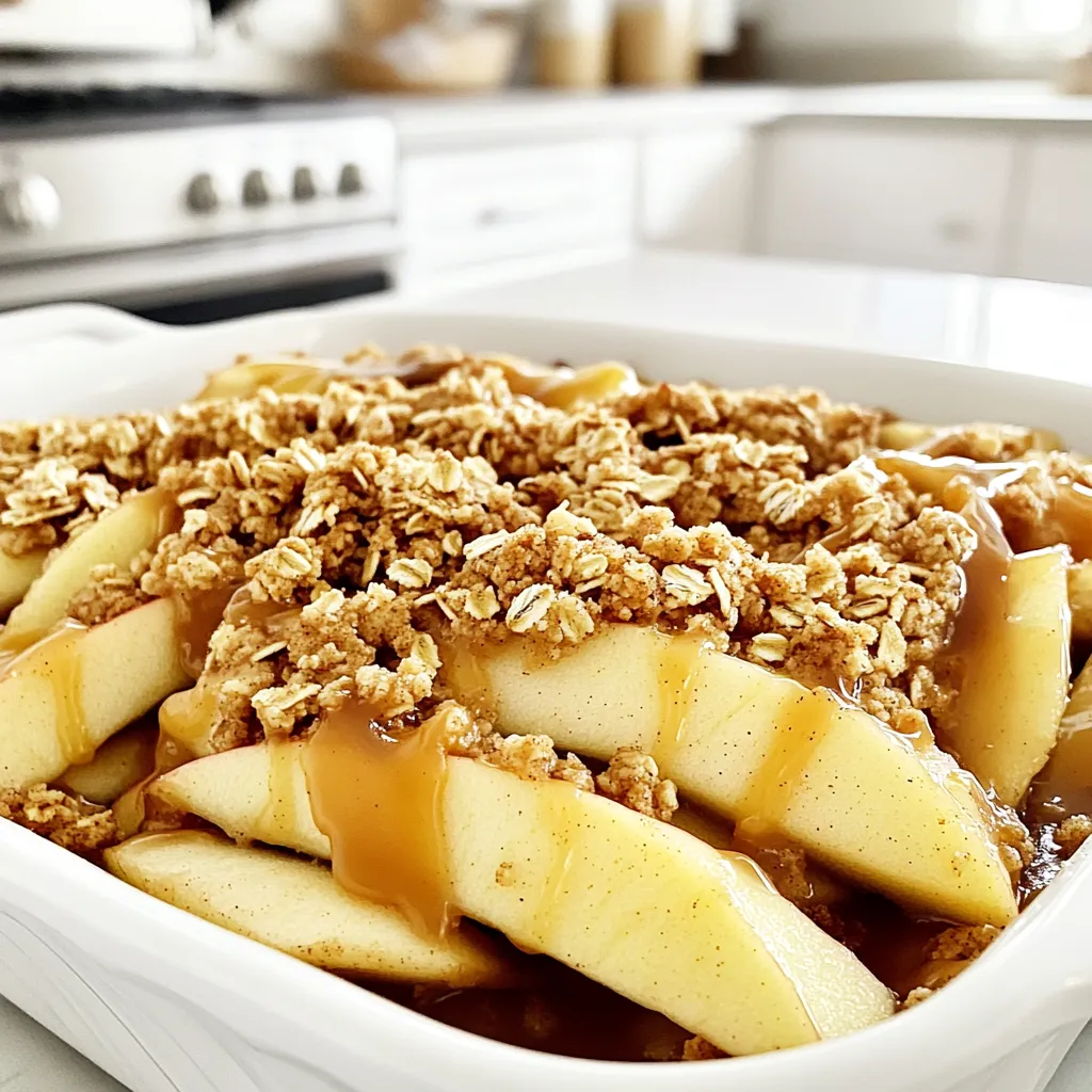 - 4 medium-sized apples, peeled, cored, and sliced - 1 tablespoon lemon juice - 1 cup brown sugar, divided - 1 teaspoon ground cinnamon - 1/2 teaspoon nutmeg - Pinch of salt - 1 cup rolled oats - 1/2 cup all-purpose flour - 1/2 cup unsalted butter, melted - 1/2 cup chopped pecans or walnuts (optional) - 1/4 cup caramel sauce, plus extra for drizzling When I make Caramel Apple Crisp, I love to start with fresh apples. I always choose a mix of sweet and tart apples. They balance each other very well. I peel, core, and slice them thin. This helps them cook evenly. The lemon juice adds a nice touch. It keeps the apples bright and fresh. Next, I mix the apples with brown sugar, cinnamon, nutmeg, and salt. The cinnamon and nutmeg give warmth and depth. The brown sugar adds sweetness. I usually use about half a cup of it for the apples. It makes them sticky and sweet. For the topping, I combine rolled oats and all-purpose flour. The oats add a chewy texture. I melt the butter and pour it over the dry mix. This creates a crumbly topping. If I want extra crunch, I add chopped pecans or walnuts. They give a nice nutty flavor. Finally, I drizzle caramel sauce over the topping. This makes the dish extra special. I always keep some caramel for serving, too. It adds a beautiful finish when I serve the crisp warm. Set your oven to 350°F (175°C). This temperature helps the crisp bake evenly. Take four medium apples. Peel, core, and slice them into thin pieces. In a large bowl, add the apple slices. Pour in one tablespoon of lemon juice. Add half a cup of brown sugar, one teaspoon of cinnamon, half a teaspoon of nutmeg, and a pinch of salt. Toss the apples well until they are all coated with the mix. Next, spread the apple mixture evenly in a greased 9x13 inch baking dish. In another bowl, mix one cup of rolled oats, half a cup of all-purpose flour, and the remaining half cup of brown sugar. If you like, you can add half a cup of chopped pecans or walnuts. Pour half a cup of melted butter over this mixture. Stir until everything is moist and crumbly. Now, sprinkle your oat topping evenly over the apples in the baking dish. Drizzle a quarter cup of caramel sauce all over the top of the oat mixture. This adds a sweet layer to every bite. Put the baking dish in the oven. Bake it for 30 to 35 minutes. You want the topping to turn golden brown and the apples to become tender. Once done, take the dish out of the oven and let it cool for about 10 minutes. Serve it warm. Drizzle with more caramel sauce if you want an extra treat. For a great caramel apple crisp, use sweet and tart apples. I love using Granny Smith, Honeycrisp, and Fuji apples. They hold up well when baked, and their flavors blend nicely. When you mix sweet and tart apples, you get a balanced taste. This makes every bite exciting and delicious. To add depth to your crisp, think about spices. You can try adding ginger or cloves for warmth. A splash of vanilla extract can make it richer. If you want a nutty flavor, add chopped nuts to the apple mix. This small change can create a new twist on your dessert. For a crunchy topping, focus on the oats and flour mix. Make sure to use rolled oats, as they give the best texture. Mix the oats with flour and sugar. Add melted butter slowly, stirring until it’s crumbly. A little bit of extra sugar can also help with crispiness. When baking, keep an eye on it. Once it turns golden brown, it's ready to come out! {{image_2}} If you want a nut-free caramel apple crisp, just skip the nuts. This dish still tastes great without them. You can use the same recipe. The oats and brown sugar will give you a nice crunch. For a gluten-free version, swap all-purpose flour with almond flour or coconut flour. Both options work well. They keep the texture light and tasty. Just be sure to check that your oats are certified gluten-free. You can change up the fruit based on the season. In summer, try peaches or berries. In winter, pears or cranberries fit well. Each fruit brings a unique flavor. Adding spices like ginger or cardamom can also give a nice twist. To keep your caramel apple crisp fresh, let it cool first. Store it in an airtight container. Keep it in the fridge for up to three days. This helps maintain its flavor and texture. If you want to serve it warm later, just reheat it in the oven. You can freeze caramel apple crisp for later use. First, let it cool completely. Then, wrap it tightly with plastic wrap or aluminum foil. Place it in a freezer-safe container. It can stay in the freezer for up to three months. When you are ready to eat it, thaw it overnight in the fridge. Reheat it in the oven until hot. This method keeps the crisp tasty and fresh. Caramel apple crisp stays fresh for about three days in the fridge. If frozen, it can last up to three months. The flavor and texture may change slightly over time, but it will still be good. Always check for any off smells or changes before eating. Yes, you can change the fruit! Pears, peaches, or berries work well. Each fruit gives a unique taste. Just remember to adjust the sugar. Some fruits are sweeter than apples. To lower the sweetness, reduce the brown sugar. You can use half a cup or less. Adding more lemon juice helps balance the flavors. You can also skip the caramel drizzle if needed. You can make it in advance! Prepare the apple mix and topping separately. Store them in the fridge for up to a day. When ready, assemble and bake as directed. Serve with vanilla ice cream or whipped cream. A scoop of yogurt is tasty, too. You can also add a sprinkle of cinnamon for extra flavor. Enjoy it warm with your favorite sides! This blog post covered how to make a delicious caramel apple crisp. We went over the key ingredients, including apples, spices, and toppings. The step-by-step instructions made it easy to follow along. Remember, you can customize your crisp with different fruits and flavors. As you bake, enjoy the fun process and the great smells. This dish is not only tasty but also perfect for sharing. With these tips and tricks, you can create a wonderful treat for any occasion. Happy baking!