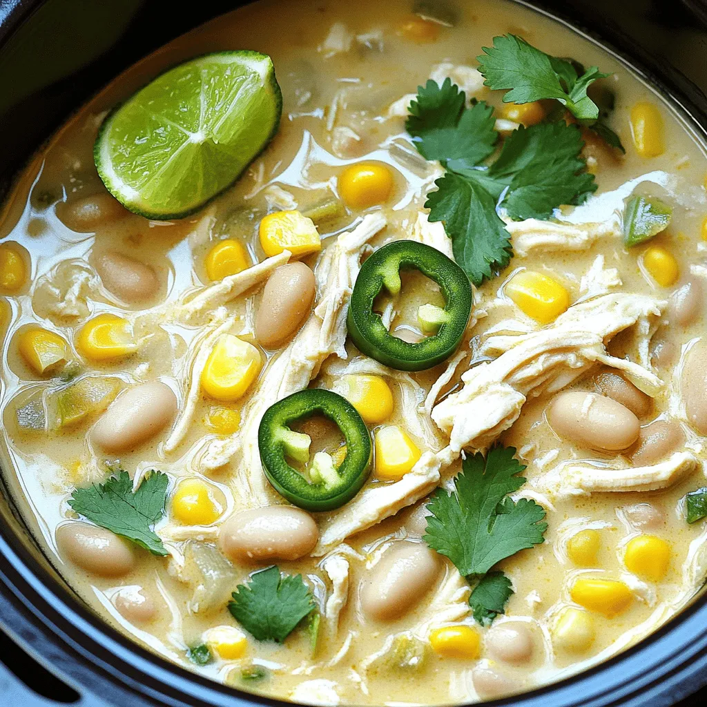 To make Slow Cooker Creamy White Chicken Chili, you need simple yet flavorful ingredients. Here’s what you'll need: - 1 lb boneless, skinless chicken breasts - 1 can (15 oz) white beans, drained and rinsed - 1 cup corn kernels (fresh or frozen) - 1 medium onion, diced - 2 cloves garlic, minced - 1-2 jalapeños, diced (seeds removed for less heat) - 4 cups chicken broth - 1 teaspoon cumin - 1 teaspoon oregano - Salt and pepper to taste - 1 cup cream cheese, softened - 1 cup shredded Monterey Jack cheese - Fresh cilantro, for garnish - Lime wedges, for serving Gathering these ingredients sets the stage for a cozy meal. The chicken provides protein, while beans add fiber. Corn brings a touch of sweetness, and spices like cumin and oregano give depth. Cream cheese and Monterey Jack cheese add richness and creaminess to the chili. Don't forget the lime and cilantro for a fresh finish! - Layering and Combining Ingredients Start by placing the chicken breasts at the bottom of your slow cooker. This helps keep them moist. Next, add the white beans, corn, diced onion, minced garlic, and diced jalapeños. Make sure to remove the seeds if you want less heat. Pour in the chicken broth. Finally, sprinkle cumin, oregano, salt, and pepper to season well. - Cooking Times and Settings Cover the slow cooker and set it to cook on low for 6-7 hours. If you're short on time, you can cook it on high for 3-4 hours. The chicken should be fully cooked and tender when done. Always check that the chicken reaches an internal temperature of 165°F. - Shredding the Chicken Once the cooking time is up, carefully remove the chicken breasts. Use two forks to shred them into bite-sized pieces. Return the shredded chicken back to the slow cooker. This will help the chicken soak up all the great flavors. - Incorporating Cream Cheese and Cheese Now it’s time to add richness. Stir in the softened cream cheese and shredded Monterey Jack cheese. Mix well until everything is melted and creamy. This step brings a smooth texture to your chili. - Adjusting Seasonings Always taste your chili before serving. You can adjust the seasonings if needed. Add more salt, pepper, or spices to suit your taste. Let it cook on low for another 15-20 minutes to heat through. This will give the flavors time to blend and deepen. - Best Practices for Slow Cooking Start by placing the chicken at the bottom of the slow cooker. This helps it cook evenly. Layer the beans, corn, onions, garlic, and jalapeños on top. Pour in the broth last. This order keeps the chicken moist and flavorful. - Ensuring Creaminess To get that creamy texture, add the softened cream cheese and Monterey Jack cheese toward the end. Stir them in well. Let it cook for an extra 15-20 minutes to blend the flavors. Adjust the heat to low for this step. - Ideal Side Dishes Pair this chili with fresh cornbread. It adds a sweet touch and soaks up the chili well. You can also serve it with tortilla chips for a crunchy contrast. - Garnishes for Added Flavor Top your chili with fresh cilantro and lime wedges. Cilantro adds brightness, while lime gives a zesty kick. You can also sprinkle some extra cheese on top if you like it extra cheesy. {{image_2}} You can switch proteins in this chili. Try turkey instead of chicken for a lighter dish. If you prefer plant-based options, tofu works well too. Just make sure to press the tofu to remove excess water. For beans, white beans are great, but you can use black beans or chickpeas. Each will bring a different taste and texture. You can easily adjust the spice level to fit your taste. If you like it mild, remove the jalapeño seeds. For a bit more heat, add the seeds back in. Want it spicy? Add more jalapeños or some cayenne pepper. You can also mix in a dash of hot sauce before serving. This way, everyone can enjoy their perfect bowl of chili! After your meal, store any leftover chili in the fridge. Use airtight containers to keep it fresh. It stays good for about 3-4 days. If you want to keep it longer, freezing is a great option. To freeze, let the chili cool down first. Then, place it in freezer-safe bags or containers. Make sure to leave some space for expansion. This chili can last in the freezer for up to 3 months. When you’re ready to enjoy your leftovers, reheating is easy. You can use the stove or microwave for this. If you use the stove, heat it in a pot over low heat. Stir it often to keep it from sticking. If you use the microwave, put it in a bowl and cover it. Heat it in short bursts, stirring in between. These methods help keep the chili creamy and tasty. If it seems thick, add a little broth or water as you heat it. Enjoy your warm chili just like fresh! Can I use frozen chicken breasts? Yes, you can use frozen chicken breasts. Just add them to the slow cooker without thawing. You may need to cook them longer, about 8 hours on low or 5 hours on high. This will ensure they cook through safely. How do I thicken the chili? To thicken the chili, you can mash some of the white beans after cooking. This adds creaminess. Another option is to let it cook uncovered for a bit longer, which will reduce the liquid. Can I make this recipe ahead of time? Absolutely! You can prepare the ingredients the night before. Simply store them in the fridge. In the morning, add them to the slow cooker and start cooking. It helps save time on busy days. Is this recipe gluten-free? Yes, this recipe is gluten-free. All the ingredients, like chicken, beans, and spices, do not have gluten. Just check the labels on your broth and cheese to ensure they are gluten-free. What can I substitute for cream cheese? If you want to replace cream cheese, try sour cream or Greek yogurt. They add a nice creaminess. You can also use cashew cream for a dairy-free option. Just blend soaked cashews with water until smooth. This blog post shared a tasty chicken chili recipe with simple steps and key tips. You learned about the main ingredients, preparation methods, and variations you can try. I hope you feel ready to make this dish your own. Remember, it’s all about flavors and personal touches. Enjoy cooking and sharing this dish with others. You’ll impress friends and family with your skills in the kitchen.