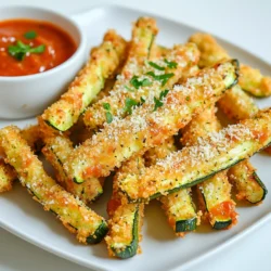 - 2 medium zucchini - 1 cup breadcrumbs (preferably panko) - ½ cup grated Parmesan cheese - 2 large eggs - 1 teaspoon garlic powder - 1 teaspoon onion powder - ½ teaspoon dried oregano - ½ teaspoon salt - ¼ teaspoon black pepper - Olive oil spray - Air fryer - Shallow dishes for breading - Cooking utensils To make crispy Air Fryer Parmesan zucchini fries, gather your ingredients. Start with two medium zucchinis. Cut them into thick sticks. The size matters. You want them to be uniform for even cooking. For the coating, use panko breadcrumbs. They give a great crunch. Mix one cup of breadcrumbs with half a cup of grated Parmesan cheese in a shallow dish. This mix adds flavor and crispiness. Next, you need two large eggs. Beat them in another shallow bowl. This will help the coating stick to the zucchini. For seasoning, add one teaspoon of garlic powder, one teaspoon of onion powder, half a teaspoon of dried oregano, half a teaspoon of salt, and a quarter teaspoon of black pepper to the breadcrumbs. This blend brings delicious flavor to your fries. Lastly, you will need olive oil spray. It helps achieve that golden-brown crunch we all love. Make sure you have your air fryer ready too. Now, you're all set to create a tasty snack! Start by cutting the zucchini into sticks. Aim for a uniform size to ensure even cooking. Next, preheat your air fryer to 400°F (200°C). This step is key. A hot air fryer helps the fries get that perfect crispy texture. In a shallow dish, combine your breadcrumbs and seasonings. Mix 1 cup of breadcrumbs with ½ cup of grated Parmesan cheese, 1 teaspoon of garlic powder, 1 teaspoon of onion powder, ½ teaspoon of dried oregano, ½ teaspoon of salt, and ¼ teaspoon of black pepper. In another shallow bowl, beat 2 large eggs. Now, dip each zucchini stick into the beaten eggs. Make sure each stick is fully coated. After that, roll the egg-coated zucchini sticks in the breadcrumb mixture. Press gently to help the crumbs stick well. Place your coated zucchini in the air fryer basket. Arrange them in a single layer. Lightly spray the fries with olive oil spray. This adds crispiness and flavor. Air fry the zucchini sticks for about 10-12 minutes. Flip them halfway through for even cooking. Look for a golden brown color and a crispy texture. Once done, remove the fries from the air fryer. Let them cool slightly before serving. To make your zucchini fries super crispy, use panko breadcrumbs. Panko is lighter and flakier than regular breadcrumbs. This helps create a perfect crunch. You should also spray the fries with olive oil. This step adds moisture and helps the coating crisp up nicely. Check the fries after about 10 minutes. Since every air fryer is different, cooking times can vary. Some air fryers may cook faster or slower than others. If they need more time, continue cooking for a few more minutes. The goal is to have them golden brown and crispy. Serve your zucchini fries with tasty dipping sauces. Marinara sauce or garlic aioli are great choices. They add flavor and fun to your meal. You can also garnish the fries with fresh parsley. This adds a pop of color and makes the dish look fancy. {{image_2}} You can spice up your air fryer zucchini fries in fun ways. Try adding herbs and spices to the breadcrumb mix. Here are some ideas: - Italian herbs: Add basil or thyme for a fresh taste. - Spicy kick: Mix in cayenne pepper or chili powder. - Smoky flavor: Try smoked paprika for a unique twist. You can also use different cheeses. While Parmesan is classic, here are some options: - Cheddar: Adds a sharp taste and a golden color. - Mozzarella: For a gooey, melty finish. - Nutritional yeast: A great vegan option that gives a cheesy flavor. If you need gluten-free options, swap regular breadcrumbs for gluten-free ones. Panko breadcrumbs work well here. You can also crush gluten-free crackers as a substitute. For vegan alternatives, skip the eggs. Instead, use a mix of ground flaxseed and water. Mix one tablespoon of flaxseed with three tablespoons of water. Let it sit until it thickens. This acts as a binder for the zucchini sticks. These zucchini fries pair well with many main dishes. Here are some ideas: - Grilled chicken: Adds protein and flavor. - Burgers: A crunchy side that complements any burger. - Fish tacos: Great for a fresh twist at taco night. You can create a fun snack platter, too. Add some dips like marinara sauce or garlic aioli. Include other snacks like carrot sticks and hummus to make it colorful and tasty. To keep your zucchini fries fresh, use an airtight container. Glass or plastic containers work well. Place the fries in the fridge right after they cool. They will stay good for up to three days. The best way to reheat leftover zucchini fries is in the air fryer. Set it to 350°F (175°C). Heat the fries for about 4-5 minutes. This method keeps them crispy. You can also use an oven if you don’t have an air fryer. Just place them on a baking sheet and heat at 350°F for about 8-10 minutes. You can freeze zucchini fries before or after cooking. If freezing before, bread the sticks and lay them flat on a baking sheet. Freeze them for a few hours, then transfer to a freezer bag. For cooked fries, let them cool, then place them in a freezer-safe bag. When ready to eat, thaw in the fridge overnight. Reheat in the air fryer until crispy. Air Fryer Parmesan Zucchini Fries can last for about 3-5 days in the fridge. Store them in an airtight container. If you want to keep them longer, you can freeze them. In the freezer, they can last for up to 2-3 months. Just make sure to place them in a freezer-safe bag or container. Yes, you can use frozen zucchini fries! Just skip the breading steps. You can air fry the frozen fries directly. Adjust the cooking time to about 15-18 minutes, checking for crispiness. This saves time but may not be as fresh. Parmesan Zucchini Fries pair well with many dishes. Here are some popular choices: - Marinara sauce for dipping - Garlic aioli for a creamy touch - A fresh salad for a light meal - Grilled chicken or fish for a complete dinner These sides enhance the meal and add flavor. Enjoy your delicious fries! This post shows how to make air fryer Parmesan zucchini fries. You learned about the main ingredients, seasoning, and cooking supplies. I gave clear steps for prep, breading, and cooking. With tips for a crispy finish and different variations, you can customize this dish. Storing leftovers and reheating tips ensure you enjoy your fries later. Try them out, and enjoy a tasty snack!