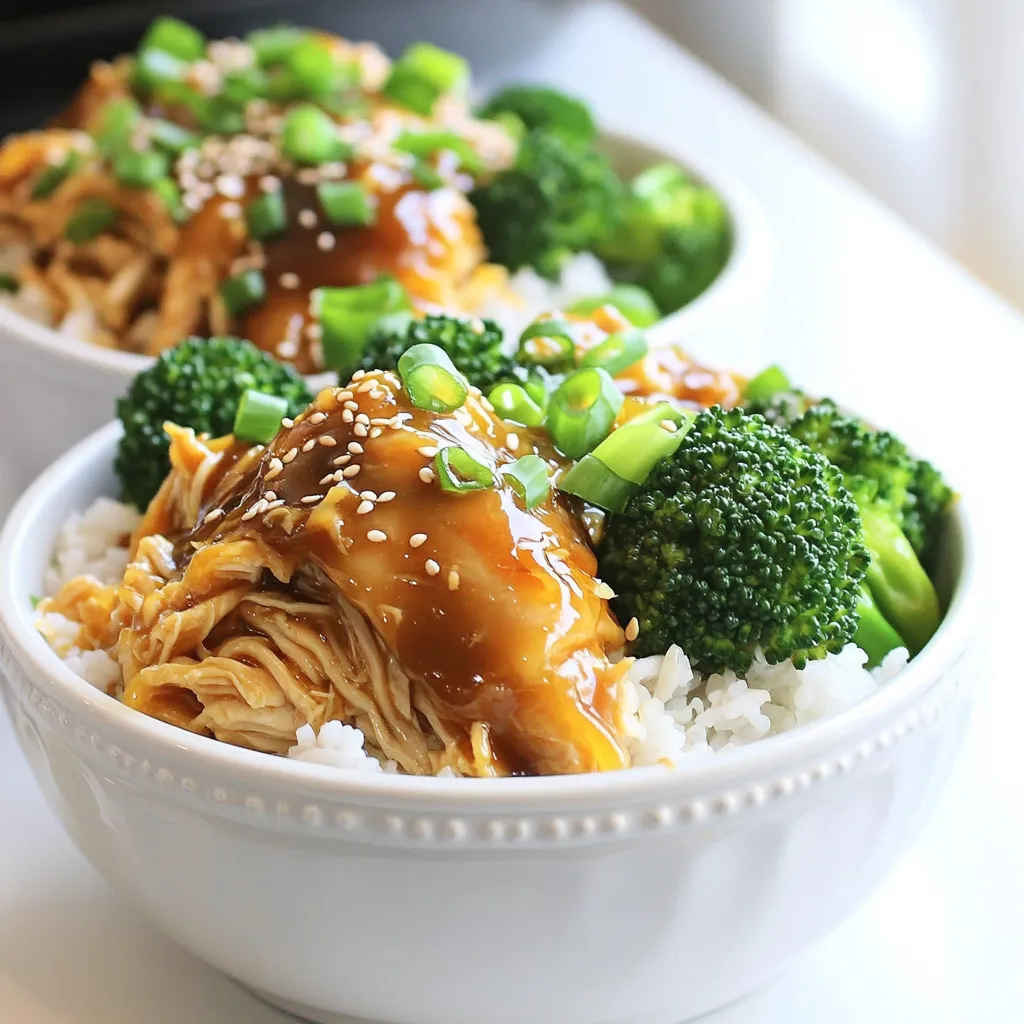 For the Slow Cooker Teriyaki Chicken Bowls, you will need: - 2 lbs boneless, skinless chicken thighs - 2 cups cooked jasmine rice - 2 cups broccoli florets This chicken is tender and juicy. The jasmine rice adds a nice touch. Broccoli gives you a healthy crunch. The sauce makes this dish special. Here are the key condiments and seasonings: - 1 cup low-sodium soy sauce - 1/2 cup honey - 1/4 cup rice vinegar - 4 cloves garlic, minced - 1 tablespoon fresh ginger, grated - 1 tablespoon sesame oil - 1 tablespoon cornstarch mixed with 2 tablespoons water (optional for thickening) These ingredients blend to make a sweet and savory sauce. The soy sauce adds saltiness, while honey adds sweetness. Garnishes make the dish look nice and add flavor. You will need: - 1/4 cup sliced green onions - Sesame seeds Green onions give a fresh taste. Sesame seeds add a bit of crunch and look great on top. To start, you need to make the teriyaki sauce. In a mixing bowl, combine these ingredients: - 1 cup low-sodium soy sauce - 1/2 cup honey - 1/4 cup rice vinegar - 4 cloves garlic, minced - 1 tablespoon fresh ginger, grated - 1 tablespoon sesame oil Whisk them together until they blend well. This sauce gives your chicken a sweet and savory kick. Now, take 2 lbs of boneless, skinless chicken thighs. Place them in the slow cooker. Pour the teriyaki sauce over the chicken, making sure it is fully coated. Cover the slow cooker and set it on low for 4 to 5 hours or high for 2 to 3 hours. The chicken will become tender and flavorful. Once the chicken is cooked, remove it from the slow cooker. Use two forks to shred the chicken into bite-sized pieces. If you want a thicker sauce, mix 1 tablespoon of cornstarch with 2 tablespoons of water. Add this mix to the remaining sauce and stir it well. Cook on high for an extra 15 minutes. Then, return the shredded chicken to the slow cooker and mix it with the sauce. About 30 minutes before serving, add 2 cups of broccoli florets on top of the chicken. Cover the slow cooker to steam the broccoli. When ready to serve, scoop cooked jasmine rice into bowls. Top it with the teriyaki chicken and broccoli. Don’t forget to garnish with sliced green onions and sesame seeds for that extra touch! To get the best flavor, use fresh ingredients. Fresh garlic and ginger add depth. A low-sodium soy sauce gives a rich taste without being too salty. Honey brings a nice sweetness that balances the savory notes. Marinating the chicken in the sauce for a bit helps meld the flavors. If you have time, let it sit for an hour before cooking. This step makes the chicken extra tasty. If you want a thicker sauce, use cornstarch. Mix one tablespoon of cornstarch with two tablespoons of water. Add this mixture to the sauce in the slow cooker. Stir well and cook on high for 15 minutes. This makes the sauce glossy and perfect for coating your chicken. A thick sauce clings better to the chicken and rice, making each bite full of flavor. Shredding chicken is easy but has its tricks. First, let the chicken cool for a few minutes. This keeps your hands safe. Use two forks to pull the chicken apart. Start at one end and work your way down. Shred the chicken into bite-sized pieces. This helps it soak up all the teriyaki sauce. Mix the shredded chicken back into the sauce to ensure every piece is flavorful. {{image_2}} You can swap the chicken for other proteins. Use pork, beef, or tofu. Each protein brings a unique taste. Pork tenderloin works well, giving a nice flavor. Beef strips add a hearty bite. Tofu is perfect for a plant-based option. Just ensure you press the tofu first. This helps it soak up the teriyaki sauce better. If you want different veggies, feel free to mix it up! Carrots, bell peppers, or snap peas are great choices. You can add these veggies during cooking. Just remember to chop them into small pieces. This ensures they cook evenly. You can also use frozen mixed vegetables for easy prep. While jasmine rice is a great base, you can use other grains. Brown rice adds fiber and a nutty flavor. Quinoa is another healthy option, rich in protein. Cauliflower rice is a fun low-carb choice, perfect for lighter meals. Choose the option that fits your taste and diet best! To store your Slow Cooker Teriyaki Chicken Bowls, let them cool first. Place the chicken and broccoli in an airtight container. You can keep the cooked jasmine rice in a separate container. Store them in the fridge for up to four days. This way, the flavors stay fresh and yummy. When ready to enjoy your leftovers, reheat them on the stove or in the microwave. If you use the microwave, cover the bowl with a lid or a damp paper towel. Heat it in short bursts, checking often. If you use the stove, warm them over low heat. Stir often to avoid burning. You can freeze the teriyaki chicken and broccoli for longer storage. Place them in freezer-safe bags or containers. Squeeze out as much air as you can to prevent freezer burn. You can freeze the jasmine rice too, but keep it separate. For best taste, use the frozen meal within three months. When you want to eat it, thaw it in the fridge overnight before reheating. Yes, you can use chicken breast. Chicken breast is leaner than thighs. It will cook faster and may dry out if overcooked. If using chicken breast, check for doneness sooner. Cook for 3-4 hours on low heat or 1-2 hours on high heat. This will help keep it juicy and tender. If you lack rice vinegar, you can use white vinegar or apple cider vinegar. Both options work well in this recipe. They will give you a tangy flavor. Just use the same amount as the recipe states. This swap will keep the overall taste balanced. To make this dish gluten-free, use tamari sauce instead of soy sauce. Tamari is a gluten-free soy sauce alternative. Be sure to check labels for other ingredients. Some honey brands may add gluten, so choose pure honey. With these swaps, you can still enjoy this tasty recipe! In this post, I broke down the teriyaki dish into simple steps. We covered the main ingredients, including condiments and how to garnish your meal. You learned to prepare teriyaki sauce and cook chicken thighs perfectly. I shared tips for the best flavor and even suggested variations with proteins and veggies. Finally, I explained how to store leftovers and answered common questions. Now, you’re ready to create a tasty teriyaki meal. Enjoy cooking and experimenting!
