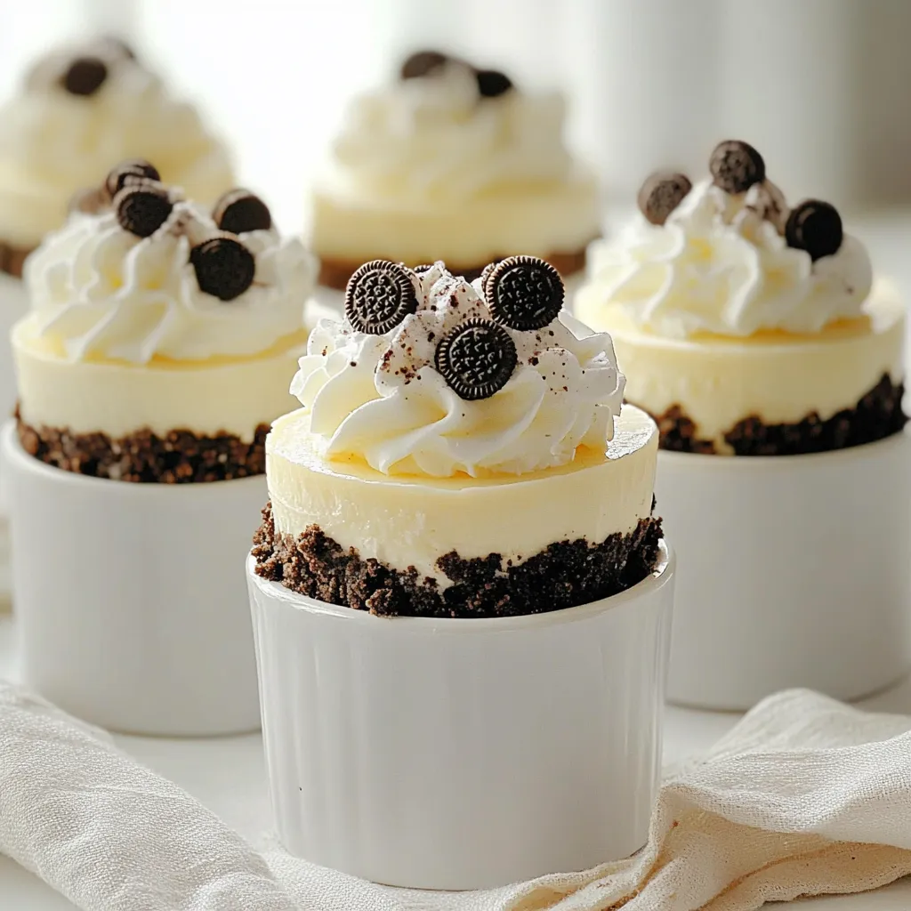 To make No Bake Oreo Cheesecake Cups, you need some simple ingredients. Here’s the list: - 24 Oreo cookies, finely crushed - 4 tablespoons unsalted butter, melted - 8 ounces cream cheese, softened - 1/2 cup powdered sugar - 1 teaspoon vanilla extract - 1 1/2 cups whipped cream (or 1 cup heavy cream, whipped) - 6 mini Oreo cookies for topping (optional) Each ingredient plays an important role in the recipe. The crushed Oreo cookies form a tasty crust. The melted butter helps bind the crust together. Cream cheese adds a smooth and creamy base. Powdered sugar sweetens the filling, while vanilla extract adds flavor. Whipped cream gives lightness and fluffiness to the cheesecake. For decoration, mini Oreo cookies add a fun touch. Using quality ingredients makes a big difference. Choose fresh cream cheese and real vanilla extract for the best flavor. This recipe is perfect for gatherings or a sweet treat at home. With these ingredients, you can make a dessert that will impress everyone. - In a medium bowl, mix 24 crushed Oreo cookies with 4 tablespoons of melted butter. - Stir until the cookie crumbs soak up the butter. - Take about 2 tablespoons of the mixture and press it into the bottom of each serving cup. - In another large bowl, beat 8 ounces of softened cream cheese until it's smooth. - Slowly add in 1/2 cup of powdered sugar and 1 teaspoon of vanilla extract. Mix well until combined. - Gently fold in 1 1/2 cups of whipped cream until the mixture is light. - Spoon or pipe this cream cheese mixture over the crust in each cup. Fill them about 3/4 full. - If you want, add more crushed Oreos on top for a nice layer. - For a fun touch, place a mini Oreo on each cup for decoration. - Chill the cups in the fridge for at least 2 hours to set before serving. To make your cheesecake cups creamy, avoid overmixing the cream cheese. Once the cream cheese is smooth, stop mixing. Overmixing adds air and can make the filling too fluffy. You want it smooth and thick. For whipping heavy cream, start with cold cream. Use a cold bowl and beaters for the best results. Begin at a low speed to avoid splattering. Gradually increase the speed until soft peaks form. This makes the cream light and airy, perfect for folding into your mixture. Get creative when you serve your cheesecake cups. Use clear cups to show off the layers. You can also add a sprig of mint for color. This adds a fresh touch and makes the dessert look fancy. When it comes to toppings, think outside the box. You can add chocolate syrup or fresh berries. Crushed nuts or a drizzle of caramel can also enhance the flavor. Each topping adds a new twist to your delicious treat. {{image_2}} You can play with flavors in your No Bake Oreo Cheesecake Cups. Here’s how: - Adding Chocolate or Fruit Flavors: Try mixing in chocolate syrup or melted chocolate into the cream cheese layer. This adds a rich, deep flavor. If you prefer fruit, fold in pureed strawberries or raspberries for a fruity twist. They will add a fun color and taste! - Incorporating Other Types of Cookies: You don't have to stick to Oreos. Try using other cookies like chocolate chip or peanut butter cookies for the crust. This can change the taste and keep things exciting. You might even mix crushed cookies into the cheesecake layer for added texture. Making your dessert fit different diets is easy! - Making it Gluten-Free: Use gluten-free cookies instead of regular Oreos. Many brands offer gluten-free options that taste just as good. Just check the label to make sure. - Substitution Ideas for Dairy-Free Options: To make this recipe dairy-free, swap the cream cheese for a dairy-free cream cheese. You can also use coconut cream in place of whipped cream. This gives a nice tropical taste and works well with the other flavors. Store your No Bake Oreo Cheesecake Cups in airtight containers. Glass or plastic containers work well. Make sure they are sealed tight to keep them fresh. In the fridge, these treats stay good for about 3 to 5 days. The longer they sit, the softer the crust may get. Yes, you can freeze No Bake Oreo Cheesecake Cups. To freeze, place them in a freezer-safe container. Make sure to cover them well. They can stay frozen for up to 2 months. For thawing, take them out of the freezer and place them in the fridge for a few hours. This helps them thaw slowly. Serve them chilled for the best taste. How long do you need to refrigerate cheesecake cups? You should refrigerate the cheesecake cups for at least 2 hours. This time helps them set properly. If you wait longer, they will taste even better. Can I use regular Oreos instead of mini Oreos for topping? Yes, you can use regular Oreos. Just crush them and sprinkle them on top. This will give your cups a nice look and taste. What can I use instead of whipped cream? If you don’t have whipped cream, you can use heavy cream. Beat it until it’s fluffy. You can also use store-bought whipped topping for a quick option. Can you make these cheesecake cups ahead of time? Absolutely! You can make these cups a day or two in advance. Just keep them in the fridge until you are ready to serve. What can I add to the recipe for extra flavor? You can add peanut butter or melted chocolate. You could also mix in fruit like strawberries or raspberries for a fresh twist. You learned how to make No Bake Oreo Cheesecake Cups. We covered the ingredients, step-by-step instructions, and some useful tips. I shared ways to add variety and even how to store your dessert. Remember, you can adjust the recipe for dietary needs or get creative with flavors. Enjoy these sweet treats with friends and family. They are fun to make and taste great! Now, gather your ingredients and start your cheesecake journey. You won’t regret it!